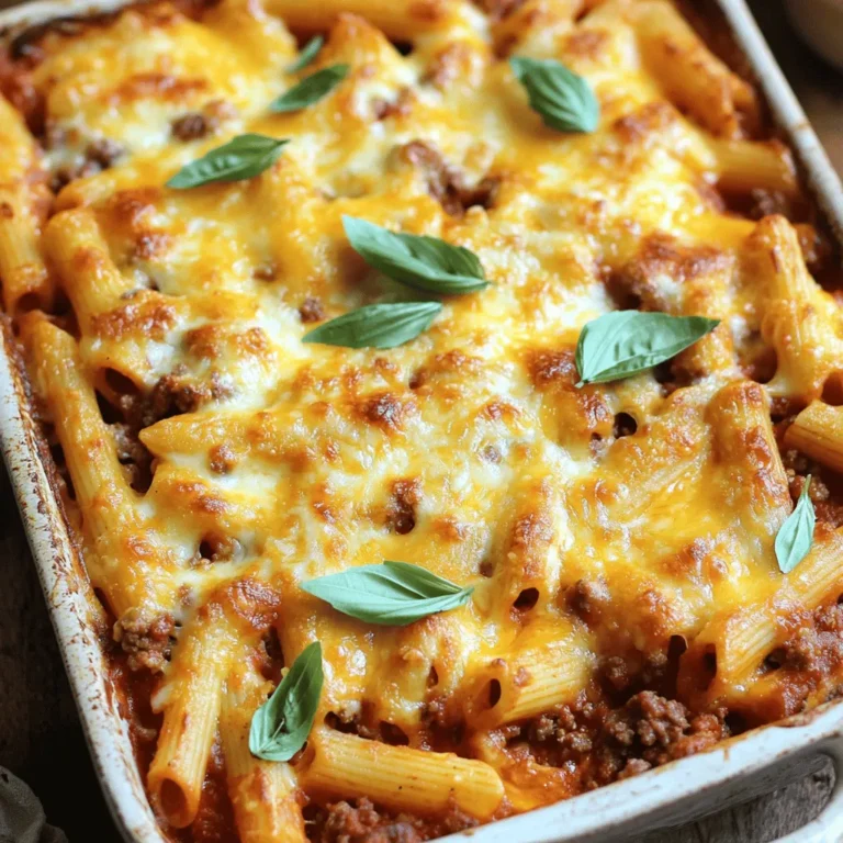 - Ground beef - Penne pasta - Crushed tomatoes The main ingredients are simple but key. Ground beef gives a hearty base. I use penne pasta for its perfect shape. Crushed tomatoes add rich flavor and moisture. - Italian seasoning - Granulated sugar - Salt and pepper Seasoning is vital for taste. Italian seasoning brings out the flavors. A touch of granulated sugar balances the acidity. Don't forget salt and pepper to enhance the dish. - Mozzarella cheese - Parmesan cheese - Fresh basil leaves Cheese makes this bake special. Mozzarella melts beautifully, creating a creamy texture. Parmesan adds a salty kick. Fresh basil leaves give a pop of color and flavor. For the full recipe, check out the details above. 1. Preheating the oven: Start by preheating your oven to 350°F (175°C). This step is key for a great bake. 2. Cooking the penne pasta: Boil a large pot of salted water. Add 8 oz of penne pasta and cook until al dente. This usually takes about 8-10 minutes. After cooking, drain the pasta and set it aside. 3. Preparing the meat sauce: In a big skillet, heat 2 tablespoons of olive oil over medium heat. Add 1 small diced onion and cook for 3-4 minutes until soft. Then, add 2 minced garlic cloves and sauté for about 30 seconds. Next, add 1 lb of ground beef. Cook until it is browned, which should take around 5-7 minutes. Drain any extra fat. Stir in 1 can of crushed tomatoes, 1 can of tomato paste, 1 teaspoon of Italian seasoning, 1 teaspoon of sugar, 1/2 teaspoon of salt, and 1/4 teaspoon of black pepper. Let this simmer for 5 minutes. 1. Mixing pasta with the sauce: Combine the cooked penne with the meat sauce in the skillet. Add 1 1/2 cups of shredded mozzarella cheese. Mix well until the cheese melts into the sauce. 2. Greasing the baking dish: Take a 9x13 inch baking dish and grease it with cooking spray or a little olive oil. This will help prevent sticking. 3. Adding cheese toppings: Spread the pasta mixture evenly in the dish. Top it with the remaining mozzarella cheese and 1/2 cup of grated Parmesan cheese. This will create a delicious cheesy crust. 1. Setting the baking time: Place the baking dish in your preheated oven. Bake for 25-30 minutes until the cheese is golden brown and bubbly. 2. Checking for doneness: Look for a nice golden crust on top. The cheese should be melted and gooey. 3. Cooling and garnishing: When done, remove the dish from the oven. Let it cool for a few minutes. For a fresh touch, garnish with fresh basil leaves before serving. Enjoy your Ground Beef Penne Pasta Bake! For the complete recipe, check out the Full Recipe section. - Avoiding overcooking pasta: Cook the penne just until al dente. This means it should be firm and a bit chewy. The pasta will continue to cook in the oven, so undercooking it slightly helps maintain its texture. - Achieving the best cheese crust: Use a mix of mozzarella and Parmesan for a rich, golden crust. Make sure to cover the dish evenly with cheese. For extra crispiness, broil the bake for a few minutes at the end. - Ensuring balanced flavors: Taste your meat sauce before mixing it with the pasta. Adjust the seasoning as needed. Add a pinch of sugar to balance the acidity of the tomatoes. - Browning ground beef correctly: Break up the meat with a spatula and cook it over medium heat. This allows it to brown evenly. Avoid overcrowding the pan, as this can lead to steaming instead of browning. - Tips for sautéing onions and garlic: Sauté onions first until they are soft. Then, add garlic for the last 30 seconds. This will prevent the garlic from burning, which can make the dish taste bitter. - Timing for ingredient additions: Add the crushed tomatoes and seasonings after the beef is browned. This allows the flavors to meld nicely. - Serving in individual portions: For a fun twist, serve the bake in small, oven-safe bowls. Each guest can have their own serving, making it feel special. - Garnishing ideas: Fresh basil leaves add color and a hint of flavor. You can also sprinkle some extra cheese on top or drizzle with olive oil before serving. - Complementing sides: A simple green salad or garlic bread pairs well with this dish. The freshness of the salad balances the richness of the bake. {{image_4}} You can switch ground beef with ground turkey or chicken. This makes the dish lighter. For gluten-free options, use gluten-free penne pasta. You can also add fresh veggies like spinach or bell peppers. These changes add color and nutrients to your meal. Want to change the taste? Try using different cheeses. Cheddar or provolone can add a unique twist. If you like heat, add some hot sauce. A few dashes can spice things up. Fresh herbs like basil or parsley can brighten the flavor too. Just chop them finely and mix them in before baking. For those on a keto diet, swap pasta for cauliflower. This keeps the meal low-carb. If you want a vegetarian dish, replace the beef with lentils or mushrooms. To make it dairy-free, use dairy-free cheese options. These swaps let everyone enjoy a tasty meal. When you have leftover Ground Beef Penne Pasta Bake, cool it quickly. Place it in airtight containers. This keeps the dish fresh and tasty. In the fridge, it lasts up to 3-4 days. Always check for any signs of spoilage before eating. To freeze, let the dish cool completely first. Then, divide it into portions. Use freezer-safe containers or bags. Squeeze out all the air to avoid freezer burn. The pasta bake can stay fresh in the freezer for about 2-3 months. To reheat, thaw in the fridge overnight. You can then bake it at 350°F (175°C) until hot. Leftovers can be great for lunch or dinner. Try making a pasta salad with the bake. Mix in some fresh veggies and a bit of dressing. For a quick meal, reheat in the microwave. Use a low power setting to warm it evenly. This dish stays flavorful and satisfying even after a few days! Look for a golden brown top. The cheese should bubble nicely. A fork can help check the center. If it feels hot and firm, it is ready. Yes, you can. Prepare the dish up to the baking step. Cover it with foil and store in the fridge. To reheat, bake at 350°F for about 30-40 minutes. A fresh salad works great with this dish. Try a simple green salad with vinaigrette. Garlic bread is also a perfect match. It adds a nice crunch and flavor. This blog post covered how to make a tasty Ground Beef Penne Pasta Bake. I shared the key ingredients, preparation steps, and baking tips. Cooking involves using the right seasonings and cheese toppings. You can also try fun variations based on your diet or ingredients on hand. Lastly, I provided storage tips for leftovers and answered common questions. Enjoy making and sharing this hearty dish with friends and family! Simple steps can lead to a delicious meal everyone will love.