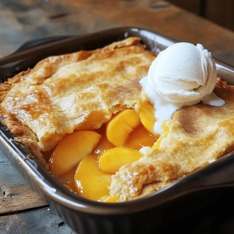 - Fresh peaches: Using ripe peaches is key to a great cobbler. They add natural sweetness and juiciness. Look for peaches with a firm feel and a sweet aroma. These will give your cobbler that classic Southern flavor. - Vanilla extract and spices: Pure vanilla extract enhances the taste. Ground cinnamon and nutmeg add warmth and depth. These flavors blend beautifully with the peaches, making each bite delightful. - Alternative sugar options: If you're health-conscious, consider using coconut sugar or honey. These options can add a unique flavor while reducing refined sugar intake. Just remember to adjust measurements, as they can be sweeter than granulated sugar. For the full recipe, check out the Sweet Southern Peach Cobbler 🥧. To peel and slice peaches, start by bringing a pot of water to a boil. This method helps the skin come off easily. Once the water boils, drop the peaches in for about 30 seconds. Quickly move them to an ice bath to stop the cooking. After a minute, the skin should slide right off. When choosing ripe peaches, look for ones that feel slightly soft when you press gently. The color should be vibrant, and they should have a sweet aroma. Avoid peaches with bruises or dark spots, as they may not taste good. For the batter, start by mixing dry ingredients first. Combine flour, sugar, baking powder, and salt in a bowl. Whisk them until there are no lumps. When you add the wet ingredients like milk, melted butter, and vanilla, mix gently. Stir just until the flour disappears. A few lumps are okay; they help keep the batter light. Layering is key for a great cobbler. Pour the batter into a greased baking dish first. Then, spoon the marinated peaches over the batter. Do not mix them in; this helps create nice layers. Bake in a preheated oven at 350°F for 45 to 50 minutes. You want the top to turn a lovely golden brown. A toothpick should come out clean when inserted into the batter. Let it cool for about 10 to 15 minutes before serving. This resting time helps the juices settle and makes for a delicious bite. For the full recipe, check out the details above! To avoid a soggy bottom crust, make sure to layer your peaches correctly. Place the marinated peaches on top of the batter without stirring. This keeps the juices from soaking into the bottom. Also, bake the cobbler long enough. If your oven runs cool, you may need to add more time. Always check with a toothpick for doneness. Serving your cobbler warm is key. A scoop of vanilla ice cream adds great flavor. Whipped cream is another classic choice. You can also sprinkle some cinnamon on top for extra taste. This makes for a lovely dessert that everyone will enjoy. If you want to prepare this dish ahead of time, you can slice your peaches early. Keep them in the fridge to keep them fresh. You can also mix your dry ingredients in advance. Just combine them and store in a sealed bag. This way, you can whip up your cobbler quickly when you are ready to bake. {{image_4}} You can swap peaches for other fruits in this cobbler. Try using ripe berries like blueberries or strawberries. Apples also work well, especially if you add some cinnamon. The key is to think about the fruit's sweetness. Adjust the sugar based on the fruit you pick. Each fruit brings its unique flavor to the dish. Always let the fruit sit with sugar to release juices. This step helps create a delicious filling. Toppings can change the whole feel of your cobbler. You can use a biscuit topping for a fluffy finish. Another option is a streusel topping for a crunchy bite. You could even go for a crumb topping made from oats and butter. Each topping gives the cobbler a new twist. Experiment with different styles to find what you love best. Cooking for special diets? No problem! For a gluten-free option, swap all-purpose flour for almond or coconut flour. This change keeps it tasty while catering to gluten-free diets. If you need it dairy-free, replace whole milk with almond or oat milk. Use coconut oil instead of butter for richness. These swaps keep the cobbler delightful without sacrificing flavor. Enjoy your customized treat without worry. For the full recipe, refer to the earlier section. To keep your Southern peach cobbler fresh, store it in the fridge. First, let the cobbler cool down to room temperature. Then, cover it tightly with plastic wrap or aluminum foil. This helps keep moisture in and prevents it from drying out. You can also place it in an airtight container. The cobbler will stay fresh for about 3 to 4 days in the fridge. If you want to save some for later, freezing is a great option. Start by cutting the cobbler into squares. Wrap each piece tightly in plastic wrap. Place the wrapped pieces in a freezer-safe bag. Make sure to squeeze out all the air before sealing. You can freeze the cobbler for up to 3 months. When you're ready to eat it, thaw it in the fridge overnight. Reheat individual pieces in the microwave or warm the whole dish in the oven at 350°F until hot. When stored correctly, your Southern peach cobbler can last quite a while. In the fridge, it remains good for 3 to 4 days. If you freeze it, you can enjoy it for up to 3 months. Always check for any signs of spoilage before eating. If it looks or smells off, it's best to toss it. Enjoy your cobbler while it's fresh for the best taste! To peel peaches easily, you can use a few simple methods. One way is to blanch them. Boil water in a pot, then add the peaches for about 30 seconds. After that, place them in ice water. The skins will slip off easily. You can also use a vegetable peeler for fresh peaches, but this takes more time. Choose ripe peaches for the best flavor and easy peeling. Yes, you can use canned or frozen peaches. Canned peaches are often softer and sweeter, which can make your cobbler taste great. However, they may have added sugar, so adjust your recipe accordingly. Frozen peaches can work well too. Just remember to thaw and drain them before using. The downside is they might release more juice, so keep an eye on your cobbler's texture. You can tell your cobbler is done by checking a few signs. The top should turn golden brown and look firm. If you insert a toothpick into the batter, it should come out clean. You might also see bubbles around the edges. Let it cool for a few minutes before serving. This resting time helps settle the juices. Enjoy your Southern peach cobbler delight! In this post, we explored how to make a delicious Southern peach cobbler. You learned about selecting ripe peaches and using spices to boost flavor. Making the batter and layering it with peaches were key steps. Plus, you picked up tips to avoid a soggy crust. Remember, you can try other fruits and toppings, or adapt recipes for special diets. Store leftovers properly to keep them tasty. Now you’re ready to enjoy your homemade cobbler and impress others with your skills!