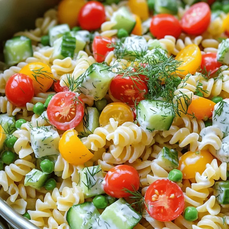 For this creamy pasta salad, I often choose rotini pasta. It holds the dressing well. You can also use penne or farfalle if you like. These shapes add fun texture. Make sure to cook the pasta just right. Al dente is best, so it stays firm. Fresh veggies make this salad bright and tasty. I love using cherry tomatoes for sweetness. Diced cucumber adds crunch, while bell peppers bring color. You can pick any color bell pepper you like. Frozen peas are a great option, too. They add sweetness and vibrant green. Lastly, I always include red onion for a little zing. The dressing is the heart of this dish. I mix Greek yogurt and mayonnaise for creaminess. Fresh lemon juice adds a zesty kick. Dijon mustard gives depth. I also toss in fresh herbs like dill and parsley. They make the dressing fresh and fragrant. Salt and pepper tie all the flavors together. This creamy pasta salad is delightful and easy to make. Check the full recipe for all the details! To start, bring a large pot of salted water to a boil. Use about 4 quarts of water for 8 oz of rotini pasta. Once the water is boiling, add the pasta. Cook it according to the package instructions until it is al dente. This usually takes about 8 to 10 minutes. When the pasta is done, drain it in a colander. Rinse the pasta under cold water to stop the cooking. Set it aside to cool completely. Next, grab a big mixing bowl. Here, you will add your veggies. Chop 1 cup of cherry tomatoes in half. Dice 1 cucumber and 1 bell pepper. Make sure to use any color bell pepper you like. Add 1 cup of thawed frozen peas and ½ cup of finely chopped red onion to the bowl. Toss these ingredients gently. This mix will add great color and crunch to your salad. Now, let’s make the dressing. In a medium bowl, combine 1 cup of Greek yogurt and ¼ cup of mayonnaise. Add 2 tablespoons of freshly squeezed lemon juice and 1 tablespoon of Dijon mustard. Then, mix in 1 tablespoon of finely chopped fresh dill and 1 tablespoon of finely chopped fresh parsley. Whisk everything together until it is smooth and creamy. Taste it, and sprinkle in salt and pepper as you like. This dressing is packed with flavor. When your pasta is cool, it's time to combine everything. Add the cooled pasta to the large bowl with the vegetables. Pour the creamy dressing over the pasta and veggies. Gently fold everything together. Make sure the pasta and veggies are well coated with the dressing. This step is key for a delicious salad. For the best flavor, cover your salad with plastic wrap. You can also use an airtight container. Chill it in the fridge for at least 30 minutes. This helps the flavors mix. When you’re ready to serve, give the salad a light stir. Adjust the seasoning, adding more salt or pepper if needed. For a fresh look, garnish with extra chopped herbs. Serve it in a big bowl or individual jars for a fun touch. Enjoy your creamy pasta salad! To make your creamy pasta salad burst with flavor, consider these tips: - Herbs: Fresh herbs elevate taste. Try basil, chives, or tarragon. - Citrus Zest: Add lemon or lime zest for brightness. This adds a fresh zing. - Cheese: Feta or parmesan can deepen the flavor. Crumble or shave it over the salad. - Spices: A dash of paprika or garlic powder can add warmth. Experiment with your favorites. A pleasing texture makes every bite enjoyable. Here’s how to achieve that: - Cook Pasta Correctly: Ensure pasta is al dente. This keeps it firm and prevents mushiness. - Crunchy Veggies: Use crispy vegetables like bell peppers and cucumbers. They add a nice crunch. - Nutty Elements: Consider adding toasted nuts, like almonds or walnuts. This gives a delightful crunch. A beautiful salad is more appetizing. Here are some fun ways to present it: - Colorful Bowls: Use a bright serving bowl to make the colors pop. It draws the eye. - Layered Jars: Serve in glass jars for a trendy look. This makes it easy to grab and go. - Herb Garnish: Top with extra herbs or a sprinkle of cheese. This adds a finishing touch. For the full recipe, visit the section above. Enjoy creating your creamy pasta salad! {{image_4}} Adding protein to your creamy pasta salad makes it heartier. You can mix in cooked chicken, shrimp, or even chickpeas. - Cooked Chicken: Use grilled or rotisserie chicken. Dice it into bite-sized pieces. - Shrimp: Sauté shrimp in olive oil with garlic. Toss them in after they cool. - Chickpeas: Rinse and drain canned chickpeas. They add protein and a nice texture. If you want to switch up the flavors, try different dressings. Here are some tasty options: - Avocado Dressing: Blend ripe avocado with yogurt and lime juice. - Pesto: Use store-bought or homemade pesto for a fresh twist. - Vinaigrette: Mix olive oil, vinegar, and herbs for a lighter taste. Using seasonal vegetables can enhance your salad's taste. Here are some great picks: - Spring: Add asparagus or snap peas for a fresh crunch. - Summer: Toss in zucchini or corn for sweetness. - Fall: Use roasted butternut squash or diced apples for a warm touch. For the full recipe, check out the Creamy Herb-Infused Pasta Salad. To keep your creamy pasta salad fresh, store it in an airtight container. This will help lock in moisture and flavor. You can also wrap the bowl tightly with plastic wrap. Make sure it is fully cooled before storing. This will prevent condensation from making the salad soggy. Creamy pasta salad lasts about 3 to 5 days in the fridge. After this time, the taste and texture may change. Ensure you check for any signs of spoilage, like off smells or discoloration. If you see any, it’s best to toss it out. Reheating creamy pasta salad is not always needed. If you prefer it warm, heat it gently in the microwave. Use a low power setting and stir it every 30 seconds. This will help heat it evenly. You may want to add a splash of lemon juice or a bit of extra yogurt to refresh the flavors. Enjoy this dish chilled for the best taste. For the full recipe, check out the details above. I recommend using rotini pasta. Its twisted shape holds the creamy dressing well. You can also use farfalle or penne. Each type adds a unique look and texture to your salad. Yes, you can! Making this salad a day ahead is a great idea. Chilling it lets the flavors blend. Just cover it and store it in the fridge. It keeps well for up to three days. You can replace mayonnaise with more Greek yogurt. It keeps the creaminess while cutting fat. Another option is to use avocado. This adds healthy fats and a smooth texture. To add some heat, mix in diced jalapeños. You can also sprinkle in some red pepper flakes. For a zesty kick, try adding a splash of hot sauce to the dressing. Absolutely! To make this salad vegan, skip the mayonnaise and use a vegan yogurt. Ensure your Dijon mustard is vegan too. Most of the veggies are already plant-based, making it easy. For protein, consider adding chickpeas or tofu. For the full recipe, check out the Creamy Herb-Infused Pasta Salad 🥗. This blog post covered how to create a creamy pasta salad that tastes great. You learned about pasta choices, fresh veggies, and creamy dressings. I shared easy steps for cooking, prepping, and combining these ingredients. Tips on flavor and presentation make your salad standout. Variations let you customize with proteins or seasonal veggies. Finally, I shared how to store it and answer common questions. With these tools, you can make a delicious dish that everyone will enjoy.