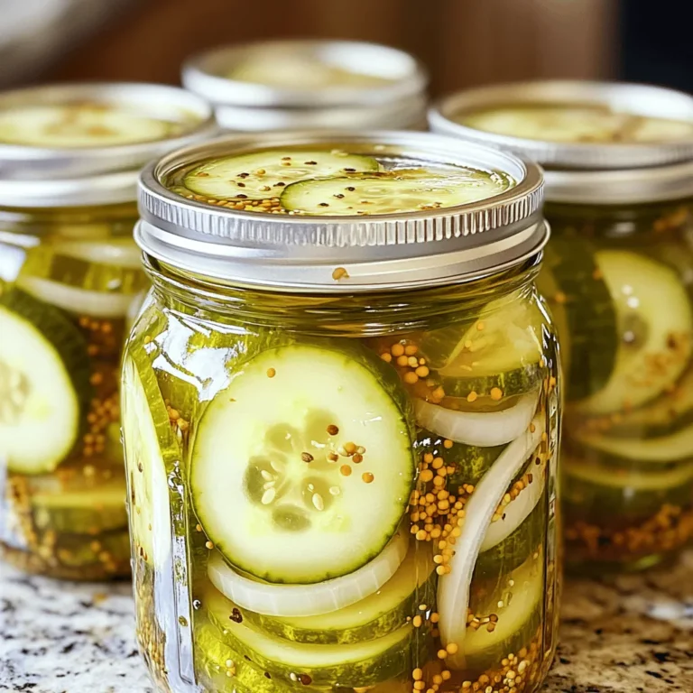 To make the best bread and butter pickles, you'll need some basic ingredients. Here’s what you should gather: - 4 cups cucumbers, sliced into thin rounds - 1 medium onion, thinly sliced - 1 cup granulated sugar - 1 cup apple cider vinegar - 1 tablespoon mustard seeds - 1 tablespoon celery seeds - ½ teaspoon ground turmeric - ½ teaspoon kosher salt - ¼ teaspoon freshly ground black pepper - 1 clove garlic, thinly sliced (optional) These ingredients come together to create a sweet and tangy flavor that really shines. You can customize your pickles with a few optional ingredients. Here are some ideas: - Fresh dill for a herbal note - Red pepper flakes for heat - Carrot slices for added crunch - Bell pepper strips for color Feel free to mix and match based on your taste. The fun part of making pickles is putting your spin on it! Choosing the right cucumbers is key to crunchy pickles. Look for these signs: - Firmness: Pick cucumbers that feel firm and solid. - Skin: Choose cucumbers with smooth, dark green skin. - Size: Smaller cucumbers are often crunchier. Aim for 4 to 6 inches long. Fresh cucumbers make the biggest difference in taste and texture. Trust me, you’ll want the best for your homemade pickles. For the full recipe, check out the complete guide. Start with fresh cucumbers. I prefer the small, firm ones for a great crunch. Wash them well and slice them into thin rounds. Aim for uniform thickness to ensure even pickling. Next, take a medium onion and slice it thinly. Combine the cucumbers and onions in a large mixing bowl. Gently toss them together. This step helps mix the flavors. Now, let’s make the brine. In a medium saucepan, add sugar, apple cider vinegar, mustard seeds, celery seeds, ground turmeric, kosher salt, and black pepper. If you love garlic, add a clove, thinly sliced. Place the saucepan on medium heat. Stir the mixture until the sugar dissolves completely. Once dissolved, allow it to boil gently. This will create a tasty brine that will soak into the veggies. Carefully pour the hot brine over the cucumbers and onions. Make sure every piece is covered. This helps them absorb the flavor. Let the mixture sit at room temperature for about 30 minutes. Stir it occasionally to cool it evenly. Once cooled, transfer the cucumbers and onions into clean, sterilized jars. Fill them up with the brine. Seal the jars tightly with their lids. Now, refrigerate the pickles for at least 24 hours. This waiting time allows the flavors to blend well. For the best taste, enjoy them after a few days. The longer they chill, the better they get! To get crunchy pickles, start with fresh cucumbers. Look for firm ones with no soft spots. Slice them thinly, about a quarter-inch thick. The thinner the slice, the better they soak up flavor. You can soak the slices in ice water for about two hours before pickling. This can help keep them crisp. After soaking, drain them well before adding to your brine. Safety is key when making pickles. Always use clean jars and lids. Wash them in hot, soapy water, then rinse well. For extra safety, you can sterilize jars by placing them in boiling water for ten minutes. Let them cool down before using. When filling jars, leave a little space at the top. This helps create a seal. Always store your pickles in the fridge and eat them within a few weeks. Want to boost the taste of your pickles? Add spices! Mustard seeds and celery seeds are great choices. You can also try adding a pinch of red pepper flakes for heat. Fresh herbs like dill or thyme can add a nice touch too. For a twist, try adding sliced jalapeños or ginger to the brine. Just remember, the longer the pickles sit, the more intense the flavor! For the full recipe, check the detailed instructions for perfect results. {{image_4}} To make your pickles spicy, add some heat. You can include sliced jalapeños or crushed red pepper flakes. Start with one tablespoon of flakes for a mild kick. Adjust to your taste. The spice will blend well with the sweetness, giving you a fantastic flavor. If you want a different taste, use honey instead of sugar. Honey adds a nice depth to the brine. You can also add a splash of lemon juice for extra tang. This twist creates a unique balance that many love. Don't be afraid to experiment with flavors. Try adding fresh dill for a herby note. You can also use sliced ginger for a zesty touch. Whole peppercorns can add a nice crunch. Each add-in brings a new layer to the classic taste of bread and butter pickles. Explore these ideas to find your favorite mix. For the full recipe, check out the detailed instructions above. Store your bread and butter pickles in the fridge. Use clean, sterilized jars to keep them fresh. Make sure the cucumbers are fully submerged in the brine. This helps them stay crunchy and flavorful. Tighten the jar lids well to keep air out. Always label your jars with the date. This way, you know when you made them. Homemade bread and butter pickles last about two months in the fridge. After this time, their flavor and crunch may fade. For the best taste, eat them within this time. If you want to keep them longer, consider canning them. However, this requires special equipment and methods to ensure safety. Check your pickles for signs of spoilage. If you see any mold, toss them out. A foul odor is also a sign they are bad. The brine should smell tangy and fresh. If the pickles feel mushy, they have spoiled too. Always trust your senses. When in doubt, it's safer to throw them away. Remember, you want your pickles to be crunchy and tasty! You should wait at least 24 hours before eating your pickles. This time allows the cucumbers to soak up the brine. If you wait longer, the flavors will grow even better. I like to let them sit for three days. The taste will be richer and more balanced. Yes, you can can these pickles for long-term storage. Use proper canning jars and lids. Make sure to process them in a boiling water bath for 10-15 minutes. This will help seal the jars and keep your pickles safe. Just remember, once you open them, store them in the fridge. These pickles are great in many dishes! You can add them to sandwiches and burgers. They also work well in salads or on charcuterie boards. Try mixing them into potato salad for a nice crunch. You can even chop them up for a tangy relish. The options are endless! - Can I use other vegetables for pickling? Yes, you can experiment with onions, carrots, or even peppers. - What if I don’t have apple cider vinegar? You can use white vinegar, but it may change the taste slightly. - Can I reduce the sugar? Yes, but the pickles may taste less sweet and tangy. - How do I know if my pickles are crunchy? They should have a firm bite and not feel mushy. In this post, we explored making easy bread and butter pickles. We covered essential and optional ingredients, ensuring you find the best cucumbers. You learned step-by-step instructions for preparing and brining your pickles, plus tips for crispiness and safe storage. Don't forget the fun variations to try! Now, you have all you need to craft delicious pickles. Enjoy your tasty creations and share them with friends!
