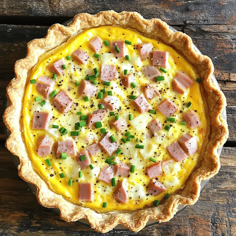 To make this Ham and Swiss Quiche, you’ll need: - 1 pie crust (store-bought or homemade) - 1 cup cooked ham, diced - 1 cup Swiss cheese, shredded - 4 large eggs - 1 cup heavy cream - 1/2 cup milk - 1/2 teaspoon salt - 1/4 teaspoon black pepper - 1/4 teaspoon nutmeg - 1 tablespoon fresh chives, chopped (optional for garnish) When choosing your pie crust, you can go with store-bought for ease. Homemade crust adds a nice touch. Use cooked ham from your fridge or deli. For cheese, Swiss adds great flavor, but you can swap it for cheddar if you prefer. If you want a lighter quiche, use half-and-half in place of heavy cream. You can also use almond milk for a dairy-free option. This quiche is not gluten-free due to the pie crust. For a gluten-free version, use a gluten-free crust. It’s also not vegetarian because of the ham. You can make it vegetarian by omitting the ham and adding veggies like spinach or mushrooms. This recipe is rich, so consider it a treat rather than a daily meal. If you want to reduce calories, cut back on cream and cheese. If you're ready to dive into the full experience, check out the Full Recipe for more detailed steps! To make Ham and Swiss Quiche, start by gathering your ingredients. You need a pie crust, diced ham, Swiss cheese, eggs, cream, milk, salt, pepper, nutmeg, and optional chives. Preheat your oven to 375°F. Make sure your pie crust fits well in the dish. 1. Preheat the Oven: Set your oven to 375°F (190°C) for even baking. 2. Prepare the Pie Crust: If using a homemade crust, roll it out and fit it into a 9-inch pie dish. For store-bought, place it in the dish and poke holes in the bottom with a fork. 3. Mix the Filling: In a large bowl, whisk the eggs, cream, milk, salt, pepper, and nutmeg until frothy. 4. Layer the Ham: Spread the diced ham evenly in the pie crust. 5. Add the Cheese: Sprinkle the shredded Swiss cheese over the ham. 6. Pour the Egg Mixture: Carefully pour the egg mixture over the ham and cheese, ensuring everything is submerged. 7. Bake the Quiche: Place the quiche in the oven. Bake for 35-40 minutes. Check around 30 minutes. The center should be set and the top golden brown. 8. Cool and Slice: Remove the quiche from the oven and let it cool for 10 minutes to set. 9. Garnish and Serve: If you like, add chopped chives on top. Serve warm or at room temperature. - Use a glass dish for better heat distribution. - Check doneness with a knife; it should come out clean. - Let it rest before slicing for neat pieces. - Experiment with herbs or spices in the egg mix for more flavor. For the full recipe, refer to the earlier section. Enjoy your cooking adventure! When making ham and Swiss quiche, avoid overmixing the egg mixture. This can make the quiche tough. Also, don’t skip the resting time after baking. This helps the filling set. If you use too much filling, it may overflow while baking. Just fill the crust to about ¾ full. Serve your quiche warm or at room temperature. It pairs well with a simple side salad. A light green salad with vinaigrette works great. You can also add fresh fruit for a nice touch. For brunch, slice it into wedges for easy serving. Pair your quiche with a refreshing drink. A citrusy lemonade or iced tea complements it nicely. You might also enjoy a glass of crisp white wine if serving for dinner. For a cozy breakfast, coffee or hot tea works perfectly. {{image_4}} You can change the taste of your quiche by swapping ingredients. Try different meats like cooked bacon or sausage. If you want a smoky flavor, use smoked ham. You can also pick other cheeses. Cheddar or Gruyère add a sharp touch. Want some veggies? Add sautéed spinach or bell peppers for color and taste. To make a healthier quiche, use a whole wheat pie crust. It gives more fiber. You can also use low-fat milk and cream. This change cuts calories but keeps the taste. For added nutrition, throw in some fresh herbs like parsley or basil. They boost flavor and health benefits. If you prefer a vegetarian quiche, just leave out the ham. Add mushrooms, zucchini, or tomatoes instead. For a gluten-free option, use a gluten-free pie crust. You can even bake the filling in ramekins without a crust for a crustless quiche. This way, everyone can enjoy this tasty dish. For the full recipe, check out the Savory Ham and Swiss Quiche. After you enjoy your Ham and Swiss Quiche, store leftovers in the fridge. Use an airtight container to keep it fresh. It will last for about 3 to 4 days. Make sure the quiche cools down before sealing it up. This helps prevent moisture build-up that can make it soggy. If you want to keep it longer, freezing is a great option. Wrap the quiche tightly in plastic wrap or foil. Then place it in a freezer-safe bag. It can stay good for up to 2 months. When you are ready to eat it, thaw it in the fridge overnight before reheating. To reheat, place slices in a preheated oven at 350°F (175°C) for 15 to 20 minutes. This method keeps the crust crispy and the filling warm. You can also microwave it for a quicker option. Heat on medium power for 1 to 2 minutes. Just check to ensure it heats evenly. Enjoy your delicious quiche! Baking Ham and Swiss Quiche takes about 35 to 40 minutes. Start checking around 30 minutes. The quiche is done when the center firms up and the top turns golden brown. A knife inserted in the center should come out clean. This ensures a perfect bake every time, so keep an eye on it! Yes, you can use different cheeses! Cheese like cheddar, gouda, or even feta can add unique flavors. Just make sure the cheese melts well. Each type will give a new twist to the quiche. I often suggest mixing two types for extra taste and texture. Absolutely! Ham and Swiss Quiche is great for breakfast. It is filling and packed with protein. You can serve it warm or at room temperature. Many people enjoy it for brunch, too. It pairs well with a fresh salad or fruit for a balanced meal. You can serve Ham and Swiss Quiche with many tasty sides. A light green salad works well. You can also add fresh fruit for a sweet touch. Maybe serve it with roasted potatoes for a heartier meal. This quiche is so versatile that it fits any occasion! For more ideas, check out the Full Recipe. You now have all the tools to make a great Ham and Swiss Quiche. We covered ingredients, cooking steps, and common tips. Don’t forget to try different flavors and make it fit your diet. Store your leftovers well, and they will taste just as good later. With these tips, you can avoid mistakes and impress anyone at your table. Enjoy your baking and share this recipe with friends!