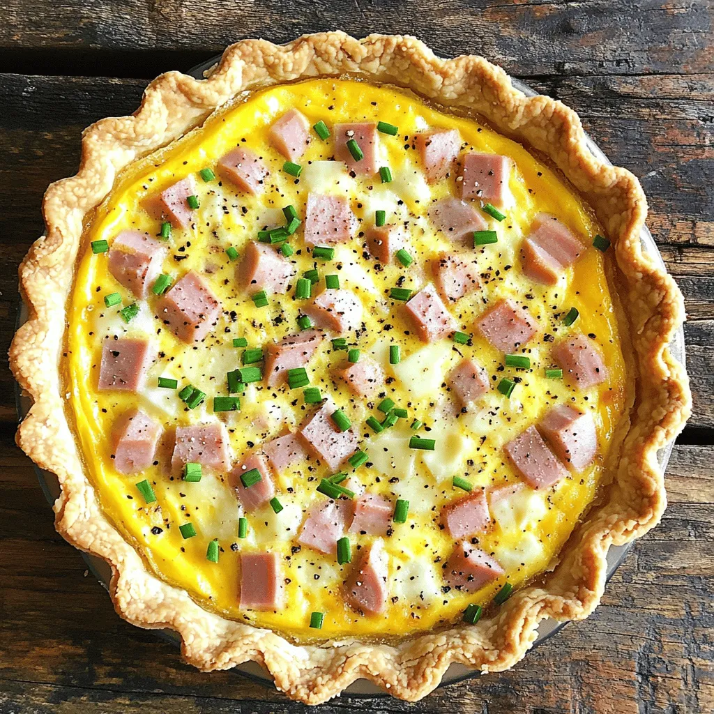 To make this Ham and Swiss Quiche, you’ll need: - 1 pie crust (store-bought or homemade) - 1 cup cooked ham, diced - 1 cup Swiss cheese, shredded - 4 large eggs - 1 cup heavy cream - 1/2 cup milk - 1/2 teaspoon salt - 1/4 teaspoon black pepper - 1/4 teaspoon nutmeg - 1 tablespoon fresh chives, chopped (optional for garnish) When choosing your pie crust, you can go with store-bought for ease. Homemade crust adds a nice touch. Use cooked ham from your fridge or deli. For cheese, Swiss adds great flavor, but you can swap it for cheddar if you prefer. If you want a lighter quiche, use half-and-half in place of heavy cream. You can also use almond milk for a dairy-free option. This quiche is not gluten-free due to the pie crust. For a gluten-free version, use a gluten-free crust. It’s also not vegetarian because of the ham. You can make it vegetarian by omitting the ham and adding veggies like spinach or mushrooms. This recipe is rich, so consider it a treat rather than a daily meal. If you want to reduce calories, cut back on cream and cheese. If you're ready to dive into the full experience, check out the Full Recipe for more detailed steps! To make Ham and Swiss Quiche, start by gathering your ingredients. You need a pie crust, diced ham, Swiss cheese, eggs, cream, milk, salt, pepper, nutmeg, and optional chives. Preheat your oven to 375°F. Make sure your pie crust fits well in the dish. 1. Preheat the Oven: Set your oven to 375°F (190°C) for even baking. 2. Prepare the Pie Crust: If using a homemade crust, roll it out and fit it into a 9-inch pie dish. For store-bought, place it in the dish and poke holes in the bottom with a fork. 3. Mix the Filling: In a large bowl, whisk the eggs, cream, milk, salt, pepper, and nutmeg until frothy. 4. Layer the Ham: Spread the diced ham evenly in the pie crust. 5. Add the Cheese: Sprinkle the shredded Swiss cheese over the ham. 6. Pour the Egg Mixture: Carefully pour the egg mixture over the ham and cheese, ensuring everything is submerged. 7. Bake the Quiche: Place the quiche in the oven. Bake for 35-40 minutes. Check around 30 minutes. The center should be set and the top golden brown. 8. Cool and Slice: Remove the quiche from the oven and let it cool for 10 minutes to set. 9. Garnish and Serve: If you like, add chopped chives on top. Serve warm or at room temperature. - Use a glass dish for better heat distribution. - Check doneness with a knife; it should come out clean. - Let it rest before slicing for neat pieces. - Experiment with herbs or spices in the egg mix for more flavor. For the full recipe, refer to the earlier section. Enjoy your cooking adventure! When making ham and Swiss quiche, avoid overmixing the egg mixture. This can make the quiche tough. Also, don’t skip the resting time after baking. This helps the filling set. If you use too much filling, it may overflow while baking. Just fill the crust to about ¾ full. Serve your quiche warm or at room temperature. It pairs well with a simple side salad. A light green salad with vinaigrette works great. You can also add fresh fruit for a nice touch. For brunch, slice it into wedges for easy serving. Pair your quiche with a refreshing drink. A citrusy lemonade or iced tea complements it nicely. You might also enjoy a glass of crisp white wine if serving for dinner. For a cozy breakfast, coffee or hot tea works perfectly. {{image_4}} You can change the taste of your quiche by swapping ingredients. Try different meats like cooked bacon or sausage. If you want a smoky flavor, use smoked ham. You can also pick other cheeses. Cheddar or Gruyère add a sharp touch. Want some veggies? Add sautéed spinach or bell peppers for color and taste. To make a healthier quiche, use a whole wheat pie crust. It gives more fiber. You can also use low-fat milk and cream. This change cuts calories but keeps the taste. For added nutrition, throw in some fresh herbs like parsley or basil. They boost flavor and health benefits. If you prefer a vegetarian quiche, just leave out the ham. Add mushrooms, zucchini, or tomatoes instead. For a gluten-free option, use a gluten-free pie crust. You can even bake the filling in ramekins without a crust for a crustless quiche. This way, everyone can enjoy this tasty dish. For the full recipe, check out the Savory Ham and Swiss Quiche. After you enjoy your Ham and Swiss Quiche, store leftovers in the fridge. Use an airtight container to keep it fresh. It will last for about 3 to 4 days. Make sure the quiche cools down before sealing it up. This helps prevent moisture build-up that can make it soggy. If you want to keep it longer, freezing is a great option. Wrap the quiche tightly in plastic wrap or foil. Then place it in a freezer-safe bag. It can stay good for up to 2 months. When you are ready to eat it, thaw it in the fridge overnight before reheating. To reheat, place slices in a preheated oven at 350°F (175°C) for 15 to 20 minutes. This method keeps the crust crispy and the filling warm. You can also microwave it for a quicker option. Heat on medium power for 1 to 2 minutes. Just check to ensure it heats evenly. Enjoy your delicious quiche! Baking Ham and Swiss Quiche takes about 35 to 40 minutes. Start checking around 30 minutes. The quiche is done when the center firms up and the top turns golden brown. A knife inserted in the center should come out clean. This ensures a perfect bake every time, so keep an eye on it! Yes, you can use different cheeses! Cheese like cheddar, gouda, or even feta can add unique flavors. Just make sure the cheese melts well. Each type will give a new twist to the quiche. I often suggest mixing two types for extra taste and texture. Absolutely! Ham and Swiss Quiche is great for breakfast. It is filling and packed with protein. You can serve it warm or at room temperature. Many people enjoy it for brunch, too. It pairs well with a fresh salad or fruit for a balanced meal. You can serve Ham and Swiss Quiche with many tasty sides. A light green salad works well. You can also add fresh fruit for a sweet touch. Maybe serve it with roasted potatoes for a heartier meal. This quiche is so versatile that it fits any occasion! For more ideas, check out the Full Recipe. You now have all the tools to make a great Ham and Swiss Quiche. We covered ingredients, cooking steps, and common tips. Don’t forget to try different flavors and make it fit your diet. Store your leftovers well, and they will taste just as good later. With these tips, you can avoid mistakes and impress anyone at your table. Enjoy your baking and share this recipe with friends!