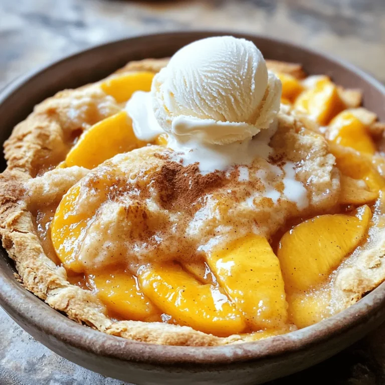 - 4 cups fresh peaches, peeled and sliced - 1 tablespoon fresh lemon juice - 1 teaspoon pure vanilla extract - 1 cup granulated sugar, divided - 1 cup all-purpose flour - 1 teaspoon baking powder - 1/2 teaspoon salt - 1 teaspoon ground cinnamon - 1/2 teaspoon ground nutmeg - 1/2 cup milk (preferably whole) - 1/2 cup unsalted butter, melted When making peach cobbler, fresh ingredients are key. I love using ripe peaches. They bring a sweet and juicy flavor. You will need four cups of peaches. Make sure they are peeled and sliced. A splash of lemon juice brightens the dish. It adds a nice tang that balances the sweetness. Next, you will need one teaspoon of vanilla extract. This adds a rich and warm note to your cobbler. Now, let’s talk about dry ingredients. You will need one cup of granulated sugar. Divide this sugar into two halves. One half sweetens the peaches, while the other mixes with the batter. You will also need one cup of all-purpose flour. This gives the cobbler its structure. One teaspoon of baking powder makes it rise. A little salt, along with one teaspoon of ground cinnamon and half a teaspoon of ground nutmeg, adds warmth and depth. For the liquids, use half a cup of milk, preferably whole. This keeps the batter moist. Finally, melt half a cup of unsalted butter. It adds richness and flavor to the batter. These ingredients combine to make a delightful peach cobbler. For the full recipe, follow the steps carefully. Happy baking! - Preheat your oven to 375°F (190°C). - Grease a 9x13 inch baking dish. - Combine sliced peaches with 1/2 cup of sugar, lemon juice, and vanilla extract. - Allow the mixture to marinate. This step brings out the peach flavor and makes it sweeter. - Mix dry ingredients together in a bowl. - Add remaining sugar, milk, and melted butter; combine gently. This creates a smooth batter for your cobbler. - Pour batter into the greased dish and top with the peach mixture. - Do not stir; allow peaches to rest on top. This layering helps with texture. - Bake for 35-40 minutes until golden brown. - Let cool for a few minutes before serving. This cooling time helps the cobbler set. This recipe is simple and fun to make! You can find the full recipe above for more details. Using ripe, fresh peaches is key for great flavor. Look for peaches that are firm but slightly soft. They should smell sweet and fragrant. If your peaches are not very sweet, you can adjust the sugar. Taste the peach mixture before baking. If it needs more sweetness, add a little more sugar. Serve your cobbler warm for the best taste. A scoop of vanilla ice cream on top is a classic choice. The cold ice cream melts into the warm cobbler, creating a wonderful mix. You can also dust the cobbler with cinnamon. This adds a nice flavor that pairs well with the peaches. Make sure your oven is fully preheated before baking. This helps the cobbler rise and bake evenly. Keep an eye on the baking time, too. Check the cobbler after 35 minutes. You want it golden brown and bubbling. If it looks done, take it out to avoid overbaking. {{image_4}} Peach cobbler is a wonderful dessert, but you can change it up! Here are some fun ideas. Do you need a gluten-free option? Easy! Just swap all-purpose flour for a gluten-free blend. This keeps your cobbler tasty while being kind to those with gluten issues. Most blends work well, so find one you like. Want a vegan version? It’s simple! Use almond milk instead of regular milk for creaminess. Next, swap the butter for coconut oil or a vegan butter. This change keeps the rich taste while being plant-based. You won’t miss the dairy one bit! Want to get creative? Try adding herbs! Mint or thyme can give your cobbler a fresh twist. If you like warm spices, add cardamom. It gives a unique flavor that surprises your taste buds. These little tweaks make your cobbler even more special. For the full recipe, check out the details above! Store leftovers in an airtight container in the refrigerator for up to 4 days. This keeps your cobbler fresh and tasty. When ready to enjoy, just scoop out a portion and warm it up. Freeze portions in freezer-safe containers for up to 3 months. Make sure to label each container with the date. This way, you can easily track how long it has been stored. To enjoy later, simply thaw it overnight in the fridge before reheating. Reheat in the oven for best results, or microwave for quick serving. If using the oven, set it to 350°F (175°C) and cover the cobbler with foil to prevent burning. Heat for about 15-20 minutes. If you’re in a hurry, the microwave works too! Just heat for about 1-2 minutes, checking to ensure it warms evenly. Enjoy your delicious peach cobbler again! For the full recipe, check the section above. To make peach cobbler, follow these steps: 1. Preheat your oven to 375°F (190°C). 2. In a bowl, mix 4 cups of sliced peaches with 1/2 cup of sugar, lemon juice, and vanilla. 3. Let the peach mix sit while you prepare the batter. 4. In another bowl, whisk 1 cup of flour, baking powder, salt, cinnamon, and nutmeg. 5. Add the remaining sugar, milk, and melted butter to the dry mix. Stir until just combined. 6. Pour the batter into a greased 9x13 inch baking dish. 7. Spoon the peach mixture over the batter without stirring. 8. Bake for 35-40 minutes until the top is golden brown and bubbling. This easy recipe will give you a delicious peach cobbler! Yes, you can use frozen peaches. Just make sure to thaw them first. Drain any extra liquid that comes from thawing. This helps keep your cobbler from getting too watery and ensures a tasty dessert. Peach cobbler tastes great with different toppings. I love serving it with: - Vanilla ice cream - Whipped cream - A drizzle of caramel sauce These add creaminess and sweetness to the warm cobbler. You can tell when your cobbler is ready by looking for a golden brown top. Check for bubbling juices around the edges. If both of these signs are there, your peach cobbler is done! This blog post shared a simple way to make delicious peach cobbler. We covered fresh and dry ingredients, step-by-step instructions, and tips for perfection. Remember, ripe peaches make a big difference in flavor. You can even try variations like gluten-free or vegan options. Store leftovers properly to keep them tasty. With these tips, you'll bake a cobbler that impresses everyone. Enjoy your sweet creation!