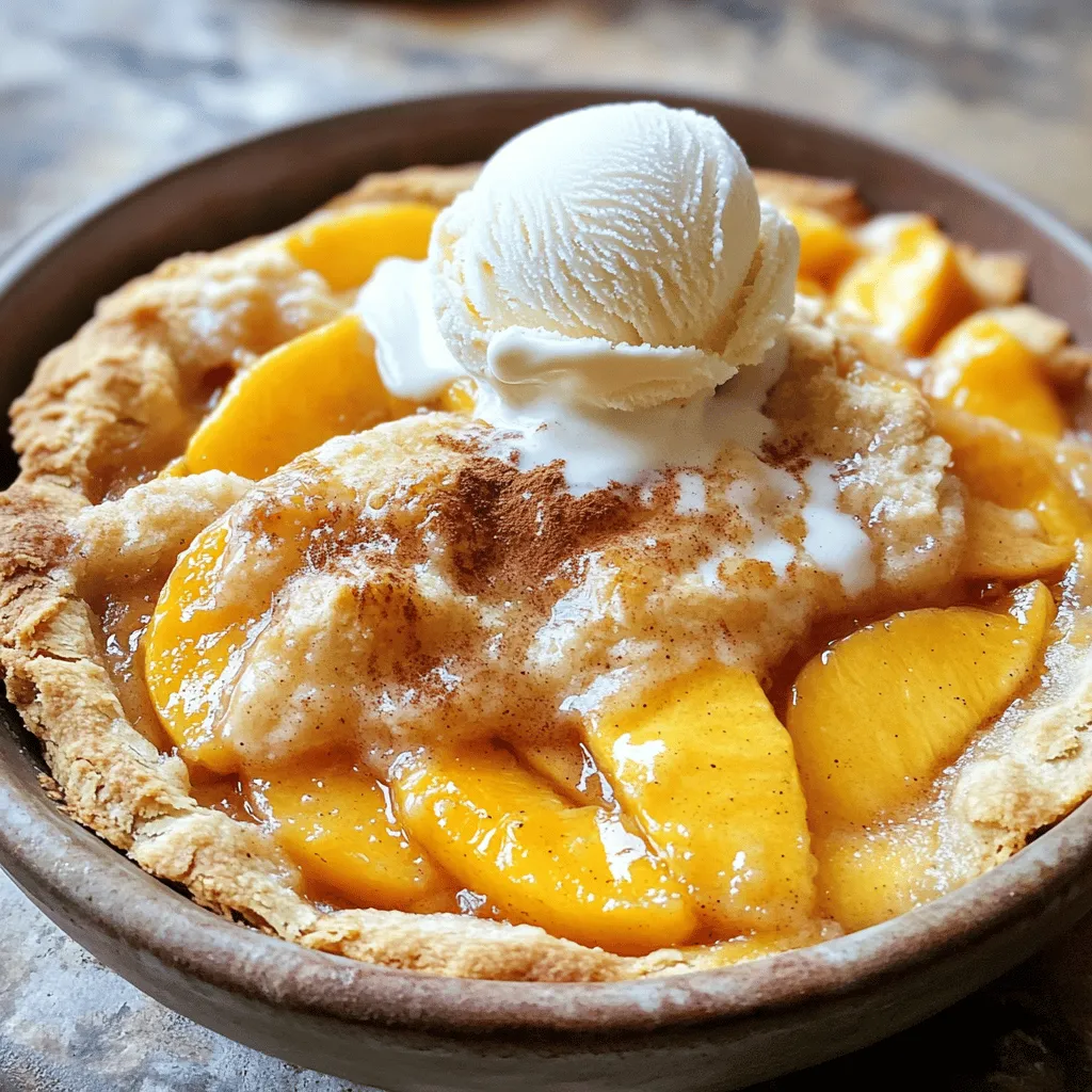 - 4 cups fresh peaches, peeled and sliced - 1 tablespoon fresh lemon juice - 1 teaspoon pure vanilla extract - 1 cup granulated sugar, divided - 1 cup all-purpose flour - 1 teaspoon baking powder - 1/2 teaspoon salt - 1 teaspoon ground cinnamon - 1/2 teaspoon ground nutmeg - 1/2 cup milk (preferably whole) - 1/2 cup unsalted butter, melted When making peach cobbler, fresh ingredients are key. I love using ripe peaches. They bring a sweet and juicy flavor. You will need four cups of peaches. Make sure they are peeled and sliced. A splash of lemon juice brightens the dish. It adds a nice tang that balances the sweetness. Next, you will need one teaspoon of vanilla extract. This adds a rich and warm note to your cobbler. Now, let’s talk about dry ingredients. You will need one cup of granulated sugar. Divide this sugar into two halves. One half sweetens the peaches, while the other mixes with the batter. You will also need one cup of all-purpose flour. This gives the cobbler its structure. One teaspoon of baking powder makes it rise. A little salt, along with one teaspoon of ground cinnamon and half a teaspoon of ground nutmeg, adds warmth and depth. For the liquids, use half a cup of milk, preferably whole. This keeps the batter moist. Finally, melt half a cup of unsalted butter. It adds richness and flavor to the batter. These ingredients combine to make a delightful peach cobbler. For the full recipe, follow the steps carefully. Happy baking! - Preheat your oven to 375°F (190°C). - Grease a 9x13 inch baking dish. - Combine sliced peaches with 1/2 cup of sugar, lemon juice, and vanilla extract. - Allow the mixture to marinate. This step brings out the peach flavor and makes it sweeter. - Mix dry ingredients together in a bowl. - Add remaining sugar, milk, and melted butter; combine gently. This creates a smooth batter for your cobbler. - Pour batter into the greased dish and top with the peach mixture. - Do not stir; allow peaches to rest on top. This layering helps with texture. - Bake for 35-40 minutes until golden brown. - Let cool for a few minutes before serving. This cooling time helps the cobbler set. This recipe is simple and fun to make! You can find the full recipe above for more details. Using ripe, fresh peaches is key for great flavor. Look for peaches that are firm but slightly soft. They should smell sweet and fragrant. If your peaches are not very sweet, you can adjust the sugar. Taste the peach mixture before baking. If it needs more sweetness, add a little more sugar. Serve your cobbler warm for the best taste. A scoop of vanilla ice cream on top is a classic choice. The cold ice cream melts into the warm cobbler, creating a wonderful mix. You can also dust the cobbler with cinnamon. This adds a nice flavor that pairs well with the peaches. Make sure your oven is fully preheated before baking. This helps the cobbler rise and bake evenly. Keep an eye on the baking time, too. Check the cobbler after 35 minutes. You want it golden brown and bubbling. If it looks done, take it out to avoid overbaking. {{image_4}} Peach cobbler is a wonderful dessert, but you can change it up! Here are some fun ideas. Do you need a gluten-free option? Easy! Just swap all-purpose flour for a gluten-free blend. This keeps your cobbler tasty while being kind to those with gluten issues. Most blends work well, so find one you like. Want a vegan version? It’s simple! Use almond milk instead of regular milk for creaminess. Next, swap the butter for coconut oil or a vegan butter. This change keeps the rich taste while being plant-based. You won’t miss the dairy one bit! Want to get creative? Try adding herbs! Mint or thyme can give your cobbler a fresh twist. If you like warm spices, add cardamom. It gives a unique flavor that surprises your taste buds. These little tweaks make your cobbler even more special. For the full recipe, check out the details above! Store leftovers in an airtight container in the refrigerator for up to 4 days. This keeps your cobbler fresh and tasty. When ready to enjoy, just scoop out a portion and warm it up. Freeze portions in freezer-safe containers for up to 3 months. Make sure to label each container with the date. This way, you can easily track how long it has been stored. To enjoy later, simply thaw it overnight in the fridge before reheating. Reheat in the oven for best results, or microwave for quick serving. If using the oven, set it to 350°F (175°C) and cover the cobbler with foil to prevent burning. Heat for about 15-20 minutes. If you’re in a hurry, the microwave works too! Just heat for about 1-2 minutes, checking to ensure it warms evenly. Enjoy your delicious peach cobbler again! For the full recipe, check the section above. To make peach cobbler, follow these steps: 1. Preheat your oven to 375°F (190°C). 2. In a bowl, mix 4 cups of sliced peaches with 1/2 cup of sugar, lemon juice, and vanilla. 3. Let the peach mix sit while you prepare the batter. 4. In another bowl, whisk 1 cup of flour, baking powder, salt, cinnamon, and nutmeg. 5. Add the remaining sugar, milk, and melted butter to the dry mix. Stir until just combined. 6. Pour the batter into a greased 9x13 inch baking dish. 7. Spoon the peach mixture over the batter without stirring. 8. Bake for 35-40 minutes until the top is golden brown and bubbling. This easy recipe will give you a delicious peach cobbler! Yes, you can use frozen peaches. Just make sure to thaw them first. Drain any extra liquid that comes from thawing. This helps keep your cobbler from getting too watery and ensures a tasty dessert. Peach cobbler tastes great with different toppings. I love serving it with: - Vanilla ice cream - Whipped cream - A drizzle of caramel sauce These add creaminess and sweetness to the warm cobbler. You can tell when your cobbler is ready by looking for a golden brown top. Check for bubbling juices around the edges. If both of these signs are there, your peach cobbler is done! This blog post shared a simple way to make delicious peach cobbler. We covered fresh and dry ingredients, step-by-step instructions, and tips for perfection. Remember, ripe peaches make a big difference in flavor. You can even try variations like gluten-free or vegan options. Store leftovers properly to keep them tasty. With these tips, you'll bake a cobbler that impresses everyone. Enjoy your sweet creation!