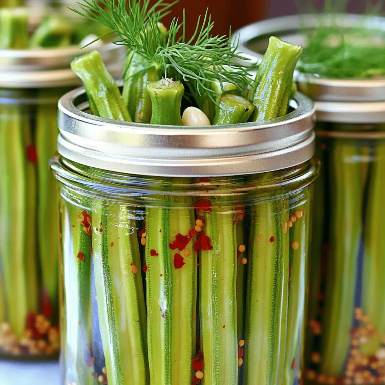 - 1 pound fresh okra, trimmed - 4 cloves garlic, peeled - Fresh dill sprigs (for garnish) - 4 cups water - 1 cup apple cider vinegar - 2 tablespoons sea salt - 2 tablespoons granulated sugar - 2 teaspoons mustard seeds - 1 teaspoon red pepper flakes - 1 teaspoon dill seeds - 1 teaspoon black peppercorns Gathering fresh ingredients is key to making spicy dill pickled okra. Start with one pound of okra. Make sure the okra is firm and bright green. Trim the ends carefully. You will also need four cloves of garlic. Peel them and set them aside. Fresh dill sprigs add a nice touch when you serve. Next, let’s talk about the brine. You will need four cups of water and one cup of apple cider vinegar. This mix gives a great tangy flavor. Add two tablespoons of sea salt and two tablespoons of granulated sugar to balance the taste. Now, for the heat! You will need two teaspoons of mustard seeds. They add a crunchy pop. One teaspoon of red pepper flakes brings the spice. Use one teaspoon of dill seeds for extra flavor. Lastly, add one teaspoon of black peppercorns for a little warmth. Using the right ingredients makes all the difference. Each element works together to create a flavorful and tangy delight. Check out the Full Recipe for more details on preparation. To start, you need to sterilize mason jars and lids. Use four pint-sized jars for this recipe. Place them in a pot of boiling water for 10 minutes. This step ensures your jars are clean and safe for the pickling process. After sterilizing, carefully remove the jars and lids. Let them air-dry upside down on a clean cloth. This prevents any germs from getting inside. Next, make the brine for your okra. In a large pot, combine 4 cups of water, 1 cup of apple cider vinegar, 2 tablespoons of sea salt, and 2 tablespoons of granulated sugar. Heat the mixture over medium heat. Stir until the salt and sugar dissolve completely. Once everything is mixed, bring it to a rolling boil. After this, remove the pot from the heat. Now it’s time to pack the okra. Take your sterilized jars and fill each with fresh okra. Evenly distribute the okra among the jars. Add 1 peeled garlic clove to each jar. Then, sprinkle in 1/2 teaspoon of mustard seeds, 1/4 teaspoon of red pepper flakes, 1/4 teaspoon of dill seeds, and a few black peppercorns. After packing the okra, carefully pour the hot brine over it. Make sure the okra is fully submerged in the brine. Leave about 1/2 inch of headspace at the top of each jar. Wipe the rims of the jars with a clean cloth to remove any residue. Place the sterilized lids on top and screw on the metal bands. Do this securely but don’t over-tighten. Now, lower the jars into a boiling water bath. Process them for 10-15 minutes to seal properly. Once the processing time ends, remove the jars from the water bath. Place them on a clean towel or cooling rack. Allow them to cool completely. You will hear a popping sound from the lids, which means they sealed correctly. Store the sealed jars in a cool, dark place. Let them sit for at least 1 week for the flavors to develop. For the full recipe, refer to the section above. To check if the jars sealed correctly, listen for a popping sound. This sound means the lid has sealed tight. You can also press the center of the lid. If it pops back, the jar did not seal. Store any jars that did not seal in the fridge and use them within a week. Proper sealing keeps your spicy dill pickled okra fresh longer. You can customize the heat and flavor intensity of your pickled okra. If you like it spicier, add more red pepper flakes. For a milder taste, reduce the flakes. You can also try using fresh jalapeños or even other peppers. This way, you can make the dish perfect for your taste buds. Using fresh okra and herbs is key to great flavor. Fresh okra has a crisp texture and bright taste, making your pickles more enjoyable. Look for firm, bright green pods without blemishes. Fresh dill adds a wonderful aromatic quality. When you choose fresh ingredients, you elevate the entire dish, making it more vibrant and tasty. Check out the Full Recipe for more tips! {{image_4}} You can make spicy dill pickled okra even more exciting! Try adding cumin or coriander. These spices add warmth and depth. Cumin lends a nutty taste, while coriander offers a citrus note. Mix and match spices to find your favorite blend. Don’t be afraid to experiment! Each addition can change the flavor profile. If you want a twist, consider vinegar choices. White vinegar works well and is sharp. Rice vinegar adds a sweet touch, making it milder. Flavored vinegars, like balsamic or red wine, can also enhance your pickles. Each vinegar brings a unique taste, making your okra special. You can have fun discovering new flavors. For a sweet and spicy kick, add fruits! Peaches and mango work great. Their sweetness balances the heat from the spices. Simply chop the fruit and add it to the jars. This twist can create a delightful contrast. You’ll enjoy the surprise of flavors in every bite. Each jar can hold a new adventure! For the full recipe, check the earlier section. To keep your spicy dill pickled okra fresh, store it in a cool, dark place. A pantry or cupboard works well. Make sure the jars are sealed tightly to keep air out. This helps keep the flavors strong and the okra crunchy. Sealed jars can last up to one year in the pantry. Once you open a jar, store it in the fridge. Enjoy the opened okra within two to three weeks for the best taste. Always check the date you made them to keep track. Watch for changes in color and smell. If the okra looks cloudy or the brine is cloudy, it might be spoiled. Also, if you see any bubbles or foam, it’s best to throw it away. Always trust your senses; if it smells off, don’t eat it. Enjoy your okra safely! For the full recipe, check out the earlier sections. It takes about 2 weeks for okra to pickle fully. The flavors need time to blend. During this time, the okra absorbs the brine and spices. For best taste, let it sit for at least a week. I do not recommend frozen okra for pickling. Frozen okra loses its crispness and texture. Fresh okra gives a better crunch and flavor. If you can, always choose fresh okra for this recipe. You can find spicy dill pickled okra at many grocery stores. Look in the pickle aisle or specialty food sections. Local farmers' markets may also have homemade options. Online shops often sell jars as well. Pickled okra is great with sandwiches and burgers. It also adds zing to salads and charcuterie boards. Serve it as a snack on its own or with dips. The tangy flavor pairs well with meats too. Pickling okra is a fun and easy way to enjoy fresh flavors. We covered key ingredients, step-by-step instructions, helpful tips, and creative variations to enhance your pickling experience. Remember to use fresh produce for the best taste. With proper storage, your pickled okra can last long and stay tasty. Enjoy experimenting with spices and flavors. You’ll find that homemade pickled okra adds a delicious touch to any meal. Get started today and savor the rewards of your hard work!