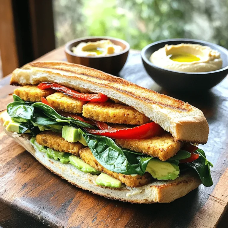 For a great crispy tofu panini, you need: - 1 block firm tofu, well-pressed and sliced into 1/2 inch slabs - 1 tablespoon soy sauce - 1 tablespoon sesame oil - 1 tablespoon cornstarch - 1 large round ciabatta or focaccia bread, sliced in half horizontally - 1/2 cup fresh spinach leaves, washed and dried - 1/2 red bell pepper, roasted, peeled, and sliced thin - 1 small ripe avocado, sliced - 2 tablespoons hummus or vegan mayonnaise - Salt and freshly ground black pepper to taste - Olive oil, for grilling These ingredients work together to create a crispy, tasty panini that is both filling and healthy. You can add some extra flavor with these ingredients: - Sliced tomatoes for freshness - Red onion for a bit of bite - Fresh herbs like basil or cilantro - A dash of hot sauce for heat If you want to mix things up, these optional ingredients can make your panini even better. To make your meal complete, consider these sides: - A light salad with lemon vinaigrette - Sweet potato fries for crunch - A bowl of soup, like tomato or lentil These sides balance the flavors and add variety to your meal. Plus, they are easy to prepare! For the full recipe, check out the detailed steps to bring your crispy tofu panini to life. To start, we need to prepare the tofu. First, press the block of firm tofu. Use a clean kitchen towel or tofu press. This step removes excess moisture. Removing moisture is key for achieving crispiness later. Once pressed, slice the tofu into even slabs, each about 1/2 inch thick. This ensures even cooking and crispiness. Next, we will marinate the tofu. In a mixing bowl, whisk together soy sauce, sesame oil, and a pinch of salt and pepper. Then, add your tofu slices to this mixture. Make sure each piece gets coated well. Let the tofu soak in the marinade for about 15 minutes. This allows the tofu to absorb all those tasty flavors. Now, it’s time to cook the tofu. After marinating, take the slices out and sprinkle cornstarch on both sides. This coating is crucial for that nice, crispy texture. Heat a non-stick skillet over medium heat. Add a drizzle of olive oil to the pan. When the oil shimmers, carefully lay the coated tofu slices in the skillet. Cook each slice for about 4-5 minutes on each side. Look for a golden brown color and a crispy texture. Once done, transfer the tofu to a plate and set it aside. Let’s move on to assembling the panini. Take your ciabatta or focaccia bread and cut it in half horizontally. Spread hummus or vegan mayo on the inside of both halves. This adds moisture and flavor to the sandwich. On the bottom half, layer fresh spinach leaves first. Then add the crispy tofu slices, followed by roasted red bell pepper slices. Finally, place avocado slices on top. Now, close the sandwich with the top half of the bread. Press it down gently to hold everything in place. Next, we grill the panini. Preheat your panini press or another skillet over medium heat. Brush the outside of the sandwich with olive oil. This helps to create a crunchy crust while grilling. If using a skillet, place a heavy pan on top of the sandwich. This presses it down as it cooks. Grill for about 3-4 minutes on each side. Look for a beautiful golden brown color and a crispy texture. Once grilled to perfection, remove the panini from the heat. Slice it in half with a sharp knife and serve warm for the best taste. Enjoy your crispy tofu panini, a flavorful and satisfying delight! For the full recipe, check out the earlier sections. To make your tofu crispy, follow these tips: - Press the tofu well: Remove as much water as possible. This helps the tofu absorb flavors better. - Use cornstarch: Coat both sides of the tofu slices with cornstarch. This creates a crunchy crust. - Heat your skillet properly: Use medium heat and wait for the oil to shimmer before adding the tofu. - Do not overcrowd the pan: Cook in batches if needed. This allows each piece to get crisp. Here are some mistakes to watch out for: - Skipping the marination: Marinating adds flavor. Don’t rush this step. - Using too little oil: A light drizzle helps achieve that golden color and crisp texture. - Not slicing evenly: Make sure your tofu slabs are even. This ensures consistent cooking. - Opening the panini too soon: Let it grill fully to get the best texture. Having the right tools makes a big difference. Here are my top picks: - Panini press: This tool cooks evenly and gives perfect grill marks. - Non-stick skillet: If you don’t have a press, a good skillet works too. - Heavy pan: Use it to press down the sandwich while it cooks in a skillet. - Sharp knife: A sharp knife helps slice your panini without squishing it. Using these tips and tools, you can create a delicious crispy tofu panini. For the full recipe, check out the earlier sections. {{image_4}} When making a crispy tofu panini, you can switch up the ingredients to match your taste. This adds fun and keeps things interesting. You can use different sauces or spreads. Try using pesto or spicy mustard instead of hummus. Swap spinach for kale or arugula for a bolder flavor. For added crunch, add sliced cucumbers or pickles. You can also replace the red bell pepper with grilled zucchini or eggplant. Each swap brings a new twist to your panini. To keep this dish vegan, stick with plant-based ingredients. Use gluten-free bread to make it gluten-free. Many brands offer delicious options that taste great. Check labels to ensure they have no animal products. This allows everyone to enjoy the crispy tofu panini without worry. Fresh produce can change with the seasons. In spring, try adding fresh asparagus or sprouts. In summer, include ripe tomatoes or zucchini. In fall, swap in roasted butternut squash for a sweet flavor. Winter might call for roasted root vegetables like carrots or sweet potatoes. These seasonal swaps help you enjoy fresh tastes all year long. This recipe offers endless possibilities for creativity. Use the [Full Recipe] as your base, and let your imagination run wild with variations! To keep your crispy tofu panini fresh, wrap it tightly. Use plastic wrap or foil for best results. Store it in the fridge for up to three days. Avoid leaving it out at room temperature. This helps prevent sogginess and keeps the flavors intact. To reheat, use a skillet over medium heat. Place the panini in the skillet and cover it. Heat for about 4-5 minutes on each side. This method helps restore the crispiness. You can also use a toaster oven for a similar effect. Avoid the microwave, as it can make the bread soft. If you want to freeze your panini, wrap it well in plastic wrap and foil. It can last for up to a month in the freezer. When you’re ready to eat, thaw it in the fridge overnight. Reheat it in a skillet for the best texture. This way, you can enjoy a quick meal without losing flavor. To make tofu extra crispy, start with firm tofu. Press it well to remove water. Slice it into even slabs. Marinate the slices in soy sauce and sesame oil. Let them soak for at least 15 minutes. After marinating, coat each slice with cornstarch. This coating helps create that crunchy texture you want. Cook the tofu in a hot skillet with olive oil. Flip it until golden brown on both sides. Yes, you can use many types of bread. Ciabatta and focaccia work great, but others can too. Try sourdough or whole grain for a different taste. Each bread type adds its own flavor and texture. Choose one that you love, and enjoy your panini in a new way. Dipping sauces can enhance your panini experience. Hummus is a classic choice. It adds creaminess and flavor. Vegan mayo also works well for a smooth dip. You can try spicy salsa for a kick. Another option is a tangy vinaigrette. Each sauce complements the crispy tofu and adds fun flavors. For more ideas, check out the Full Recipe for inspiration. In summary, we explored how to make a crispy tofu panini. We covered the main and optional ingredients, step-by-step cooking tips, and even some fun variations. Remember to store leftovers well and reheat them correctly for the best taste. Experiment with flavors and enjoy this dish as part of your meals. With a few simple steps, you can have a delicious, crispy tofu panini that satisfies your cravings. Enjoy your cooking journey!