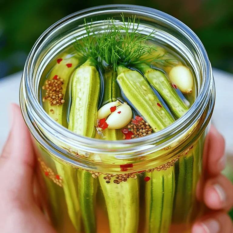 To make quick refrigerator pickled okra, you need a few simple ingredients. Here’s what you will need: - 1 pound fresh okra, trimmed - 1 cup distilled white vinegar - 1 cup water - 3 tablespoons granulated sugar - 2 tablespoons coarse sea salt - 4 cloves garlic, peeled and smashed - 1 tablespoon mustard seeds - 1 tablespoon coriander seeds - 1 teaspoon crushed red pepper flakes - 1 teaspoon whole black peppercorns - Fresh dill sprigs (optional) Each ingredient plays a key role in the flavor and texture of the pickles. The vinegar gives that tangy taste, while the sugar balances it out. Garlic adds depth, and the spices bring warmth and heat. If you like a fresh hint, toss in dill! This mix creates a vibrant snack that's tasty and fun to eat. You can easily find these ingredients at your local store. If you want to try different flavors, you can add your favorite herbs or spices. The creative possibilities with pickling are endless! For the complete recipe, check out the Full Recipe section. First, grab a medium saucepan. In it, combine: - 1 cup distilled white vinegar - 1 cup water - 3 tablespoons granulated sugar - 2 tablespoons coarse sea salt Stir the mixture well. Heat it over medium heat. Watch closely until the sugar and salt dissolve. This step is key for a balanced taste. Remove the saucepan from heat. Let the brine cool for about 10-15 minutes. While the brine is cooling, rinse 1 pound of fresh okra under cold water. This cleans the okra and removes any dirt. Next, pack the okra tightly into a clean, sterilized quart jar. I like to stand them upright for a nice look. This also helps the brine soak in better. Now it’s time to add flavor! Toss in: - 4 cloves garlic, peeled and gently smashed - 1 tablespoon mustard seeds - 1 tablespoon coriander seeds - 1 teaspoon crushed red pepper flakes - 1 teaspoon whole black peppercorns If you enjoy fresh dill, add a few sprigs for a burst of aroma. This makes the pickled okra even tastier! Carefully pour the cooled brine over the okra in the jar. Ensure all the okra is fully submerged. This is vital for the pickling process. If the okra floats, use a clean weight or a small dish to hold it down. Screw the jar lid on tightly. Place the jar in the refrigerator. I suggest letting the pickled okra marinate for at least 24 hours. For the best flavor, allow them to sit for several days. These zippy pickled okra make a great snack. You can toss them in salads or use them as a topping on sandwiches or burgers. They add a crunchy and flavorful twist to any meal! To pick the best okra, look for bright green pods. They should be firm and smooth, with no blemishes. Avoid okra that is too large, as it may be tough. Smaller pods, about 2 to 4 inches long, are usually more tender. When you squeeze them gently, they should feel slightly soft, but not mushy. Fresh okra has a slight sheen and should feel moist. If you find okra that is dry or shriveled, it’s best to leave it behind. You can easily change the spice level of your pickled okra. If you want more heat, add more crushed red pepper flakes. You can also include sliced jalapeños or other hot peppers. For less heat, reduce the amount of red pepper flakes or leave them out. You can also balance the spice with sugar. A little extra sugar can tone down the heat, making it more pleasant for your taste buds. Proper sealing is key for storing your pickled okra. Make sure the jar is clean and dry before filling it. After adding the okra and brine, screw the lid on tightly to create a seal. This helps keep air out and prevents spoilage. Always refrigerate your pickled okra to keep it fresh. If you notice any leaks or the lid bulges, check it again. Make sure the okra stays submerged in the brine to keep it tasting great. {{image_4}} You can mix up the flavor of your pickled okra by adding different herbs and spices. Try including fresh thyme or bay leaves for a earthy taste. You might also enjoy a hint of sweetness by adding a cinnamon stick or a few cloves. Experiment with flavors that you love. Each addition changes the pickled okra's taste, making it unique. Do not limit yourself to okra! You can pickle a variety of vegetables. Try green beans, carrots, or even cauliflower. Just cut them to fit in the jar. The brine works well with many veggies. Each provides a crunch that pairs great with the tangy taste. Vinegar type can change the whole dish. While distilled white vinegar is classic, you can try apple cider vinegar or rice vinegar. Each brings its own flavor. Apple cider vinegar adds a fruity note, while rice vinegar offers a milder taste. Feel free to experiment with what you have on hand. Your okra will be deliciously different every time! To store your pickled okra properly, use a clean, sterilized jar. Keep the jar sealed tight to avoid air exposure. Store it in the fridge right after making it. This helps maintain the crunch and flavor. If you want to keep the okra submerged in the brine, you can use a small weight. This keeps the okra from floating and ensures even pickling. Typically, pickled okra lasts about 1 to 2 months in the fridge. The vinegar acts as a preservative, which helps with safety. To ensure the best taste, aim to eat the pickled okra within a month. Always keep it in the fridge, as warm temperatures can spoil it faster. Check for signs of spoilage to ensure freshness. Look for any off smells or a change in color. If you see mold or a cloudy brine, it’s best to discard it. Also, if the okra feels slimy or mushy, throw it out. Trust your senses; if it doesn’t look or smell right, don’t eat it. Enjoy your zippy pickled okra while it's fresh! Pickled okra needs at least 24 hours to soak up the brine. For the best flavor, let it sit for three to five days. The longer it sits, the better it tastes. This time allows the spices to blend well with the okra. Yes, you can reuse the brine for another batch of pickled okra. However, it’s best not to use it more than once. The brine loses flavor and strength after each use. If you want to try it again, add fresh spices to boost the taste. You can can pickled okra, but follow safe canning methods. Use sterilized jars and process them in a water bath. Make sure to leave space at the top of the jar. This helps the okra stay preserved. Always check for seals and spoilage before eating. Pickled okra offers several health benefits. It is low in calories and high in fiber. This can help with digestion. Okra is also a good source of vitamins A and C. These vitamins support your immune system and skin health. Absolutely! Eating pickled okra straight from the jar is a great snack. It’s crunchy and packed with flavor. You can also toss it in salads or serve it on sandwiches. The options are endless! For the complete recipe, check out the Full Recipe for Zippy Refrigerator Pickled Okra 🥒. In this post, we explored making zippy refrigerator pickled okra. We covered the key ingredients and step-by-step instructions to ensure success. I shared tips for selecting fresh okra and adjusting spice levels. You learned about variations and storage practices to keep your pickled okra fresh. Pickled okra makes a tasty snack or topping. With these easy steps, you can enjoy this crunchy treat at home. Happy pickling!