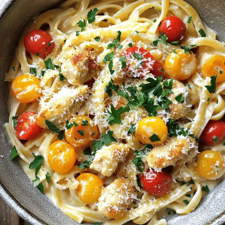 - 8 oz linguine pasta - 2 chicken breasts, diced into bite-sized pieces - 3 tablespoons cowboy butter (see below for the recipe) - 4 cloves garlic, finely minced - 1 teaspoon smoked paprika - 1 teaspoon dried oregano - ½ teaspoon red chili flakes (adjust based on spice preference) - ½ cup heavy cream - 1 cup cherry tomatoes, halved - ¼ cup fresh parsley, finely chopped - Salt and pepper to taste - Grated Parmesan cheese for serving To make the Cowboy Butter Chicken Linguine, you need great ingredients. First, you will use linguine pasta. It is a flat noodle that holds sauce well. Then, you will need diced chicken breasts. Make sure to cut them into small, even pieces. This helps them cook fast and evenly. Next, prepare the cowboy butter. This rich butter adds a lot of flavors. You can find the full recipe for it below. You also need garlic, smoked paprika, and oregano. Garlic brings a strong taste. Smoked paprika gives a nice depth. Oregano adds a fresh herb flavor. Heavy cream is next. It makes your dish creamy and smooth. Cherry tomatoes add sweetness and color. Lastly, fresh parsley and Parmesan cheese finish the dish. Parsley adds a bright touch, while Parmesan gives a salty kick. - ½ cup unsalted butter, softened at room temperature - 1 tablespoon Worcestershire sauce - 1 tablespoon fresh lemon juice - 1 teaspoon garlic powder - 1 teaspoon onion powder - 1 tablespoon fresh chives, finely chopped - 1 tablespoon fresh dill, finely chopped - Salt and freshly cracked pepper to taste Cowboy butter is a key part of this dish. To make it, you need unsalted butter. Start by softening it. Mix it with Worcestershire sauce and lemon juice. This gives a tasty zing. Then, add garlic powder and onion powder. These enhance the flavor. Fresh chives and dill add brightness and fresh notes. Finally, don’t forget to season with salt and pepper. Mix it all well. Your cowboy butter is now ready to bring a rich taste to your linguine. - In a medium bowl, combine: - ½ cup unsalted butter, softened - 1 tablespoon Worcestershire sauce - 1 tablespoon fresh lemon juice - 1 teaspoon garlic powder - 1 teaspoon onion powder - 1 tablespoon fresh chives, finely chopped - 1 tablespoon fresh dill, finely chopped - Salt and pepper to taste Mix these ingredients well. You want a smooth consistency. This cowboy butter adds rich flavor to your dish. - In a large pot, bring salted water to a rolling boil. - Add 8 oz of linguine pasta and cook until al dente. - Follow the package instructions for timing. - Reserve 1 cup of pasta water before draining. This water helps thicken your sauce later. - In a large skillet over medium heat, melt 3 tablespoons of cowboy butter. - Add 2 diced chicken breasts, seasoned with: - 1 teaspoon smoked paprika - 1 teaspoon dried oregano - Salt and pepper to taste Sauté the chicken for about 5-7 minutes. It should be golden brown and cooked through. - Once the chicken is done, add 4 minced garlic cloves to the skillet. - Cook for about 1 minute. The garlic should smell fragrant. - Add 1 cup of halved cherry tomatoes next. - Cook for 3-4 minutes until they soften and release their juices. - Reduce the heat to low and pour in ½ cup of heavy cream. - Stir to combine with the chicken and tomatoes. - If the sauce is too thick, add some reserved pasta water. This helps adjust the thickness. - Add the drained linguine to the skillet. - Toss gently to coat the pasta in the sauce. - Taste and add more salt or pepper if needed. - For a nice presentation, serve in shallow bowls. - Garnish with fresh parsley and grated Parmesan cheese. You can find the full recipe in the article to guide you through each step! - Avoiding overcooked chicken: Cook your chicken until it turns golden brown. This takes about 5-7 minutes. Cut into a piece to check if it is no longer pink inside. If it is, keep cooking. This will keep your chicken juicy. - Proper herbs and spice adjustments: Start with the amounts in the recipe. You can always add more later. Taste as you cook. If you want more heat, add extra red chili flakes. For more flavor, add more oregano. - Pairing options (wine, sides): A crisp white wine like Sauvignon Blanc pairs well. For sides, try garlic bread or a fresh salad. Both will balance the creamy dish. - Leftover transformation ideas: If you have leftovers, consider making a chicken wrap. Use tortillas and add some fresh veggies. You can also mix it into a soup for a quick meal. - Efficient ingredient preparation: Chop your chicken and veggies beforehand. This saves time when cooking. You can also make the cowboy butter a day ahead. Store it in the fridge until ready to use. - Storing and reheating tips: Keep leftovers in an airtight container. They last up to three days in the fridge. To reheat, use low heat on the stove. Add a splash of cream to keep it smooth. {{image_4}} If you want to switch things up, consider alternative proteins. Shrimp or tofu work well. Both add unique flavors and textures. You can also choose gluten-free pasta options. This makes the dish friendly for those with dietary needs. Look for rice or lentil-based pasta for a great taste. You can enhance the flavor by adding vegetables. Spinach and bell peppers add nutrition and color. They also boost the dish's overall taste. If you love spice, adjust the heat level. Add more red chili flakes for a kick or use milder peppers if you prefer less heat. Want to give your dish a twist? Try Mexican-inspired additions. Adding jalapeños gives a fresh and spicy flair. You can also explore Italian variations. Mixing in pesto adds a rich, herbal taste. Each twist makes the Cowboy Butter Chicken Linguine unique and exciting. For more details, check the Full Recipe. To keep your Cowboy Butter Chicken Linguine fresh, store leftovers in an airtight container. This helps prevent moisture loss and keeps flavors intact. Place the container in the fridge for up to three days. When you’re ready to enjoy it again, check for any signs of spoilage before reheating. For longer storage, you can freeze the dish. Make sure to use a freezer-safe container. Label it with the date so you remember when you made it. You can freeze it for up to three months. Just remember, the cream sauce may change texture after freezing. When it comes to reheating, the stovetop is best for this creamy dish. Place the linguine in a skillet over low heat. Stir in a splash of milk or reserved pasta water to help loosen the sauce. This keeps the cream smooth and creamy. If you prefer the microwave, use a microwave-safe bowl. Add a bit of water or milk, then cover it with a lid or plate. Heat it in short bursts, stirring in between. This method also helps maintain the sauce's texture. Enjoy your delicious meal again! To make cowboy butter, first gather your ingredients. You need unsalted butter, Worcestershire sauce, lemon juice, garlic powder, onion powder, chives, dill, salt, and pepper. 1. Soften the Butter: Let your unsalted butter sit at room temperature. It should be soft enough to mix easily. 2. Mix Ingredients: In a medium bowl, combine the softened butter with Worcestershire sauce and lemon juice. 3. Add Spices: Sprinkle in garlic powder, onion powder, chopped chives, and dill. 4. Season: Add salt and pepper to taste. 5. Blend Well: Mix everything until it’s smooth and creamy. This cowboy butter adds a rich flavor to the chicken and pasta. You can store it in the fridge for up to a week. Yes, you can make this recipe ahead of time. Meal prep makes busy days easier! - Prepare the Cowboy Butter: You can make this butter a day or two in advance. Just store it in an airtight container in the fridge. - Cook the Chicken: Cook the chicken and sauce up to a day ahead. Store it in the fridge too. - Cook the Pasta: I recommend cooking the linguine just before serving. It tastes best fresh! When you’re ready to eat, simply reheat the chicken and sauce, then toss in the pasta. Pairing is key to a great meal! Here are some tasty side dishes and drinks: - Side Dishes: - Garlic bread for crunch - A fresh garden salad for a light bite - Roasted vegetables for extra flavor - Beverages: - A chilled white wine like Chardonnay - Sparkling water with lemon for a refreshing twist - Iced tea for a sweet touch These pairings enhance the flavor of your cowboy butter chicken linguine. Enjoy! Cowboy Butter Chicken Linguine combines rich flavors with simple steps. You learned how to prepare creamy sauce, perfect chicken, and flavorful cowboy butter. I shared tips for meal prep and serving suggestions. Whether you stick to the original recipe or explore variations, this dish is sure to impress. Enjoy making it and share your delicious results. Happy cooking!