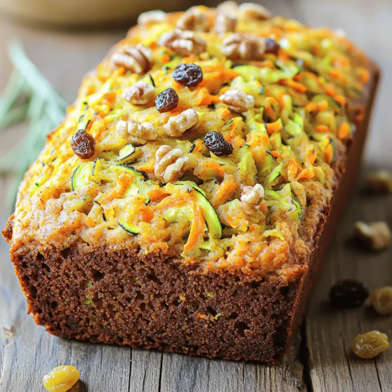 To make spiced zucchini carrot bread, gather these simple ingredients: - 1 medium zucchini, finely grated - 1 cup carrots, finely grated - 1 cup all-purpose flour - ¾ cup packed brown sugar - ½ cup granulated sugar - ½ cup vegetable oil - 3 large eggs - 1 teaspoon pure vanilla extract - 1 teaspoon baking soda - ½ teaspoon baking powder - 1 teaspoon ground cinnamon - ½ teaspoon ground nutmeg - ½ teaspoon salt - ½ cup chopped walnuts (optional) - ½ cup raisins (optional) These ingredients create a moist and flavorful bread. The zucchini and carrots add natural sweetness and moisture. The spices bring warmth and depth. If you like, add walnuts or raisins for extra texture. Using fresh ingredients will make your bread even better. For the full recipe, follow the steps to bring this delicious bread to life. 1. Preheating the Oven and Preparing the Pan First, I set my oven to 350°F (175°C). I grab a 9x5-inch loaf pan and grease it well with cooking spray. This makes sure the bread comes out easily. 2. Mixing the Wet Ingredients In a large bowl, I whisk together the brown sugar, granulated sugar, and vegetable oil. I mix until it's smooth. Then, I crack in three large eggs, one at a time. After each egg, I stir well. Finally, I add the pure vanilla extract and mix until everything is blended. 3. Combining the Dry Ingredients In another bowl, I sift together the all-purpose flour, baking soda, baking powder, ground cinnamon, ground nutmeg, and salt. I make sure these dry ingredients are mixed well. This helps the bread rise evenly and taste great. 1. Adding Zucchini and Carrots to the Batter I slowly add the dry mix to the wet mix. I stir gently until it’s just combined. I fold in the grated zucchini and carrots now. If I want, I can also mix in walnuts and raisins for extra flavor. 2. Pouring Batter into the Loaf Pan Next, I pour the batter into the prepared loaf pan. I smooth the top with a spatula to make it even. 3. Baking and Cooling I bake the bread for about 55-60 minutes. I check if it’s done by inserting a toothpick into the center. If it comes out clean or with a few crumbs, it’s ready. After baking, I let it cool in the pan for 10 minutes. Then, I transfer it to a wire rack to cool completely before slicing. For the complete details, check the Full Recipe. Grating the vegetables finely is key. It helps the bread stay moist and adds flavor. Larger pieces may not mix well and can create a dense texture. Aim for a fine grate for both zucchini and carrots. This makes sure they blend into the batter. Avoid overmixing your batter. Once you add the dry ingredients, mix just until combined. Overmixing can make the bread tough. You want a light and fluffy texture, so be gentle. Using fresh spices makes a big difference. Ground spices lose flavor over time. Always check your spice jars. Fresh cinnamon and nutmeg will boost the taste of your bread. Check doneness with a toothpick. Insert it into the center of the bread. If it comes out clean or with a few moist crumbs, the bread is ready. This simple test ensures your bread is baked perfectly. For ideal slicing, cooling is important. Let the bread cool in the pan for 10 minutes. Then, move it to a wire rack. This helps the bread set and makes slicing easier. If you slice too soon, it may crumble. Enjoy your delicious Spiced Zucchini Carrot Bread! Find the Full Recipe for all the steps. {{image_4}} You can change up the sugars in this recipe. Try using honey or maple syrup instead of sugar. Both options add a nice flavor and keep the bread moist. You can also use different nuts or seeds. Walnuts are great, but you can swap them for pecans or sunflower seeds. This adds some crunch and healthy fats to your bread. Adding chocolate chips or dried fruit can take this bread to the next level. Chocolate chips make it sweet and fun for kids. Dried fruit like cranberries or apricots gives a chewy texture. You can also play with spices. Using different spices like allspice or cloves can add depth. Allspice has a warm flavor that pairs well with the bread. Cloves add a nice kick. Feel free to mix and match these ideas to find your favorite taste! You can store your Spiced Zucchini Carrot Bread at room temperature. Wrap it tightly in plastic wrap or aluminum foil. This way, it stays fresh for up to four days. If you live in a humid area, refrigeration can help prevent spoilage. Just remember, cold storage may change the texture a bit. For long-term storage, freezing is a great option. Slice the bread first, then wrap each slice in plastic. Place the wrapped slices in a freezer-safe bag. You can store it this way for up to three months. When you're ready, simply take out a slice or two. To reheat your bread, you have two main options: the oven or the microwave. If you use the oven, preheat it to 350°F (175°C). Place the bread on a baking sheet and heat for about 10 minutes. This method keeps the crust nice and crisp. If you're in a hurry, the microwave works well, too. Heat a slice for about 15 to 20 seconds. To keep it moist, place a damp paper towel over the bread. This will help prevent it from drying out. Enjoy your warm and delicious bread anytime! How do I know when the bread is done? You can check the bread's doneness using a toothpick. Insert it into the center of the bread. If it comes out clean or with a few moist crumbs, your bread is ready. It's important to not rely solely on time, as oven temperatures can vary. Can I make this bread gluten-free? Yes, you can make this bread gluten-free! Simply replace all-purpose flour with a gluten-free blend. Ensure the blend contains a binding agent, like xanthan gum, to keep the bread from crumbling. How long does Spiced Zucchini Carrot Bread last? This bread can last about 3-5 days at room temperature. To keep it fresh longer, store it in an airtight container. You can refrigerate it for up to a week or freeze it for up to three months. Can I substitute the eggs? Yes, you can substitute the eggs. Use unsweetened applesauce, mashed banana, or flaxseed meal mixed with water. Each of these options works well and keeps the bread moist. What can I serve with this bread? This bread is delicious on its own, but you can serve it with cream cheese, butter, or a light glaze. It pairs well with a cup of tea or coffee for a cozy treat. Can I double the recipe for a larger batch? Absolutely! You can double the recipe easily. Just make sure you have a larger loaf pan or multiple pans. Adjust the baking time if necessary, as larger batches may need a bit longer to bake through. For the complete instructions, check the Full Recipe. For the complete details, check the Full Recipe. This spiced zucchini carrot bread is a joy to make. You can prepare it in under an hour. You will love how simple it is to mix the ingredients. When I make this bread, I start by grating the zucchini and carrots. This step is key. Finely grated veggies blend well into the batter, keeping the bread moist. Next, I combine the wet ingredients. I whisk together brown sugar, granulated sugar, and vegetable oil. I add eggs one by one. This keeps the mixture smooth and creamy. Then, I mix in pure vanilla extract for that lovely aroma. In another bowl, I sift the dry ingredients. This includes flour, baking soda, baking powder, and spices. Sifting helps to avoid clumps. I love using fresh ground cinnamon and nutmeg for a warm flavor. I combine the wet and dry mixtures gently. It's important not to overmix. This keeps the bread light and fluffy. After that, I fold in the grated veggies. If I want extra crunch, I add walnuts or raisins. When the batter is ready, I pour it into a greased loaf pan. Smoothing the top with a spatula gives it a nice finish. I bake it in a preheated oven for about 55-60 minutes. The smell fills my kitchen, making it hard to wait! After baking, I let the bread cool for 10 minutes in the pan. Then, I transfer it to a wire rack. This cooling step is crucial for perfect slicing later. This blog post shared a great recipe for Spiced Zucchini Carrot Bread. You learned about key ingredients and step-by-step instructions for making it. Tips on flavor, texture, and variations add value to the recipe. Remember to store it properly for freshness and feel free to experiment with flavors. Baking brings joy, and this bread is an easy way to enjoy that. Dive in and share this treat with family and friends. Your baking adventure awaits!
