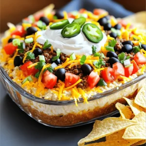 - 1 pound ground beef - 1 packet taco seasoning - 1 can (15 oz) refried beans - 1 cup sour cream - 1 cup shredded cheddar cheese - 1 cup diced tomatoes (fresh or canned) - 1/2 cup black olives, sliced - 1/2 cup green onions, finely chopped - 1 jalapeño, sliced (optional) - Tortilla chips for serving When deciding on the ingredients for my taco dip, I always start with ground beef. It gives a rich flavor. I like to use a good taco seasoning packet to keep things easy. Refried beans add a smooth base and pack in more taste. Sour cream is a must for that creamy layer. I love to sprinkle shredded cheddar cheese on top for a warm, melty finish. For the toppings, I enjoy fresh diced tomatoes to add color and freshness. Black olives give a salty crunch, while green onions add a nice bite. If you like heat, add sliced jalapeños for a spicy kick. Finally, don’t forget the tortilla chips! They are key for dipping and enjoying every layer of this dip. You can find the full recipe to make this tasty taco dip in the previous sections. - Heat a large skillet over medium heat. - Brown the ground beef for 7-10 minutes. Start by taking a large skillet. Set it on medium heat. Once hot, add the ground beef. Use a wooden spoon to break it apart as it cooks. You want it to turn brown and lose its pink color. This takes about 7 to 10 minutes. If you see a lot of grease, drain it off. This keeps the dip from being greasy. Once the beef is browned, sprinkle the taco seasoning on top. Add the water the packet says to use, usually about 1/2 cup. Stir it well and let it simmer for a few minutes. This thickens the mix and brings out the great taco flavor. Remove it from heat and let it cool a bit. - Spread refried beans on the bottom layer. - Add the ground beef mixture on top. Grab a 9x13 inch baking dish. Take the refried beans and spread them evenly on the bottom. Use a spatula to smooth them out. This forms a nice base for the dip. Next, take the ground beef mixture and carefully layer it over the beans. Make sure to cover the beans entirely. This keeps the flavors together and makes every bite tasty. - Spoon sour cream and sprinkle cheese. - Layer diced tomatoes, olives, and green onions. Now it’s time for the fun part! Spoon the sour cream over the beef layer. Spread it out evenly with your spatula. This adds a creamy texture that everyone loves. Next, sprinkle a generous amount of shredded cheddar cheese on top. This cheese will melt slightly and add a rich flavor. After the cheese, it’s time to add the fresh diced tomatoes. Layer them evenly across the top. Then, add the sliced black olives and finely chopped green onions. These give your dip extra color and a bit of crunch. If you like some heat, add sliced jalapeños on top. They give a zesty finish. To make it even better, cover the dip with plastic wrap. Chill it in the fridge for at least 30 minutes. This step lets all the flavors mix and taste even better. When you serve it, pair the dip with crispy tortilla chips for a perfect snack. For the full recipe, check out the complete list of ingredients and instructions. Chill your dip for 30 minutes before serving. This step helps the flavors mix. Consider adding fresh herbs like cilantro or parsley on top. They add a pop of color and flavor. Use a 9x13 inch baking dish for even layering. This size allows you to spread each layer nicely. A spatula is very helpful for spreading ingredients. It ensures the dip looks great. Pair your taco dip with different tortilla chips or fresh veggies. Crunchy chips add texture, while veggies bring freshness. For extra flair, garnish with sliced jalapeños or fresh cilantro. They brighten up the dish and add flavor. {{image_4}} You can make simple swaps to fit your needs. For a lighter option, use ground turkey or chicken instead of beef. This change keeps the flavor but cuts calories. Another great swap is to replace sour cream with Greek yogurt. It adds protein and tang without extra fat. Want more heat? Add more jalapeños or a dash of hot sauce. These small changes can really kick up the flavor. You can also include a layer of spicy cheese for extra kick. Pepper jack cheese works great here and melts beautifully. Feel like mixing it up? Create a Tex-Mex version by adding avocado and corn. The creamy avocado and sweet corn balance the spice nicely. For a vegetarian option, use black beans instead of beef. This keeps it hearty while being meat-free. Check the Full Recipe for more ideas! To keep your taco dip fresh, store leftovers in an airtight container. This helps prevent it from drying out. You can keep it in the fridge for up to three days. If you notice any separation or change in texture, give it a good stir before serving. You can freeze taco dip both before and after layering. If you freeze it before layering, make sure to wrap it well. If it's already layered, cover it tightly with plastic wrap. To use, thaw it overnight in the refrigerator before serving. This keeps the flavors bright and delicious. To reheat the taco dip, use the microwave or oven. Heat until it’s warm throughout, but avoid overheating. Overheating can change the dip's texture and make it less enjoyable. Stir it gently while reheating to ensure even warmth. Enjoy your tasty taco dip! Yes, preparing it a day ahead enhances the flavor. The longer it sits, the more the tastes blend. Just cover it well and chill in the fridge. Ground turkey, chicken, or plant-based alternatives work well. These options provide the same texture and flavor. You can choose what fits your diet best. It can be gluten-free if you use certified gluten-free seasoning and chips. Always check the labels to ensure no hidden gluten. This makes it safe for those with gluten sensitivities. It lasts about 3 days when stored properly in an airtight container. Make sure to seal it tightly to keep it fresh. If it smells off or looks strange, it's best to toss it. This taco dip recipe combines simple ingredients and easy steps to create a tasty dish. You can mix ground beef, refried beans, cheese, and fresh toppings for great flavors. Use my tips to adjust spice levels or make healthier swaps. By following my storage advice, your leftovers will stay fresh longer. Enjoy serving this dip at your next gathering, or savor it as a tasty snack at home. Dive in and make your version today!
