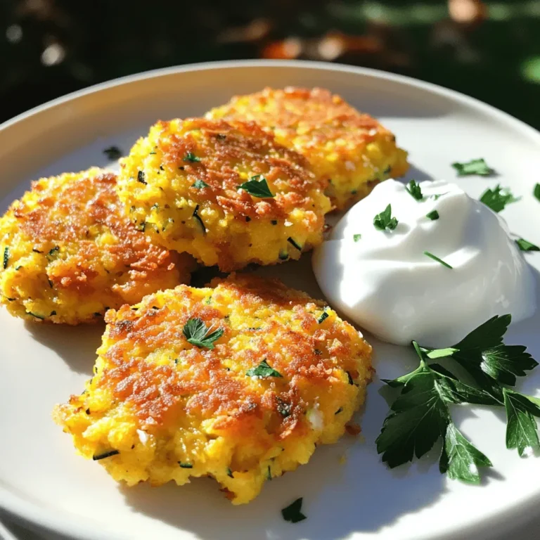 - 2 cups grated zucchini or yellow squash - 1 cup breadcrumbs (preferably seasoned) - 1/2 cup grated parmesan cheese - 1/4 cup finely chopped onion - 2 cloves garlic, minced - 2 large eggs - 1 teaspoon dried oregano - 1/2 teaspoon salt - 1/4 teaspoon black pepper - 1/4 cup fresh parsley, chopped (optional) - Skillet - Cooking oil - Mixing bowl - Kitchen towel Mom's squash patties use simple ingredients. The main ones are zucchini or yellow squash. You need seasoned breadcrumbs to add flavor. Parmesan cheese gives a nice touch. Onions and garlic boost the taste. Eggs help bind everything together. Spices like oregano, salt, and pepper add extra flavor. Fresh parsley adds color and freshness to the mix. For cooking, you will need a skillet and some oil. A mixing bowl helps combine all ingredients. A kitchen towel is handy for squeezing out squash moisture. This is part of the [Full Recipe]. Start by grating the zucchini or yellow squash. I use a box grater for this. Then, take the grated squash and put it in a clean kitchen towel or cheesecloth. Squeeze it hard to drain as much moisture as you can. This step is key. If there is too much moisture, the patties will be soggy. We want them crispy and delicious. In a large bowl, combine the drained squash with the other ingredients. Add breadcrumbs, grated parmesan cheese, chopped onion, minced garlic, eggs, dried oregano, salt, and black pepper. If you like, toss in some chopped parsley too. Mix everything well using your hands or a spoon. The mixture should feel a bit sticky and hold together well. This texture helps the patties stay intact while cooking. Next, heat a large skillet on medium heat. Pour in enough olive oil to cover the bottom of the pan. Wait until the oil shimmers, but don’t let it smoke. This shows it’s hot enough for frying. Scoop about 1/4 cup of the squash mix and shape it into a patty. Gently place it in the hot skillet. Don’t overcrowd the pan. Leave space between each patty for even cooking. Cook the patties for about 4 to 5 minutes on each side. They should turn golden brown and crispy. Keep an eye on the heat. Adjust it as needed to prevent burning. You might need to fry in batches, depending on your skillet size. Once cooked, take them out and place them on a plate lined with paper towels. This will soak up any extra oil and keep the patties crispy. Follow these steps, and you'll have lovely, golden squash patties ready to enjoy! For the full recipe, check out the earlier section. To get the best texture, you want your patties crispy, not soggy. Start by squeezing out moisture from the grated squash. Use a clean kitchen towel for this. If you skip this step, your patties may fall apart or become mushy. Keep the right ratio of ingredients. Too much squash can lead to sogginess. Aim for two cups of squash to one cup of breadcrumbs. This balance helps create a sturdy patty. Cooking time is key. Heat your skillet to medium. This temperature helps the patties cook evenly. If the heat is too low, they won’t crisp up. If it’s too high, they may burn. Fry each side for 4-5 minutes. Check for a golden brown color. Don’t rush this process. Undercooked patties can be mushy, while overcooked ones can taste dry. For serving, add tasty condiments. A dollop of yogurt or sour cream works great. Fresh herbs like parsley add color and flavor. You can also pair these patties with a salad or roasted veggies. They make a lovely side for grilled meats too. Explore different sauces like tzatziki or spicy ketchup for extra flavor. Enjoy making these patties your own! {{image_4}} You can change the squash for variety. Try using butternut squash or pattypan squash. Each type gives a unique taste and texture. You can also add more veggies. Grated carrots or bell peppers mix well. Fresh herbs, like basil or thyme, add a fresh kick. You can bake these patties instead of frying them. Just place them on a baking sheet and drizzle with olive oil. Bake at 400°F for 20 minutes, flipping halfway through. This method makes them a bit healthier. An air fryer is another option. It cooks them fast and gives a nice crisp without much oil. Set the air fryer to 375°F and cook for about 12-15 minutes. Adding cheese can elevate the flavor. Try feta, cheddar, or even goat cheese. Each brings a different taste. You can also play with spices. Add a pinch of cumin for warmth or smoked paprika for depth. Experimenting with flavors can lead to your perfect batch of patties. Check out the Full Recipe for more ideas! To store leftovers, let the patties cool first. Place them in an airtight container. This helps to keep them fresh. You can store them in the fridge for up to three days. To extend freshness, reheat only what you will eat. This avoids sogginess in the remaining patties. For freezing, make sure the patties are fully cooled. Arrange them in a single layer on a baking sheet. Place the sheet in the freezer until they are solid. Then transfer them to a freezer bag. This method helps prevent them from sticking together. When ready to eat, reheat frozen patties in the oven. Bake them at 350°F for about 15 minutes or until hot. The expected freshness duration is about three days in the fridge. Frozen patties can last up to three months. Signs of spoilage include a sour smell or a change in color. If you notice any of these, it’s best to discard them. Fry the patties for about 4 to 5 minutes on each side. This cooking time gives them a nice golden color and crispy texture. Make sure to keep an eye on them. If the heat is too high, they may burn. Adjust the heat as needed for even cooking. Yes, you can make these patties gluten-free. Instead of breadcrumbs, use gluten-free breadcrumbs or crushed gluten-free crackers. You can also use ground oats as a substitute. Just check the labels to ensure they're gluten-free. These patties pair well with many side dishes and sauces. Here are some great options: - A fresh salad with lemon vinaigrette - Creamy yogurt or sour cream for dipping - Applesauce for a sweet contrast - Grilled vegetables or a medley of roasted root veggies - A slice of lemon to brighten the dish For the full recipe, check out Mom's Heavenly Squash Patties. Enjoy! This blog post covered how to make delicious squash patties. We looked at key ingredients, preparation steps, and cooking tips. I shared ways to adjust the recipe and storage methods for leftovers. Making these patties can be fun and simple. You can explore new flavors and textures that suit your taste. Enjoy these tips, and I hope you create something tasty. Experimenting in the kitchen leads to great meals!