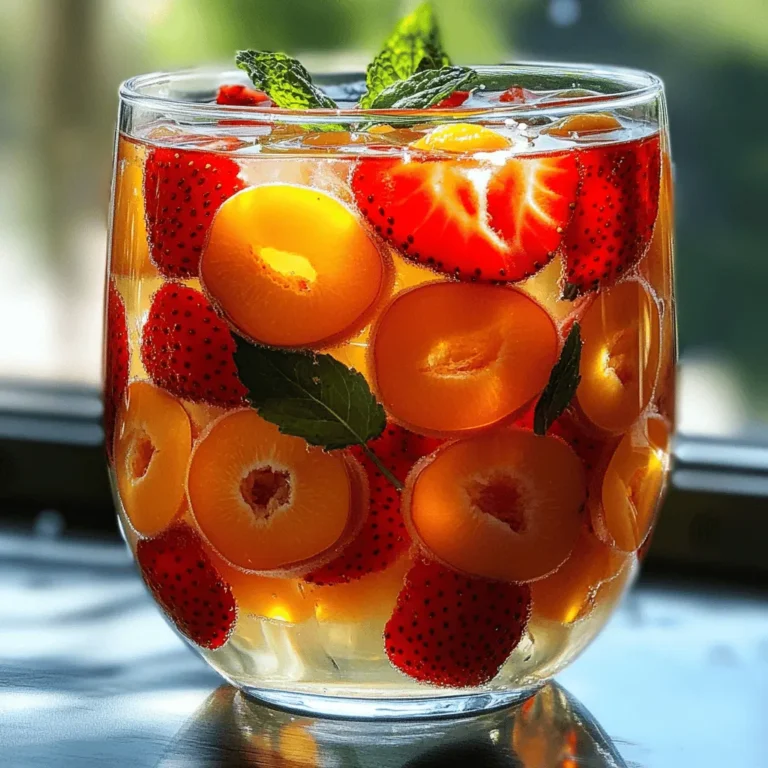 Fresh strawberries are the star of this drink. They give a sweet and tart flavor. Choose ripe, bright red strawberries. They should smell sweet and feel firm. Slice them into small pieces for easy mixing. You will need 2 cups of fresh strawberries, hulled and sliced. Dried apricots add depth to the tea. They bring a chewy texture and a rich sweetness. Make sure to pick soft, bright apricots for the best taste. Chop them into small pieces to help them blend with the strawberries. You will need 1 cup of dried apricots, chopped into small pieces. These flavor enhancers boost the tea's taste. Black tea gives a strong base. Use either 2 tablespoons of loose black tea or 4 tea bags. Honey adds sweetness, so adjust to your taste. You will need 2 tablespoons of honey. Fresh lemon juice brightens the flavors and balances the sweetness. Squeeze juice from 1 lemon into the mix. Finally, fresh mint leaves provide a refreshing touch for garnish. For the full recipe, check the details above. Start by gathering your ingredients. You need fresh strawberries and dried apricots. - 2 cups fresh strawberries, hulled and sliced - 1 cup dried apricots, chopped into small pieces In a large heatproof bowl or pitcher, combine the sliced strawberries and chopped apricots. This mix brings together sweet and tart flavors. Pour 4 cups of boiling water over the fruit. Make sure all the fruit is under the water. Let it steep for about 10 minutes. This waiting time helps the flavors blend nicely. Next, we add the tea. You can use either loose black tea or tea bags. - 2 tablespoons loose black tea or 4 individual black tea bags Add the tea to the fruit mixture after the first steep. Let it sit for an extra 5 minutes. This step mixes the bold tea taste with the fruity flavor. After steeping, remove the tea bags or strain it through a fine mesh sieve. Press the fruit gently with a spoon to get all the good flavors out. While the tea is still warm, it’s time to add sweetness and zest. - 2 tablespoons honey (adjust according to your sweetness preference) - Juice of 1 fresh lemon Stir in the honey and lemon juice. Mix well until the honey dissolves. Let the tea cool at room temperature for about 10-15 minutes. Then, chill it in the fridge for at least 30 minutes. This chilling time enhances the taste. Serve the tea over ice in glasses. For a nice touch, add fresh mint leaves on top. This drink is a colorful and tasty way to enjoy a sunny day. For the full recipe, check out the [Full Recipe]. Using fresh and high-quality ingredients makes your tea stand out. Choose ripe strawberries with bright red color. Avoid any that look dull or have brown spots. For apricots, select dried ones that feel soft and moist, not hard or dry. These choices help create a sweet and fruity taste in your drink. When using tea, opt for loose black tea for a richer flavor. Sweetness is key to balancing flavors. If you like it sweeter, add more honey. Start with two tablespoons, then taste. You can always add more if needed. For a different twist, try using agave syrup or maple syrup. They both add a unique flavor. Always mix well until the sweetener dissolves, ensuring a smooth blend. Leftover strawberries and apricots can be stored. Place them in an airtight container in the fridge. They last for about three days. You can use leftover fruit in smoothies or yogurt. For leftover tea, store it in a sealed jar. Keep it in the fridge for up to a week. Enjoy it cold or heat it up for a warm drink. {{image_4}} You can swap strawberries and apricots for other fruits. Try peaches, raspberries, or mangoes. Each fruit will give a new twist to the tea. Peaches add a sweet, juicy taste, while raspberries bring a tart kick. Mangoes offer a tropical flair. Use what you love or what’s in season. I enjoy both iced and hot Strawberry Apricot Sunrise Tea. Serve it hot for a cozy feel. It warms you up on chilly days. For a refreshing treat, serve it iced. Pour the tea over ice and add mint leaves. This makes a perfect summer drink. You can enjoy it any time of year. Honey is great, but you can use other sweeteners too. Maple syrup adds a unique flavor. Agave nectar is another option, as it dissolves easily. For a sugar-free choice, try stevia. Adjust the amount to suit your taste buds. Sweetness can change the whole drink. You can store Strawberry Apricot Sunrise Tea in the fridge for up to three days. Use a clean, airtight container. This keeps the tea fresh and tasty. If you have leftovers, pour them into a pitcher. Seal it well, and place it in the fridge. Cold tea is perfect for hot days. If you want to keep the tea longer, freeze it. Pour the cooled tea into ice cube trays. Once frozen, pop the cubes into a freezer bag. This way, you can enjoy the tea later. Just remember, frozen tea is best used within three months. To serve chilled tea, just pour it over ice. If you want warm tea, heat it gently. Use a pot on low heat. Avoid boiling, as this can change the flavor. Stir in fresh mint for extra taste when serving. Enjoy the refreshing flavor of Strawberry Apricot Sunrise Tea! Strawberry Apricot Sunrise Tea is not just tasty; it also offers many health benefits. Strawberries are high in vitamin C, which boosts your immune system. They also have antioxidants that can help fight inflammation. Apricots provide vitamin A, which is great for your skin and eyes. Plus, they add natural sweetness without too much sugar. Black tea can improve heart health and boost focus. When you mix all these ingredients, you create a drink that is both delicious and good for you. Yes, you can use different types of tea! While black tea is the main choice here, you have options. Green tea adds a lighter flavor and more antioxidants. Herbal teas, such as chamomile or hibiscus, can offer unique tastes. If you prefer caffeine-free, herbal blends are perfect. Just adjust steeping times based on the type of tea you choose. Each tea will change the flavor and health benefits, so feel free to experiment. To make this tea more refreshing in summer, try a few simple tricks. First, serve it over ice, as it cools you down quickly. You can also add more lemon juice for a zesty kick. Fresh mint leaves not only add flavor but also a cooling effect. For a fruity twist, toss in additional fresh fruit slices, like peaches or citrus. Lastly, consider blending the tea with ice for a slushy drink. These tips will elevate your Strawberry Apricot Sunrise Tea to a perfect summer drink. This blog post covered how to make Strawberry Apricot Sunrise Tea. You learned about fresh strawberries, dried apricots, and flavor enhancers. We looked at preparing the fruit, steeping the tea, and tips for best quality. You now know variations, storage methods, and answers to common questions. Enjoy making this tasty tea. Experiment with different fruits and flavors. Treat yourself to a drink that's both fun and healthy. Enjoy every sip!