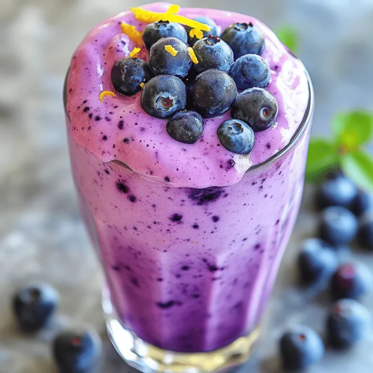 - 1 cup brewed Earl Grey tea (cooled) - 1 cup frozen blueberries - 1 ripe banana - 1 tablespoon honey or maple syrup (to taste) - 1/2 cup almond milk (or milk of choice) - 1 cup ice cubes - 1/2 teaspoon vanilla extract - A small pinch of salt The Blueberry Earl Grey Frappe is a treat. Each ingredient plays a key role in flavor and health. Benefits of Earl Grey tea: Earl Grey tea comes from black tea mixed with bergamot oil. This blend gives it a lovely flavor. It also offers health perks like antioxidants. These can help protect your cells. Nutritional value of blueberries: Blueberries are tiny superfoods. They are low in calories yet high in vitamins. They also have fiber, which helps digestion. Their antioxidants may support heart health too. Advantages of using bananas: Bananas add natural sweetness to your frappe. They provide potassium, which is good for your heart. Plus, they help create a creamy texture when blended. Alternatives for almond milk: If you don't have almond milk, try oat or soy milk. These options work well and keep the frappe creamy. Sweetener options: You can swap honey for agave or stevia. Each sweetener adds a unique taste. Adjust the amount based on your liking. Using fresh vs. frozen blueberries: Frozen blueberries keep the frappe cold and thick. Fresh blueberries can be used, but they will change the texture. If using fresh, add more ice to keep it cool. For the full recipe, check the above details. Enjoy creating this refreshing drink! Start by brewing a strong cup of Earl Grey tea. Choose high-quality loose leaf or bagged tea. Use boiling water for the best flavor. Once brewed, let it cool to room temperature. This takes about 10 to 15 minutes. For faster cooling, pour the tea into a wide bowl. You can also prepare the tea ahead of time. Just refrigerate it for at least one hour. Once your tea is cool, gather your ingredients for the frappe. Add the cooled tea to a blender. Include one cup of frozen blueberries, one ripe banana, and one tablespoon of honey or maple syrup. Pour in half a cup of almond milk and one cup of ice cubes. Don’t forget half a teaspoon of vanilla extract and a small pinch of salt. Blend everything on high speed. Aim for a smooth and creamy texture. If you find it too thick, add more almond milk. Blend again until well mixed. Now it’s time to serve your Blueberry Earl Grey Frappe. Pour the frappe into chilled glasses. For a nice touch, garnish with fresh blueberries on top. You can also sprinkle some lemon or orange zest for added brightness. This will enhance the flavor and make it look beautiful. Enjoy your refreshing drink! Check the [Full Recipe] for all details. To get the best texture in your Blueberry Earl Grey Frappe, blend well. I recommend mixing until smooth and creamy. If the drink feels too thick, add a splash more almond milk. If it's too thin, add a few more ice cubes. Sweetness is key to balance. Start with one tablespoon of honey or maple syrup. Taste it after blending. If you want it sweeter, add more syrup and blend again. Adjust to your taste! You can brew Earl Grey tea in advance. Store it in the fridge for up to three days. This way, your frappe is quick to make. Just remember to cool it down first. For freezing blueberries, spread them in a single layer on a baking sheet. Freeze for a couple of hours. Once frozen, transfer them to a bag. This keeps them fresh and ready for your frappe. This frappe pairs well with light snacks. Think of yogurt, granola, or even a slice of lemon cake. The flavors mix well together! To boost the taste, add a little citrus zest. A sprinkle of lemon or orange zest adds a bright twist. It enhances the drink’s flavor and makes it even more refreshing. For more tips, check out the Full Recipe. {{image_4}} You can play with your Blueberry Earl Grey Frappe! Try adding other fruits. Strawberries add a sweet punch. Mango gives a tropical flair. Both will mix well with the blueberry flavor. Next, think about spices. A dash of cinnamon adds warmth. Nutmeg gives a nice twist too. Just a pinch is enough to elevate your drink. Be bold and experiment to find your favorite mix! Making this frappe dairy-free is easy. Use almond milk, oat milk, or coconut milk. They all work great. If you want it sweeter, try agave syrup or coconut sugar. These are great vegan substitutes for honey. For a vegan drink, ensure all your ingredients are plant-based. Double-check your sweetener. Always look for options that suit your diet. This way, you can enjoy your treat without worry. Want a different take? Try making a cold brew version! Start by steeping your Earl Grey tea in cold water. Let it sit in the fridge for 6 to 12 hours. This method brings out a smoother flavor. Once you’re ready, blend the cold brew with your ingredients. You can add some extra fruit for a fun twist. The cold brew style will give your frappe a unique taste. It’s perfect for hot summer days! You can find the full recipe for this refreshing drink to get started. To keep your brewed Earl Grey tea fresh, store it in an airtight container. Place it in the fridge. It stays good for about three days. If you want to keep its flavor strong, don’t add any sweeteners yet. They might make the tea taste off after a day. For frozen blueberries, keep them in their original bag. Seal it tightly to avoid freezer burn. Use them within six months for the best taste. If you buy fresh blueberries, wash and dry them first. Then, freeze them in a single layer on a baking sheet. Once frozen, transfer them to a sealed bag. If you have leftover frappe, store it in the fridge. Use a tightly sealed jar or container. It stays fresh for about one day. The frappe might separate a bit, but that’s okay. Just give it a good shake before drinking. For longer storage, you can freeze the leftover frappe. Pour it into ice cube trays or freezer-safe containers. This way, it can last for up to a month. When you want a quick drink, blend a few cubes with some almond milk, and enjoy. You can reblend any leftover frappe. Just pour it back into the blender. Add a splash of milk to help it blend smoothly again. This makes it creamy and delicious once more. If you stored the frappe in the fridge, drink it cold. For a refreshing treat, consider adding fresh fruit or a dollop of yogurt. You can also mix in a bit of honey or maple syrup for added sweetness. Enjoy your Blueberry Earl Grey Frappe! For the full recipe, check the details above. To make your Blueberry Earl Grey Frappe vegan, you can easily swap a few ingredients. Use plant-based milk, like almond or oat milk, in place of dairy milk. For sweetening, choose maple syrup instead of honey. This keeps the flavor vibrant while ensuring it's plant-friendly. Yes, you can use fresh blueberries! However, the texture may change. Frozen blueberries give a thicker, frostier drink. Fresh blueberries will make the frappe lighter but may not chill it as well. You might want to add extra ice to cool it down. The flavor will still be delicious, though! You can often find this refreshing drink at specialty coffee shops or tea cafes. Look for places that focus on creative beverages. Chains like Starbucks may offer seasonal versions. Always ask if they can make it with Earl Grey and blueberries. It's a great way to try this unique flavor combo before making your own. For the full recipe, check the detailed ingredients and instructions in the earlier section! In this article, we explored how to make a Blueberry Earl Grey Frappe. We covered the key ingredients, from brewed tea to blueberries and bananas, and highlighted their health benefits. You learned simple steps to blend and serve your frappe, along with helpful tips for perfecting it. Lastly, we shared variations and storage tips to keep it fresh. Try this recipe at home, and enjoy a tasty and healthy drink that refreshes and energizes! Your taste buds will thank you!