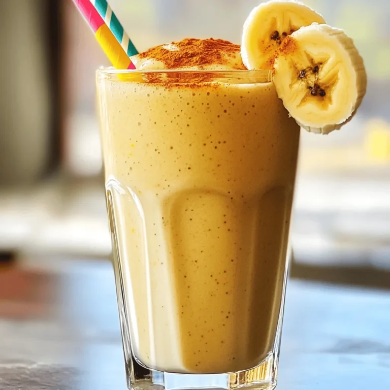 - 2 ripe bananas, frozen - 1 cup almond milk (or any milk of your choice) - 1 teaspoon chai spice mix - 1 tablespoon honey or maple syrup (optional) - 1 tablespoon almond butter (or peanut butter) - 1/2 teaspoon vanilla extract - Pinch of salt - Ice cubes (optional) The ingredients for the Chai Spice Banana Smoothie are simple yet powerful. Each one plays a role in creating a tasty and healthy drink. Bananas add natural sweetness and creaminess. Choose ripe, frozen bananas for the best texture. Almond milk makes the smoothie smooth and adds a nutty flavor. You can swap it for any milk you like. Chai spice mix carries a blend of cinnamon, cardamom, ginger, and cloves. This mix brings warmth and depth to the drink. Honey or maple syrup can enhance sweetness but is optional. Almond or peanut butter adds healthy fats and protein. Vanilla extract lifts the flavor, while a pinch of salt balances it all. Ice cubes are optional but can make the smoothie thicker and colder. Bananas and almond milk pack a nutritional punch. Bananas are rich in potassium, fiber, and vitamins. They help keep you full and energized. Almond milk is low in calories and high in vitamin E, which is great for skin health. Chai spices like cinnamon and ginger have health benefits too. Cinnamon can help regulate blood sugar. Ginger may reduce inflammation and improve digestion. Together, these ingredients create a drink that is not only delicious but also good for you. For the full recipe, check out the Chai Spice Banana Smoothie link. To make this chai spice banana smoothie, start with two ripe bananas. Peel them and freeze them for a few hours. Frozen bananas give your smoothie a creamy texture. Next, measure your ingredients precisely. This ensures a balanced flavor. Now, let’s blend! Place the frozen bananas in your blender first. Then, pour in one cup of almond milk. Add one teaspoon of chai spice mix next. If you love sweetness, drizzle in one tablespoon of honey or maple syrup. Follow this with one tablespoon of almond butter. Don’t forget half a teaspoon of vanilla extract and a pinch of salt. Blend on high until smooth. If you want a thicker smoothie, toss in some ice cubes. Blend again until everything is combined. Pour your smoothie into tall glasses. You can serve two, so share with a friend! For a fun touch, sprinkle a little extra chai spice on top. Add a slice of banana on the rim of each glass. A colorful straw makes it even more inviting. Enjoy this tasty treat! For the full recipe, check the recipe section. - For added protein, try adding a scoop of your favorite protein powder. - Spinach or kale can blend in well for a green boost. - Taste your smoothie before serving; adjust sweetness based on your preference. - Over-blending can make your smoothie too thin. Blend just until smooth. - Under-blending leaves chunks in your drink. Aim for a creamy consistency. - Choose a good chai spice mix; fresh spices will enhance the flavor. - To make a thicker smoothie, add more frozen bananas or ice cubes. - If you don’t have almond butter, peanut butter works great too. - Greek yogurt can also give your smoothie a rich, creamy texture. These tips will help you craft the perfect Chai Spice Banana Smoothie every time. {{image_4}} For a vegan version, swap almond milk for any plant-based milk. You can also use agave syrup instead of honey. If you need a nut-free option, replace almond butter with sunflower seed butter. This keeps the creaminess while avoiding nuts. Always check labels for any hidden allergens in your ingredients. You can change the flavor by adding fruits like mango or berries. These fruits add sweetness and a burst of color. Mixing in different spices can also create exciting new tastes. Try adding nutmeg or even a pinch of cayenne for a kick. Each blend offers a unique twist to your smoothie. Adjust the recipe based on the season. In fall, add pumpkin spice for a warm, cozy touch. You can also use seasonal fruits like peaches in summer or apples in winter. This keeps your smoothie fresh and fun all year round. Don't forget to enjoy the health benefits that come with seasonal produce! For the full recipe, check the detailed instructions in the earlier section. You can make this chai spice banana smoothie ahead of time. Prep your ingredients by slicing the bananas and freezing them. This helps keep the smoothie cold and thick. Store the frozen bananas in an airtight bag or container. Keep them in the freezer until you are ready to blend. You can also measure out the other ingredients in advance. Just store them in a cool, dry place. This way, you save time when you want to make your smoothie. Freezing your smoothies is a great way to enjoy them later. Pour the blended smoothie into ice cube trays or freezer-safe containers. Leave some space at the top, as smoothies expand when frozen. To enjoy later, thaw the smoothie in the fridge overnight. If you want it creamy again, just re-blend it. Add a splash of almond milk if it seems too thick. Bananas last around 2 to 7 days at room temperature. Once ripe, you can freeze them for up to six months. Almond milk can last up to a week after opening if stored in the fridge. Make sure to check the expiration date on the carton. For spices, store them in a cool, dark place. They stay fresh for about six months. Check the aroma; if it’s weak, it's time to replace them. Chai spice is a mix of warm flavors. It often includes: - Cinnamon - Cardamom - Ginger - Cloves These spices create a sweet and spicy taste. They make the chai spice banana smoothie rich and cozy. You can find chai spice blends in stores or make your own at home. Just mix equal parts of each spice for a great flavor. Yes, you can use fresh bananas. However, using frozen bananas changes the texture. Frozen bananas make the smoothie thick and creamy. Fresh bananas will give a smoother, thinner drink. If you want a chilled drink, add ice cubes to your fresh banana smoothie. You can make a smoothie without a blender by using a fork or a potato masher. Start by mashing the bananas well. Then, mix in the other ingredients with a whisk or spoon. This method takes more time but can work in a pinch! Yes, this smoothie is great for meal prep. You can store it in a sealed container in the fridge for up to 24 hours. If you want to keep it longer, freeze it in portions. Just thaw and blend before drinking. This way, you can enjoy your chai spice banana smoothie anytime! For the full recipe, check out the detailed steps above. This blog post offers a simple guide to making a delicious smoothie. We reviewed essential ingredients, like bananas and almond milk, which pack nutritional benefits. I shared clear steps for preparation, blending, and serving. By including tips on flavor enhancement and avoiding common mistakes, you can perfect your smoothie every time. Experiment with variations for seasonal flavors and dietary needs to keep it fresh. Lastly, proper storage tips help maintain quality. Enjoying your perfect smoothie is easier than ever!