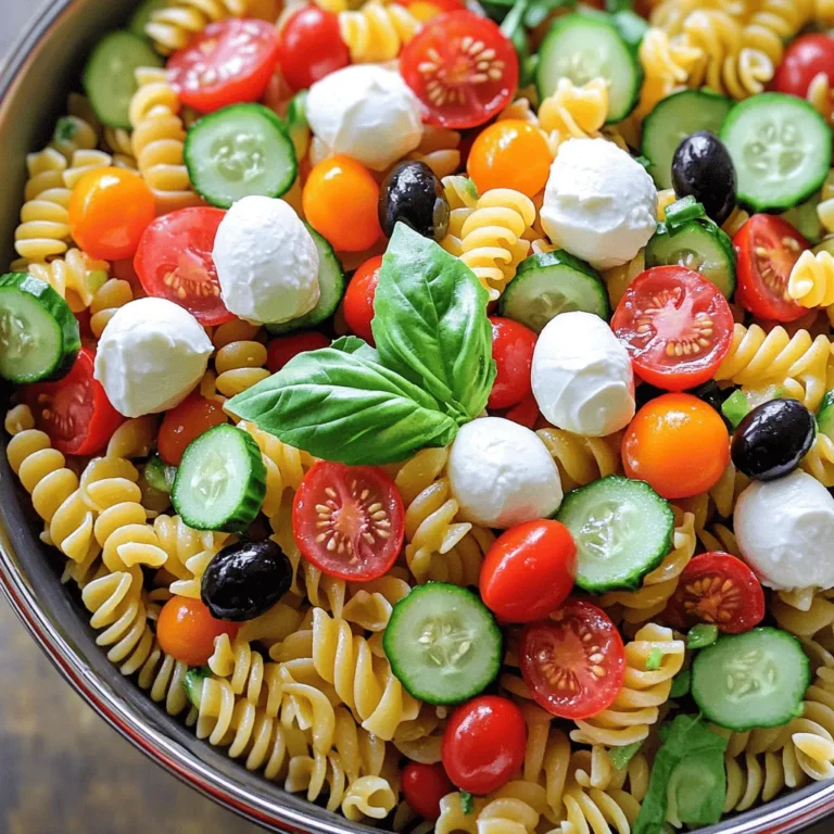 To make a Zesty Italian Pasta Salad, you need fresh and colorful ingredients. Here’s the complete list of ingredients you will need: - 2 cups rotini pasta - 1 cup cherry tomatoes, halved - 1 cup cucumber, diced - 1/2 cup black olives, sliced - 1/2 cup red bell pepper, chopped - 1/4 cup red onion, finely chopped - 1/2 cup mozzarella balls, halved - 1/3 cup Italian dressing - 1 tablespoon fresh basil, chopped - 1 teaspoon dried oregano - Salt and pepper to taste Each ingredient brings its own flavor and texture. The rotini pasta is fun and holds dressings well. Cherry tomatoes add sweetness, while cucumbers give a nice crunch. Black olives bring a salty bite, and bell peppers add color and freshness. Red onions add a bit of sharpness, while mozzarella balls provide creaminess. For the dressing, you can use store-bought or make your own. I love using fresh basil and oregano for a burst of flavor. Finally, season with salt and pepper to balance everything. You can find the full recipe [here]. Enjoy your cooking adventure! - Bring salted water to a boil. - Cook rotini pasta until al dente. - Drain and cool under cold water. Cooking the pasta is the first step. Use a large pot and fill it with water. Add a good amount of salt to the water. This step adds flavor to the pasta. Once the water boils, add the rotini pasta. Follow the package directions for cooking time until it is al dente. This means the pasta should be firm but cooked. After cooking, drain the pasta and rinse it under cold water. This stops the cooking process and cools the pasta quickly. - Combine cherry tomatoes, cucumber, olives, bell pepper, and onion. - Stir gently to mix. While the pasta cools, you can prepare the vegetables. Take a large bowl and add the halved cherry tomatoes, diced cucumber, sliced black olives, chopped red bell pepper, and finely chopped red onion. Each vegetable brings its own flavor and texture to the salad. Stir gently to mix them without squishing the tomatoes. This colorful mix will make your salad bright and fun! - Add cooled pasta to the vegetable mix. - Incorporate mozzarella balls. - Drizzle with dressing and seasonings. Once the pasta is cool, add it to the bowl with the mixed vegetables. Next, add halved mozzarella balls. These little cheese bites add creaminess. Now, drizzle the Italian dressing over the pasta and vegetables. Don't forget to sprinkle the fresh basil, dried oregano, salt, and pepper. These seasonings will enhance the flavors. - Toss ingredients to combine. - Refrigerate for at least 30 minutes. Now, it is time to mix everything. Toss all the ingredients together carefully. You want every part to be coated with dressing. Cover the bowl with a lid or plastic wrap. Place it in the fridge for at least 30 minutes. Chilling the salad helps the flavors blend well. Trust me, the wait is worth it! To get the best taste from your Zesty Italian Pasta Salad, choose a good Italian dressing. Brands like Annie's or Ken's work well. Don't use too much dressing at first; you can always add more later. Always taste as you go. A little salt and pepper can boost the flavor. Remember, it's easy to add, but hard to take away. Serving your pasta salad is just as fun as making it! You can use a large bowl for a family-style meal. This makes it easy for everyone to help themselves. For a more stylish look, you can serve it in small bowls. This way, each guest gets their own. A sprinkle of fresh basil on top adds a nice touch. It makes the dish look bright and tasty! One common mistake is overcooking the pasta. Make sure to cook it just until it's al dente. This keeps your pasta from getting mushy. Another mistake is not chilling the salad. Chilling helps the flavors blend well. If you skip this step, your salad may not taste as good. Aim to chill it for at least 30 minutes before serving. For the full recipe, check out the Zesty Italian Pasta Salad section. {{image_4}} You can easily adapt this salad to fit different diets. For a gluten-free option, use gluten-free rotini pasta. It cooks just like regular pasta. Many brands make great options now. For a vegan twist, swap the mozzarella cheese with vegan cheese or even avocado. Both add creaminess and flavor to your dish. Want to make this salad more filling? Add some protein! Grilled chicken works great. Just chop it into bite-sized pieces. Shrimp is another tasty choice. Cook it until pink and toss it in. For a plant-based option, chickpeas are perfect. They add a nice texture. When you add protein, taste your salad again. You may need to adjust the seasoning. Just add a pinch of salt or a dash of dressing. Using seasonal veggies can elevate your pasta salad. In summer, add fresh zucchini or bell peppers. They bring a nice crunch and color. In fall, roasted butternut squash can add sweet notes. You can also switch up the dressing. Try a balsamic vinaigrette for a tangy twist. This keeps your salad exciting and fresh year-round. To store your zesty Italian pasta salad, use airtight containers. Glass or plastic containers work well. Make sure the lid seals tightly to keep air out. This helps maintain freshness. For best results, store the salad in the fridge within two hours of serving. You can freeze pasta salad, but it might change texture. To freeze, place it in a freezer-safe container. Label the container with the date. When ready to eat, thaw it in the fridge overnight. Reheat gently on the stove or in the microwave. Be careful not to overcook it again. In the fridge, your pasta salad lasts about three to five days. Keep an eye out for signs of spoilage. If it has an off smell, or if the vegetables look mushy, it’s best to toss it. Trust your senses; they guide you well in the kitchen. You can make Zesty Italian Pasta Salad a day before serving. Cook the pasta, mix it with the veggies, and add the dressing. Store it in the fridge. Chilling helps the flavors blend well. Just give it a good toss before serving. This makes it a great option for parties. Yes, you can customize the ingredients to fit your taste. Try adding different vegetables like bell peppers or zucchini. You can also swap out mozzarella for feta or add beans for protein. Get creative! Make it your own. Italian Pasta Salad pairs well with grilled meats, like chicken or steak. It also goes nicely with crusty bread or a fresh green salad. For a fun twist, serve it with garlic bread for a complete meal. No, it's not safe to leave pasta salad out for long. The safe time is about two hours. After that, bacteria can grow, making it unsafe to eat. Keep it chilled if you are not serving it right away. Absolutely! Homemade Italian dressing adds a personal touch. You can control the flavors and ingredients. Mix olive oil, vinegar, herbs, and spices to create your blend. This makes the salad even more special. For the full recipe, check out the section above! This Zesty Italian Pasta Salad is a bright and tasty dish. It combines fresh veggies, pasta, and cheese. Each bite is full of flavor. Here’s a quick look at what you need and how to make it. - 2 cups rotini pasta - 1 cup cherry tomatoes, halved - 1 cup cucumber, diced - 1/2 cup black olives, sliced - 1/2 cup red bell pepper, chopped - 1/4 cup red onion, finely chopped - 1/2 cup mozzarella balls, halved - 1/3 cup Italian dressing (store-bought or homemade) - 1 tablespoon fresh basil, chopped - 1 teaspoon dried oregano - Salt and pepper to taste First, cook the rotini pasta in salted boiling water. Follow the package instructions for best results. Drain and cool the pasta under cold water. This stops the cooking and keeps it firm. While the pasta cools, chop the veggies. Use a large bowl for the cherry tomatoes, cucumber, black olives, red bell pepper, and red onion. Stir them gently to mix. Next, add the cooled pasta to the veggies. Toss in the mozzarella balls, making sure they spread evenly. Now, drizzle the Italian dressing over the mix. Add the chopped basil, dried oregano, and a sprinkle of salt and pepper. Toss everything together until well coated. Finally, cover the bowl and chill in the fridge for at least 30 minutes. This step helps all the flavors blend nicely. Serve the pasta salad in a large bowl. You can also use individual bowls for a fun touch. Garnish with extra basil leaves for color. Enjoy this tasty dish at picnics or family meals! This blog post detailed how to make a zesty Italian pasta salad. We reviewed all the ingredients, cooking steps, and tips for the best flavor. You learned how to store leftovers and variations to suit your diet. Remember to chill the salad and avoid overcooking the pasta. With these tips, you can impress friends and family with this easy dish. Enjoy creating your own version of this refreshing salad!