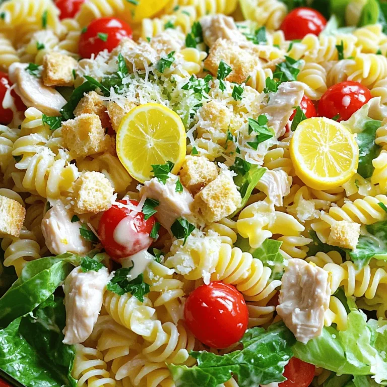 For the Chicken Caesar Pasta Salad, you will need these main ingredients: - 8 oz fusilli pasta - 1 cup cooked chicken breast, diced (or rotisserie chicken) - 1 cup romaine lettuce, chopped into bite-sized pieces - 1/2 cup cherry tomatoes, halved - 1/4 cup freshly grated Parmesan cheese - 1/4 cup Caesar dressing - 2 tablespoons freshly squeezed lemon juice - 1 teaspoon garlic powder - Salt and black pepper, to taste - 1/4 cup crunchy croutons (for garnish) - Fresh parsley, finely chopped (for garnish) These ingredients come together to create a vibrant and tasty dish. Feel free to customize your salad with these optional ingredients: - Avocado slices for creaminess - Grilled zucchini or bell peppers for extra veggies - Bacon bits for a smoky flavor - Extra herbs like basil or dill for freshness Adding these extras can make your salad unique and tailored to your taste. This salad not only tastes great but also packs some nutritional value. Here is a rough estimate of what you get per serving: - Calories: About 400 - Protein: 30g - Carbohydrates: 35g - Fat: 20g - Fiber: 3g This Chicken Caesar Pasta Salad is a balanced meal, making it perfect for lunch or dinner. You can find the full recipe at [Full Recipe]. First, grab a large pot and fill it with water. Bring the water to a rolling boil. Add a pinch of salt to the water. Now, add 8 oz of fusilli pasta. Cook it for 8-10 minutes until it's al dente. When the pasta is done, drain it well. Rinse it under cold water to stop cooking. This helps keep the pasta firm and cool. Set the pasta aside in a large bowl. Next, let’s focus on the chicken. If you have leftover cooked chicken, chop it into small pieces. If you’re using fresh chicken, season it with salt, black pepper, and 1 teaspoon of garlic powder. Cook it in a skillet over medium heat for 6-8 minutes. Make sure it’s cooked through and no longer pink. Let the chicken rest for a few minutes, then chop it into bite-sized pieces. Now, it’s time to bring it all together. In the large bowl with the pasta, add the diced chicken. Then, toss in 1 cup of chopped romaine lettuce and 1/2 cup of halved cherry tomatoes. Gently mix everything to keep the lettuce fresh. In a small bowl, whisk together 1/4 cup of Caesar dressing and 2 tablespoons of fresh lemon juice. Pour the dressing over the salad and toss it all together. Sprinkle 1/4 cup of grated Parmesan cheese and 1/4 cup of crunchy croutons on top. For a fresh touch, add some chopped parsley. Enjoy your Chicken Caesar Pasta Salad right away for the best taste! To make the best Caesar dressing, use fresh ingredients. Start with a good Caesar dressing base. Add freshly squeezed lemon juice for a bright taste. This gives your salad a fresh kick. If you like garlic, mix in some minced garlic. This adds depth to the flavor. Taste your dressing before pouring it over the salad. Adjust salt and pepper to your liking. For a creamier texture, whisk in some Greek yogurt or sour cream. This can make the salad richer and more satisfying. Serve this salad in a big bowl to show off its colors. Layer it with extra romaine for a nice crunch. Add more cherry tomatoes for a sweet touch. For a fun twist, sprinkle some bacon bits or chopped olives on top. This adds extra flavor and texture. You can also serve it as a side dish for grilled meats. Pair it with garlic bread for a full meal. For a picnic, pack the salad in a jar. Just layer the ingredients and keep the dressing separate until serving. To save time, use rotisserie chicken. It’s already cooked and ready to go. You can also cook the pasta in advance. Just store it in the fridge until you’re ready to mix the salad. Pre-chop your veggies and store them in airtight containers. This makes assembly quick and easy. If you have leftovers, make sure to keep the dressing separate. This keeps the salad fresh and crunchy. You can enjoy it for lunch the next day, too! Check out the full recipe for more details. {{image_4}} You can add many proteins to your Chicken Caesar Pasta Salad. Grilled shrimp gives a sweet and savory taste. You can use steak for a heartier meal. If you like fish, try adding tuna for a fresh twist. Each protein adds a unique flavor and texture. For a vegetarian version, skip the chicken and use chickpeas. They add protein and a nice bite. To make it vegan, swap the Caesar dressing for a plant-based version. You can also use nutritional yeast instead of Parmesan cheese for a cheesy flavor without dairy. If you have dietary needs, you can make simple swaps. Use gluten-free pasta if you need to avoid gluten. For a lower carb option, try zucchini noodles. If you're watching calories, cut down on the dressing or use a lighter version. Always feel free to adjust this recipe to fit your diet. To store your Chicken Caesar Pasta Salad, place it in an airtight container. This keeps the flavors fresh and prevents it from drying out. Make sure it cools down first before sealing. You can store it in the fridge for up to three days. For meal prep, divide the salad into single-serving containers. This makes it easy to grab and go. Keep the croutons and dressing separate until you're ready to eat. This way, the salad stays crisp, and the flavors blend perfectly when you mix it. The salad tastes best cold. If you want to reheat it, warm the chicken separately, then mix it back in. However, I recommend enjoying it cold for the best flavor. The salad keeps well for about three days, but the croutons may lose their crunch after a day. For the freshest taste, eat it sooner rather than later. For more details, check out the Full Recipe. To make Chicken Caesar Pasta Salad less calorie-dense, you can swap some ingredients. Use whole wheat pasta instead of regular. This change adds fiber and nutrients. You can also replace Caesar dressing with a lighter version or make your own with yogurt. This option cuts down on fat. Reducing the amount of cheese and croutons helps too. You get the flavor without the extra calories. Focus on using more veggies, like cucumbers or bell peppers. They add crunch and volume without many calories. Yes, you can use different types of pasta for this salad. Fusilli is great, but penne, rotini, or even whole wheat pasta works well too. Gluten-free pasta is an option if you need it. Each type brings its unique shape and texture. Just make sure to cook it al dente as per package directions. This ensures it holds up well with the dressing and other ingredients. When looking for the best store-bought Caesar dressings, I recommend a few brands. Look for ones with natural ingredients and low sugar. Some great options include Annie's Organic Caesar, Ken's Steakhouse, and Cardini's. These dressings have a good balance of flavor and creaminess. Always check the label. You want a dressing that fits your taste and dietary needs. If possible, try a few to find your favorite! This post detailed how to make Chicken Caesar Pasta Salad. You learned about main ingredients, tips for making the best dressing, and how to customize your meal. We covered storage, time-saving tricks, and tasty variations. In summary, this salad is easy to make. You can enjoy it fresh or save it for later. Use these tips to make your dish unique. Enjoy your cooking journey!