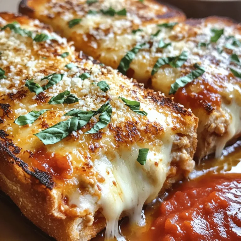 - 2 slices of rustic sourdough bread - 1 cup cooked chicken, shredded - 1 cup marinara sauce - 1 cup shredded mozzarella cheese - ¼ cup freshly grated Parmesan cheese - 1 tablespoon extra virgin olive oil - 1 teaspoon garlic powder - 1 teaspoon dried Italian seasoning - Salt and pepper, to taste Gathering the right ingredients is key to making a great Lazy Chicken Parmesan Grilled Cheese. Start with rustic sourdough bread. This bread gives your sandwich a hearty base. Next, grab cooked chicken. Shredded rotisserie chicken is a fantastic choice. It adds flavor and saves time. For the sauce, you can use homemade or store-bought marinara. Either way, it brings rich taste. Now, mozzarella cheese is a must for that gooey, stretchy texture. The Parmesan cheese adds a nice sharp bite too. You will also need some simple seasonings. Extra virgin olive oil helps achieve that golden crust. Garlic powder brings out depth in flavor. Italian seasoning adds a nice herbal note. Finally, don’t forget salt and pepper to taste. With these ingredients, you'll create a delightful twist on a classic dish. For the full recipe, check out the [Full Recipe]. First, preheat your skillet over medium heat. This gets the skillet hot and ready. Next, add a tablespoon of olive oil. This will coat the bottom of the skillet. The oil helps keep the bread from sticking and adds flavor. In a mixing bowl, combine your shredded chicken and marinara sauce. You can use any chicken you like, but rotisserie chicken is fast and tasty. Then, add garlic powder, Italian seasoning, and a pinch of salt and pepper. Mix everything well. You want all the chicken to be coated in sauce and spices. Take one slice of the sourdough bread and place it in the hot skillet. Layer half of the shredded mozzarella cheese on top. Spoon the chicken mixture onto the cheese, spreading it evenly. Add the rest of the mozzarella cheese on top of the chicken. Finish with a sprinkle of grated Parmesan cheese. Place the second slice of sourdough on top to make a sandwich. Grill it for about 3-4 minutes. You want the bottom to be golden brown and the cheese to begin melting. Carefully flip the sandwich using a spatula. Grill the other side for another 3-4 minutes. You want both sides crispy and the cheese fully melted. Once done, take it out and slice it in half. Let it cool for a minute before serving. This helps the cheese set a bit. Enjoy your Lazy Chicken Parmesan Grilled Cheese! For more details, check out the Full Recipe. Using rotisserie chicken makes this recipe quick and easy. You can find it at most grocery stores. It saves time, as it is already cooked and seasoned. To shred chicken quickly, use two forks to pull it apart. This method works well and takes just minutes. You can also use your hands if the chicken is cool enough. For the best grilled cheese, choose rustic sourdough bread. It has a great texture and flavor. You can also try a hearty Italian bread or whole grain. To achieve a crispy crust, heat your skillet over medium heat. Make sure to coat the pan with olive oil evenly. This will help the bread brown nicely and not stick. To ensure the cheese melts perfectly, use a mix of mozzarella and Parmesan. The mozzarella adds stretch, while Parmesan adds a sharp flavor. Place a lid on the skillet to trap heat and help the cheese melt faster. This prevents the sandwich from getting soggy. Grill the sandwich until the bread is golden brown and the cheese is gooey. {{image_4}} You can easily boost the health of your Lazy Chicken Parmesan Grilled Cheese by adding veggies. Spinach is a great choice. It adds color and nutrients. Just toss in a handful of fresh spinach when you layer the chicken. Bell peppers work well too. Slice them thin, and add them with the chicken. They give a nice crunch and a pop of flavor. Other ingredients can add texture and taste. Try sun-dried tomatoes for a tangy bite. You can also add mushrooms for an earthy note. Each veggie brings its own special twist. Experiment with what you like best! If you love heat, spice up your sandwich! One easy way is to use spicy marinara sauce. It adds warmth and flavor. You can also add jalapeños for an extra kick. Slice them thin and layer them on top of the chicken. Using pepper jack cheese is another fun option. This cheese melts beautifully and has a nice heat. Mix it with mozzarella to keep things gooey and flavorful. Your taste buds will thank you! For those who need a gluten-free choice, there are great alternatives. Instead of sourdough, try gluten-free bread. Look for brands that are soft and hearty. They will hold up well when grilling. You can adjust the recipe easily. Ensure your marinara sauce is gluten-free too. Many brands offer this option. Always check the labels when shopping. This way, everyone can enjoy this delicious meal! For the full recipe, be sure to check the complete guide. To keep your Lazy Chicken Parmesan Grilled Cheese fresh, wrap it tightly in foil or plastic wrap. Place it in an airtight container. This method helps keep the flavors and moisture inside. You can store it in the fridge for up to three days. If you want to keep it longer, consider freezing it. It can last in the freezer for about one month. Just remember to let it cool completely before storing. Reheating your grilled cheese needs care. I recommend using a skillet or toaster oven for the best results. Heat the skillet over low to medium heat. Add a small amount of butter or oil to keep it crispy. Place the sandwich in the skillet and cover it with a lid. This helps the cheese melt without burning the bread. Heat for about 3-4 minutes on each side. If using a toaster oven, set it to 350°F (175°C). Bake for around 10-15 minutes until warm and crispy. Enjoy that delicious, gooey goodness just like the first time! Yes, you can prepare this dish in advance. Here are some tips for prepping. - Cook the chicken: Shred and mix it with marinara sauce. Store it in the fridge. - Slice the bread: Cut the sourdough and keep it in a sealed bag. - Grate cheese: Pre-grate the mozzarella and Parmesan. Store these in airtight containers. - Assemble before cooking: You can layer the sandwich without grilling. Wrap it tightly in plastic wrap. Making these steps ahead helps save time. Just grill when you are ready to eat! Yes, you can freeze Lazy Chicken Parmesan Grilled Cheese. Here are the best practices. - Assemble without grilling: Build the sandwich fully, but do not cook it. - Wrap tightly: Use plastic wrap or aluminum foil to cover each sandwich. - Store in a freezer bag: Label with the date, then place in the freezer. When you want to eat it, thaw in the fridge overnight. Reheat in a skillet to keep it crispy. Pairing sides can enhance your meal. Here are some tasty suggestions. - Salad: A fresh mixed greens salad adds crunch. - Soup: Tomato or basil soup complements the sandwich well. - Fries: Crispy fries or sweet potato fries are a fun choice. - Veggies: Roasted or steamed veggies give a healthy balance. These sides will make your meal even more delightful. Enjoy your Lazy Chicken Parmesan Grilled Cheese! You learned how to make Lazy Chicken Parmesan Grilled Cheese. This dish is tasty and easy. We covered main ingredients, cooking steps, and useful tips. I shared fun variations to fit your taste. Now, you can store leftovers and reheat them without losing flavor. Enjoy your cooking and make this sandwich again. It’s a great meal for busy days or fun gatherings. Happy grilling!