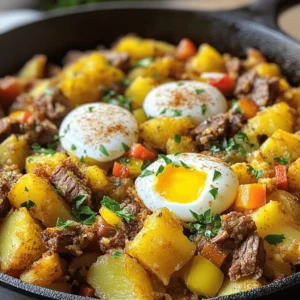 - 2 cups cooked corned beef, finely chopped - 3 medium potatoes, peeled and diced - 1 medium onion, finely chopped - 1 bell pepper, diced - 2 cloves garlic, minced - 2 tablespoons olive oil - 1 teaspoon smoked paprika - ½ teaspoon black pepper - ½ teaspoon salt - 2 large eggs (optional) - Fresh parsley for garnish When making corned beef hash, using the right ingredients is key. The star of the dish is the corned beef. It should be chopped finely. This lets it blend well with the other ingredients. Next, potatoes are the base. I like using three medium potatoes. They add heartiness to the dish. Peel and dice them into small cubes. This helps them cook evenly and get nice and crispy. Onions and bell peppers add sweetness and crunch. I prefer one medium onion and one bell pepper, but you can mix colors if you like. Garlic gives a nice flavor boost. Don’t forget the olive oil! It helps everything cook and adds richness. I use smoked paprika for a touch of warmth and depth. Salt and black pepper round out the flavors. Lastly, the eggs are optional but add a great touch. You can serve the hash with a sprinkle of fresh parsley for color and freshness. This adds a bright flavor to the dish. For the full recipe, check the Corned Beef Hash Extravaganza 🥔 guide. - Large pot for boiling - Spacious skillet - Cooking utensils Using the right tools makes cooking easier. A large pot is best for boiling the potatoes. You want enough room to cook them all at once. A spacious skillet is key for frying the hash. It lets everything brown evenly. Make sure you have good cooking utensils, like spatulas and spoons, to mix and serve. Having the right equipment makes the process smoother and more fun. Start by filling a large pot with water. Bring it to a rolling boil. Carefully add the diced potatoes. Boil them for about 10 minutes. The potatoes should be just tender. You can check this by poking them with a fork. Once done, drain the potatoes well. Set them aside to cool slightly. Next, grab a spacious skillet and heat the olive oil over medium heat. Once the oil is hot, add the chopped onion and diced bell pepper. Sauté these for about 5 minutes. Stir them often until they become soft and translucent. This step builds a nice flavor base for your hash. Now it’s time to add the minced garlic to the skillet. Also, sprinkle in the smoked paprika, black pepper, and salt. Stir everything together well. Cook for an additional 1-2 minutes. Enjoy the lovely aroma that fills your kitchen at this point. Carefully add the cooked potatoes and chopped corned beef to the skillet. Gently mix everything together. Ensure that the corned beef and potatoes are evenly distributed. Let them cook together for about 8-10 minutes. Stir occasionally until the corned beef is slightly caramelized and the potatoes are crispy. If you want to add eggs, create two small wells in the hash. Crack one egg into each well. Cover the skillet with a lid. Cook for about 3-5 minutes. Adjust the time based on how you like your eggs. Shorter for runny yolks, longer for firm yolks. Once everything is cooked through, take the pan off the heat. Sprinkle freshly chopped parsley over the top. This adds a nice pop of color and fresh taste. For a rustic touch, serve the corned beef hash in a cast-iron skillet or in bowls. If you added eggs, top each serving with one. Enjoy with a side of hot sauce or your favorite condiment! For the full recipe, check the original source. To get crispy potatoes and a tasty hash, start with the right potatoes. Use starchy potatoes like russets. They become fluffy inside. Boil them just until tender, but not mushy. Drain them well so they don’t steam in the pan. When you sauté, use enough oil. This helps achieve that golden crust we all love. Don’t stir too often. Let them sit a bit before flipping. This allows those crispy edges to form. Seasoning is key to a great corned beef hash. Smoked paprika adds a nice depth. You can change the spices to match your taste. Try adding cumin for warmth or cayenne for heat. Fresh herbs like thyme or rosemary can brighten the dish. Taste as you go! Don’t be afraid to adjust the salt and pepper to your liking. Each cook has their own flavor preference. You can cook corned beef hash in a few ways. The stovetop is most common, but you can also bake it. For a baked version, spread the hash in a baking dish and cover it. Bake at 375°F until heated through and crispy. If you want a quicker option, try using an air fryer. It cooks evenly and gives great texture. Just remember to not overcrowd the pan. This keeps the heat circulating and ensures even cooking. Using these tips will help elevate your corned beef hash to a new level. For a full recipe, check out the Corned Beef Hash Extravaganza! {{image_4}} You can really amp up your corned beef hash by adding veggies. Here are some great ideas: - Carrots: Diced small, they add a nice sweetness. - Spinach: Added near the end, it wilts down beautifully. - Zucchini: Diced and sautéed, it brings moisture and flavor. - Mushrooms: Sliced and cooked, they add a rich, earthy taste. - Peas: Frozen peas can be added right at the end for a pop of color. These veggies not only make your hash more colorful but also boost its nutrition. To elevate your dish, consider using spices and sauces. Here are some handy tips: - Hot Sauce: A splash can add heat and zest. - Worcestershire Sauce: A few drops can deepen the flavor profile. - Herbs: Fresh thyme or rosemary can bring a fragrant touch. - Mustard: A dollop of Dijon gives a tangy kick. - Cheese: Adding shredded cheese at the end creates a creamy layer. These small changes can transform your corned beef hash into something special. If you want to switch things up, try different proteins. Here are some options: - Turkey: Use cooked turkey for a leaner version. - Chicken: Shredded chicken works well and keeps it light. - Plant-Based: For a vegan option, use jackfruit or tempeh. - Pork: Cooked pulled pork can add a smoky flavor. These alternatives can suit various diets while keeping your meal hearty and satisfying. To keep corned beef hash fresh, let it cool down first. Place it in an airtight container. Store it in the fridge for up to three days. If you want to keep it longer, consider freezing it. To reheat, use a skillet over medium heat. Add a splash of water or oil to help steam. Stir often to heat evenly. This keeps the hash nice and moist. You can also use the microwave for quick reheating. Just cover it and heat in 30-second bursts until warm. To freeze corned beef hash, pack it tightly in a freezer-safe container. Be sure to leave some space for expansion. It will last for up to three months. When ready to eat, thaw it in the fridge overnight. Reheat as mentioned above. This method helps retain flavor and texture. Corned beef hash is a tasty mix of chopped corned beef and potatoes. It often has onions and peppers for added flavor. This dish started as a way to use leftover corned beef, a popular meat from Ireland. People would chop it up with potatoes and fry it in a pan. Over time, it became a favorite breakfast dish in many homes. You can find it in diners and cafes across the country. Yes, you can prepare corned beef hash ahead of time. Cook it fully and let it cool. Store it in the fridge in a sealed container. It will stay fresh for about three days. To save time, you can also chop the ingredients before cooking. Just keep them separate until you are ready to cook. For best results, reheat it in a skillet on the stove. This way, it will regain its crispy texture. Corned beef hash pairs well with many sides. Here are some great options: - Toasted bread or English muffins - Fresh fruit for a light touch - A side salad for some greens - Eggs cooked your way, like sunny-side up or scrambled - Hot sauce for a spicy kick These sides can balance the hearty nature of the hash. They also add color and variety to your plate. For a complete meal, feel free to mix and match! This post walked you through making a delicious corned beef hash. You learned the essential ingredients, helpful equipment, and step-by-step instructions. Tips and tricks helped you get the perfect texture and flavors. You also discovered fun variations and how to store your leftovers. Now you can enjoy this hearty dish any day. Trust your skills, and don’t hesitate to experiment with new flavors. Happy cooking!