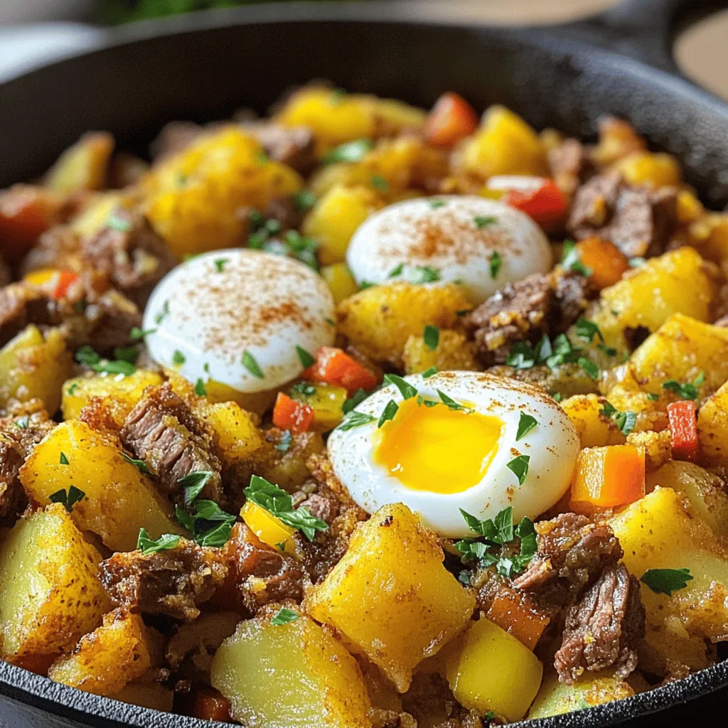 - 2 cups cooked corned beef, finely chopped - 3 medium potatoes, peeled and diced - 1 medium onion, finely chopped - 1 bell pepper, diced - 2 cloves garlic, minced - 2 tablespoons olive oil - 1 teaspoon smoked paprika - ½ teaspoon black pepper - ½ teaspoon salt - 2 large eggs (optional) - Fresh parsley for garnish When making corned beef hash, using the right ingredients is key. The star of the dish is the corned beef. It should be chopped finely. This lets it blend well with the other ingredients. Next, potatoes are the base. I like using three medium potatoes. They add heartiness to the dish. Peel and dice them into small cubes. This helps them cook evenly and get nice and crispy. Onions and bell peppers add sweetness and crunch. I prefer one medium onion and one bell pepper, but you can mix colors if you like. Garlic gives a nice flavor boost. Don’t forget the olive oil! It helps everything cook and adds richness. I use smoked paprika for a touch of warmth and depth. Salt and black pepper round out the flavors. Lastly, the eggs are optional but add a great touch. You can serve the hash with a sprinkle of fresh parsley for color and freshness. This adds a bright flavor to the dish. For the full recipe, check the Corned Beef Hash Extravaganza 🥔 guide. - Large pot for boiling - Spacious skillet - Cooking utensils Using the right tools makes cooking easier. A large pot is best for boiling the potatoes. You want enough room to cook them all at once. A spacious skillet is key for frying the hash. It lets everything brown evenly. Make sure you have good cooking utensils, like spatulas and spoons, to mix and serve. Having the right equipment makes the process smoother and more fun. Start by filling a large pot with water. Bring it to a rolling boil. Carefully add the diced potatoes. Boil them for about 10 minutes. The potatoes should be just tender. You can check this by poking them with a fork. Once done, drain the potatoes well. Set them aside to cool slightly. Next, grab a spacious skillet and heat the olive oil over medium heat. Once the oil is hot, add the chopped onion and diced bell pepper. Sauté these for about 5 minutes. Stir them often until they become soft and translucent. This step builds a nice flavor base for your hash. Now it’s time to add the minced garlic to the skillet. Also, sprinkle in the smoked paprika, black pepper, and salt. Stir everything together well. Cook for an additional 1-2 minutes. Enjoy the lovely aroma that fills your kitchen at this point. Carefully add the cooked potatoes and chopped corned beef to the skillet. Gently mix everything together. Ensure that the corned beef and potatoes are evenly distributed. Let them cook together for about 8-10 minutes. Stir occasionally until the corned beef is slightly caramelized and the potatoes are crispy. If you want to add eggs, create two small wells in the hash. Crack one egg into each well. Cover the skillet with a lid. Cook for about 3-5 minutes. Adjust the time based on how you like your eggs. Shorter for runny yolks, longer for firm yolks. Once everything is cooked through, take the pan off the heat. Sprinkle freshly chopped parsley over the top. This adds a nice pop of color and fresh taste. For a rustic touch, serve the corned beef hash in a cast-iron skillet or in bowls. If you added eggs, top each serving with one. Enjoy with a side of hot sauce or your favorite condiment! For the full recipe, check the original source. To get crispy potatoes and a tasty hash, start with the right potatoes. Use starchy potatoes like russets. They become fluffy inside. Boil them just until tender, but not mushy. Drain them well so they don’t steam in the pan. When you sauté, use enough oil. This helps achieve that golden crust we all love. Don’t stir too often. Let them sit a bit before flipping. This allows those crispy edges to form. Seasoning is key to a great corned beef hash. Smoked paprika adds a nice depth. You can change the spices to match your taste. Try adding cumin for warmth or cayenne for heat. Fresh herbs like thyme or rosemary can brighten the dish. Taste as you go! Don’t be afraid to adjust the salt and pepper to your liking. Each cook has their own flavor preference. You can cook corned beef hash in a few ways. The stovetop is most common, but you can also bake it. For a baked version, spread the hash in a baking dish and cover it. Bake at 375°F until heated through and crispy. If you want a quicker option, try using an air fryer. It cooks evenly and gives great texture. Just remember to not overcrowd the pan. This keeps the heat circulating and ensures even cooking. Using these tips will help elevate your corned beef hash to a new level. For a full recipe, check out the Corned Beef Hash Extravaganza! {{image_4}} You can really amp up your corned beef hash by adding veggies. Here are some great ideas: - Carrots: Diced small, they add a nice sweetness. - Spinach: Added near the end, it wilts down beautifully. - Zucchini: Diced and sautéed, it brings moisture and flavor. - Mushrooms: Sliced and cooked, they add a rich, earthy taste. - Peas: Frozen peas can be added right at the end for a pop of color. These veggies not only make your hash more colorful but also boost its nutrition. To elevate your dish, consider using spices and sauces. Here are some handy tips: - Hot Sauce: A splash can add heat and zest. - Worcestershire Sauce: A few drops can deepen the flavor profile. - Herbs: Fresh thyme or rosemary can bring a fragrant touch. - Mustard: A dollop of Dijon gives a tangy kick. - Cheese: Adding shredded cheese at the end creates a creamy layer. These small changes can transform your corned beef hash into something special. If you want to switch things up, try different proteins. Here are some options: - Turkey: Use cooked turkey for a leaner version. - Chicken: Shredded chicken works well and keeps it light. - Plant-Based: For a vegan option, use jackfruit or tempeh. - Pork: Cooked pulled pork can add a smoky flavor. These alternatives can suit various diets while keeping your meal hearty and satisfying. To keep corned beef hash fresh, let it cool down first. Place it in an airtight container. Store it in the fridge for up to three days. If you want to keep it longer, consider freezing it. To reheat, use a skillet over medium heat. Add a splash of water or oil to help steam. Stir often to heat evenly. This keeps the hash nice and moist. You can also use the microwave for quick reheating. Just cover it and heat in 30-second bursts until warm. To freeze corned beef hash, pack it tightly in a freezer-safe container. Be sure to leave some space for expansion. It will last for up to three months. When ready to eat, thaw it in the fridge overnight. Reheat as mentioned above. This method helps retain flavor and texture. Corned beef hash is a tasty mix of chopped corned beef and potatoes. It often has onions and peppers for added flavor. This dish started as a way to use leftover corned beef, a popular meat from Ireland. People would chop it up with potatoes and fry it in a pan. Over time, it became a favorite breakfast dish in many homes. You can find it in diners and cafes across the country. Yes, you can prepare corned beef hash ahead of time. Cook it fully and let it cool. Store it in the fridge in a sealed container. It will stay fresh for about three days. To save time, you can also chop the ingredients before cooking. Just keep them separate until you are ready to cook. For best results, reheat it in a skillet on the stove. This way, it will regain its crispy texture. Corned beef hash pairs well with many sides. Here are some great options: - Toasted bread or English muffins - Fresh fruit for a light touch - A side salad for some greens - Eggs cooked your way, like sunny-side up or scrambled - Hot sauce for a spicy kick These sides can balance the hearty nature of the hash. They also add color and variety to your plate. For a complete meal, feel free to mix and match! This post walked you through making a delicious corned beef hash. You learned the essential ingredients, helpful equipment, and step-by-step instructions. Tips and tricks helped you get the perfect texture and flavors. You also discovered fun variations and how to store your leftovers. Now you can enjoy this hearty dish any day. Trust your skills, and don’t hesitate to experiment with new flavors. Happy cooking!