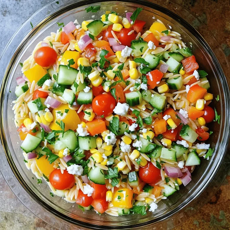 - 1 cup orzo pasta - 1 cup cherry tomatoes, halved - 1 cup cucumber, diced - 1 cup bell peppers (mixed colors), diced - 1 cup corn kernels - 1/2 cup red onion, chopped - 1/4 cup fresh parsley, chopped - 1/4 cup feta cheese (optional) - 3 tablespoons extra virgin olive oil - 2 tablespoons lemon juice - 1 teaspoon dried oregano - Salt and black pepper to taste In this Rainbow Orzo Salad, I love the fresh and vibrant colors. The main ingredients are simple and easy to find. Orzo pasta serves as the base. I often use small pasta for this dish. It holds the dressing well and adds a nice texture. Next, I add cherry tomatoes, which bring sweetness. Their bright red color looks great in the salad. The cucumber adds a nice crunch. I prefer to dice it into small pieces to make it easy to eat. Bell peppers add a pop of color and sweetness too. Use a mix of red, yellow, and green for the best look. Corn brings a sweet bite. You can use fresh corn or thawed frozen corn, whichever you have. Red onion gives a sharp flavor. I chop it finely so it blends well with the other veggies. Fresh parsley adds a hint of freshness. If you like cheese, sprinkle in some feta for a creamy touch. Now, let’s talk about the dressing. It’s simple yet full of flavor. I use extra virgin olive oil for richness. Lemon juice adds brightness and cuts through the richness. Dried oregano gives an earthy flavor. Don’t forget to season with salt and pepper to taste. You can easily find the full recipe to guide you in making this dish. Enjoy the colors and flavors in your bowl! To start, you need to cook the orzo. First, boil salted water in a medium pot. Once the water is boiling, add the orzo. Cook it until it is al dente. This usually takes about 8 to 10 minutes. After cooking, drain the orzo in a colander. Rinse it under cold water to stop the cooking. Set the orzo aside to cool completely. Next, grab a large mixing bowl. In this bowl, combine the cherry tomatoes, cucumber, bell peppers, corn, red onion, and parsley. Make sure you cut the vegetables into small pieces. Stir gently so the colors mix well. Then, fold the cooled orzo into the vegetable mix. Be careful not to mash the veggies. Now, let’s prepare the dressing. In a small bowl, whisk together the olive oil, lemon juice, oregano, salt, and pepper. This dressing will bring all the flavors together. Taste it to make sure it’s just right. Once your dressing is ready, drizzle it over the salad. Mix everything well so the dressing coats all the ingredients. If you want, you can fold in the feta cheese at this stage. This adds a creamy texture that many love. Finally, taste your salad and adjust the seasoning. You might want to add more salt, pepper, or lemon juice. After that, cover the bowl and chill the salad in the refrigerator for at least 30 minutes. This chilling helps all the flavors blend perfectly. You can find the full recipe for more details on preparation. - How to avoid mushy orzo: Cook the orzo in boiling salted water. Follow the package time closely. Drain it, then rinse under cold water. This stops cooking and keeps the orzo firm. - Tips for perfect vegetable chopping: Use a sharp knife for easier cuts. Cut all veggies into similar sizes for even cooking and nice looks. Practice safe chopping by keeping fingers out of the way. - Ideal occasions for serving Rainbow Orzo Salad: This salad shines at picnics, potlucks, and family gatherings. It makes a great side dish for barbecues or light lunches. The colors and flavors delight everyone. - Pairing with proteins or other side dishes: Serve Rainbow Orzo Salad with grilled chicken, shrimp, or tofu. It also goes well with crusty bread or a light soup for a fuller meal. - Best serving dishes for visual appeal: Use a clear glass bowl to show off the bright colors of the salad. A large platter also makes a lovely presentation. It invites people to serve themselves. - Garnishing tips: Sprinkle extra parsley or a few crumbles of feta cheese on top. You can also add a slice of lemon for a fresh look. These little touches make the salad even more inviting. For the full recipe, check out the detailed instructions to make this delicious dish. {{image_4}} You can change up the veggies in your Rainbow Orzo Salad. Here are some fun swaps: - Zucchini: Diced and adds a nice crunch. - Carrots: Grated or chopped for a sweet touch. - Spinach: Fresh leaves can bring a soft texture. For protein, consider adding: - Grilled chicken: A tasty and filling option. - Shrimp: Light and zesty, perfect for summer. - Chickpeas: Excellent for plant-based power. You can easily make this salad vegan. Just skip the feta cheese and use a vegan dressing. For gluten-free options, swap the orzo with gluten-free pasta. If you're looking for low-carb variations, try: - Zoodles: Use spiralized zucchini instead of orzo. - Cauliflower rice: A filling, low-carb alternative. Rainbow Orzo Salad shines in any season. In spring, use fresh peas and asparagus. Summer brings ripe tomatoes and sweet corn. Fall is great for roasted squash and Brussels sprouts. You can always use local produce. Visit your farmer's market for fresh veggies. This way, your salad stays vibrant and flavorful. The ingredient swaps and seasonal touches keep it exciting and new. To keep your Rainbow Orzo Salad fresh, store leftovers in an airtight container. Glass containers work best to avoid any stains from the veggies. You can also use plastic containers, but make sure they seal tightly. If you have a large batch, divide it into smaller containers. This way, you can grab a quick meal without opening the whole salad. How long does Rainbow Orzo Salad last in the fridge? It lasts about 3 to 5 days when stored properly. Always check for signs of spoilage before eating. Look for a change in color or a sour smell. If the salad gets slimy, it’s time to toss it out. Can you reheat orzo salad? While it’s best served cold, you can gently warm it. If you decide to reheat, do so on low heat in a pan. Add a splash of olive oil to help it stay moist. After storage, you might want to refresh the salad. Just add a bit of lemon juice or olive oil before serving. This helps revive the flavors and makes it taste fresh again. To make your Rainbow Orzo Salad gluten-free, choose gluten-free pasta. Options include: - Quinoa pasta - Rice pasta - Chickpea pasta - Lentil pasta These choices keep the salad tasty while meeting gluten-free needs. Yes, you can prepare this salad ahead of time. You can make it up to two days before serving. Just store it in the fridge. This time lets the flavors blend well. Rainbow Orzo Salad is packed with nutrients. Here are some benefits: - Tomatoes: Full of antioxidants and vitamin C. - Cucumbers: Stay hydrated with low calories. - Bell peppers: High in vitamins A and C. - Corn: Offers fiber and energy. - Olive oil: Contains healthy fats that boost heart health. This salad gives you a balanced mix of vitamins and minerals. Yes! Adding protein makes this salad even better. Here are some ideas: - Grilled chicken: Adds lean protein. - Shrimp: Light and flavorful. - Chickpeas: A great vegetarian option. - Tofu: For a plant-based protein boost. These additions make the salad filling and nutritious. Yes, this salad is great for meal prep. Here are some tips: - Use airtight containers: Keep the salad fresh. - Dress before serving: This way, veggies stay crisp. - Store separate proteins: Add them right before eating. These steps help you enjoy your salad throughout the week. For the complete recipe, check out the Full Recipe. Rainbow Orzo Salad brings vibrant flavors and textures to your table. In this post, we covered the main ingredients, steps to prepare, tips, variations, and storage info. Each part is simple and fun, allowing creativity. Final thoughts: Enjoy this healthy, colorful dish at any meal. It suits almost everyone’s taste with easy swaps. Always feel free to try new ingredients for your own special touch!