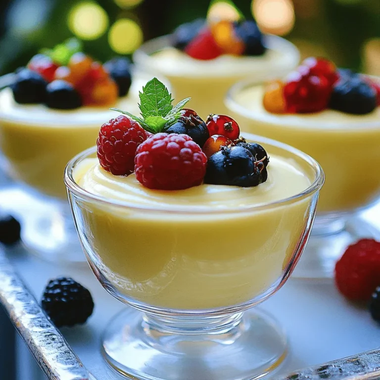 To make Heavenly Vanilla Mousse, you need these key ingredients: - 2 cups heavy whipping cream - 1 cup sweetened condensed milk - 2 teaspoons pure vanilla extract - 1 teaspoon unflavored gelatin powder - 3 tablespoons cold water - 1/4 cup powdered sugar - A pinch of salt These ingredients create a rich and creamy dessert. Each one plays a role. The heavy cream gives the mousse its lightness. The sweetened condensed milk adds sweetness and creaminess. Vanilla extract gives a warm flavor. Gelatin helps the mousse set properly. You can make your mousse even more special with these garnishes: - Fresh berries (like strawberries, blueberries, or raspberries) - Fresh mint leaves These garnishes add color and freshness to the dessert. They also enhance the overall taste, making the mousse more appealing. If you need to make changes, here are some ideas: - Use coconut cream instead of heavy cream for a dairy-free option. - Replace sweetened condensed milk with coconut milk for a lighter taste. - If you want a different flavor, try almond or hazelnut extract instead of vanilla. These substitutions allow you to customize the mousse to fit your needs and preferences. You can still enjoy a delicious dessert even if you don't have all the original ingredients. For the full recipe, check out the Heavenly Vanilla Mousse Dessert. To bloom the gelatin, start by measuring one teaspoon of unflavored gelatin powder. Place it in a small bowl. Next, add three tablespoons of cold water to the bowl. Let it sit for about five minutes. During this time, the gelatin will absorb the water and swell. After five minutes, gently heat the bowl in a small saucepan over low heat. Stir it occasionally until the gelatin completely dissolves. Be careful not to boil it. Once dissolved, remove it from the heat and let it cool slightly. Next, take two cups of heavy whipping cream and pour it into a large mixing bowl. Add a quarter cup of powdered sugar to the cream. Using an electric mixer, beat the mixture on medium speed. Keep mixing until soft peaks form. This means the cream should hold a shape but still be soft. Make sure not to overbeat, or it will turn grainy and lose its fluffy texture. The key is to stop when it looks light and airy. Now, it’s time to combine everything. Gently fold in one cup of sweetened condensed milk and two teaspoons of pure vanilla extract into the whipped cream. Use a spatula and be careful not to deflate the cream. Next, take the cooled gelatin and slowly fold it into the creamy mixture. Mix gently to keep the mousse airy. Once everything is well combined, spoon or pour the mixture into individual serving cups. Cover them with plastic wrap or lids. Place them in the fridge for at least two hours to set. When ready to serve, top each mousse with fresh berries and mint leaves for a lovely touch. To whip cream well, start with cold cream. Cold cream whips better and faster. Use a mixing bowl that is also cold. You can chill it in the fridge or freezer for a bit. This helps keep the cream cold while whipping. - Use an electric mixer for faster results. - Beat the cream on medium speed. - Stop when you see soft peaks. Soft peaks mean the cream is fluffy, not too stiff. To get the lightest texture in your mousse, fold gently. Folding means mixing without beating. When you add the sweetened condensed milk and vanilla, use a spatula. - Add the dissolved gelatin last to keep air in the mix. - Mix slowly and carefully to avoid losing air. If you mix too hard, the mousse can become heavy. One mistake is overbeating the cream. If you beat it too long, it can turn into butter. Another mistake is not letting the gelatin cool enough. Hot gelatin can melt the cream. - Always bloom your gelatin first, then dissolve it. - Don’t skip chilling the mousse after mixing. It helps it set and taste better. - Use fresh berries for garnish, but don’t add them too early. They can make the mousse soggy if they sit too long. Using these tips, your Heavenly Vanilla Mousse Dessert will be light, fluffy, and a joy to eat. For a detailed guide, check out the Full Recipe. {{image_4}} You can change the taste of your vanilla mousse easily. To make a chocolate mousse, just add melted chocolate to the whipped cream. Use about 4 ounces of dark chocolate to start. For coffee mousse, mix in 2 tablespoons of instant coffee with the gelatin. This gives a rich, bold flavor. You can explore other flavors like almond or citrus zest too. Just use pure extracts for the best results. Toppings can really change your dessert. Instead of berries, try crushed cookies or nuts. Shaved chocolate adds a nice touch too. You can also drizzle caramel or chocolate sauce over the mousse. If you want a tropical twist, sprinkle some coconut flakes on top. Fresh fruit like mango or kiwi adds color and flavor. Mix-ins like chocolate chips or toffee bits can surprise your guests. Think about where you'll serve your mousse. For a fancy dinner, use elegant glass cups. They show off the creamy layers well. If it’s a picnic, small jars work great. You can easily transport them. For kids' parties, add fun toppings like colorful sprinkles. This makes the dessert more appealing. No matter the occasion, the mousse will impress everyone. For the full recipe, refer back to the beginning for all the details. Store your leftover mousse in the fridge. Use airtight containers to keep it fresh. Cover the mousse with plastic wrap or a lid. This prevents any odors from other foods getting into your mousse. Vanilla mousse can last up to 3 days in the fridge. After that, it may lose its airy texture. I recommend enjoying it within this time for the best taste. You can freeze mousse, but it may change in texture. To freeze, place it in a freezer-safe container. Leave some space at the top for expansion. When ready to eat, thaw it in the fridge overnight. Whip it again before serving to restore some fluffiness. The best cream for mousse is heavy whipping cream. It whips up well and creates a light texture. Look for cream with at least 36% fat. This high fat content helps the mousse hold its shape. Using lighter cream may lead to a runny dessert. Make sure the cream is cold for the best results. Yes, you can make this mousse ahead of time! It stays fresh in the fridge for up to three days. Just cover the cups with plastic wrap. This makes it a great choice for parties or busy days. Prepare it the day before and let it set. Your guests will love it when you serve it. To make this dessert dairy-free, use coconut cream instead of heavy whipping cream. Chill a can of full-fat coconut milk overnight. Scoop out the solid cream and whip it like regular cream. Use a dairy-free sweetened condensed milk alternative for the other ingredients. This swap keeps the creamy texture and taste. Enjoy a delightful dessert that fits your needs! Creating a perfect Heavenly Vanilla Mousse Dessert is simple. You need the right ingredients, proper techniques, and a few tips. Remember, choosing the best cream makes a big difference. Avoid common mistakes to get that light texture. You can also try different flavors and toppings to keep it fun. In the end, this dessert brings joy to any occasion. Enjoy sharing your delicious mousse with friends and family!