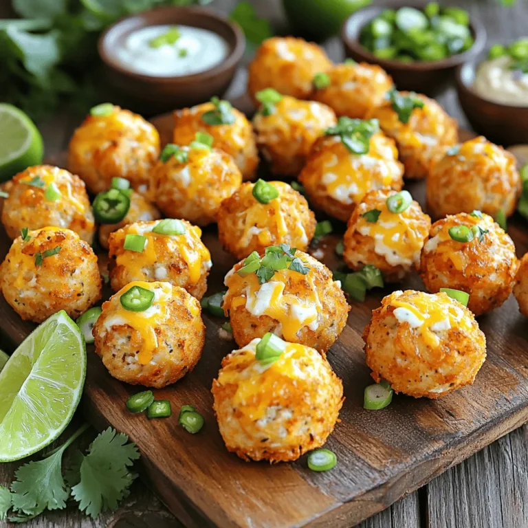 To make Texas-Style Rattlesnake Bites, you need fresh ingredients. Here’s what you will need: - 1 lb ground chicken or turkey - 1 cup cream cheese, softened to room temperature - 1 cup shredded pepper jack cheese - 1/2 cup diced green onions (scallions) - 1/2 cup diced jalapeños (fresh or pickled) - 1 tablespoon garlic powder - 1 teaspoon smoked paprika - Salt and black pepper, to taste - 1 cup breadcrumbs (or crushed tortilla chips) - 1 egg, beaten until frothy - Cooking oil, for frying These ingredients create a rich and flavorful mix. The cream cheese adds creaminess, while the pepper jack cheese gives a spicy kick. If you have special diet needs, you can still enjoy these bites. Here are some options: - Ground Meat: Use ground beef or a plant-based meat for a different flavor. - Dairy-Free: Substitute cream cheese with a dairy-free option. - Gluten-Free: Replace breadcrumbs with gluten-free breadcrumbs or crushed corn chips. - Low-Calorie: Use lean ground turkey and reduce the amount of cheese. These swaps help ensure everyone can enjoy this dish. To customize the heat, play with the jalapeños. Here’s how: - Mild: Use fewer jalapeños or remove their seeds. - Medium: Keep the seeds but use fresh jalapeños. - Hot: Add more jalapeños or include diced serrano peppers. Adjusting spice lets you cater to your taste and your guests’ preferences. First, gather all your ingredients. In a large bowl, mix the ground chicken or turkey with softened cream cheese. Add shredded pepper jack cheese, diced green onions, and diced jalapeños. The jalapeños add a nice kick, so choose fresh or pickled based on your taste. Sprinkle in garlic powder, smoked paprika, and some salt and pepper. Use a spatula or your hands to mix everything well until it becomes a smooth blend. This mixture forms the heart of your Texas-Style Rattlesnake Bites. Next, set up your breading station. Pour the beaten egg into one bowl and place the breadcrumbs or crushed tortilla chips in another. With clean hands, take a portion of the mixture and roll it into a ball, about 1-2 inches wide. Dip each ball into the egg first, covering it fully. Then, roll it in the breadcrumbs, ensuring it gets a nice coating. This step gives your bites a crispy texture when cooked. Heat your frying oil in a deep skillet or frying pan. Aim for a temperature of 350°F (175°C). It's important not to overcrowd the pan. Carefully lower the breaded bites into the hot oil. Fry them until they turn golden brown, which should take about 4-5 minutes. Use a slotted spoon to lift them out and place them on a plate lined with paper towels. This helps absorb any extra oil. Serve the bites warm with your favorite dipping sauces. For the full recipe, check the section above. Enjoy! To get that ideal texture, focus on your mixing. You want a smooth blend of cream cheese and meat. Avoid overmixing; it can make the bites tough. The cheese adds creaminess, while breadcrumbs give crunch. If you want extra crunch, use crushed tortilla chips instead of breadcrumbs. A common mistake is overcrowding the pan when frying. This can lower the oil's temperature. Fry in small batches for even cooking. Another mistake is not letting the oil heat enough. Test the oil with a small piece of the mixture. If it sizzles, you’re ready. Lastly, don’t skip the cooling step. Let the bites drain on paper towels to remove excess oil. Dipping sauces can elevate your rattlesnake bites. I recommend a creamy ranch for a classic taste. If you like heat, try spicy chipotle mayo. Another great option is a zesty lime cilantro sauce. You can even serve them with salsa for a fresh kick. Don't be afraid to mix and match for flavor fun! {{image_4}} You can easily make Texas-Style Rattlesnake Bites your own. Start with the main recipe, then mix in fun ingredients. Consider using different cheeses like cheddar or gouda. You can even add chopped bacon for a smoky flavor. For a twist, try adding some cooked spinach or artichokes for extra veggies. These small changes keep the dish fresh and exciting. If you love spice, there are many ways to kick up the heat. Use extra jalapeños or try adding diced habaneros for a fiery bite. You can also mix in hot sauce into the cream cheese blend. A sprinkle of cayenne pepper will add a nice touch. For a unique twist, experiment with spicy sausage instead of chicken. Each option brings a new flavor to the dish. For a lighter version, consider baking rather than frying the bites. Simply preheat your oven to 400°F (200°C). Line a baking sheet with parchment paper. Arrange the bites on the sheet and spray them lightly with cooking oil. Bake for about 20 minutes, flipping halfway through. This method gives you crispy bites without the extra oil. You can also swap out cream cheese for Greek yogurt for a healthier twist. With these options, you can enjoy the same great taste with fewer calories. To keep Texas-Style Rattlesnake Bites fresh, store them in an airtight container. Make sure they cool down first. Place a paper towel at the bottom to absorb moisture. This helps prevent sogginess. You can keep them in the fridge for up to three days. When you’re ready to enjoy your leftovers, reheating them right is key. Preheat your oven to 350°F (175°C). Place the bites on a baking sheet. Bake for about 10-12 minutes. This method keeps them crispy. You can also use an air fryer for 6-8 minutes for a quicker option. Want to save some for later? You can freeze the uncooked bites. After forming them, arrange them on a baking sheet lined with parchment paper. Freeze until firm, then transfer to a freezer bag. They will last for up to three months. When ready to cook, fry them straight from frozen. Just add a couple of extra minutes to the cooking time. Check the Full Recipe for the best results! Texas-Style Rattlesnake Bites are tasty treats made from ground chicken or turkey. They mix cream cheese, pepper jack cheese, green onions, and jalapeños. These bites are then breaded and fried until golden. They offer a spicy kick and creamy texture. People love them as snacks or appetizers. Yes, you can! Ground beef or pork works well too. Adjust the cooking time as needed. If you use beef, aim for lean cuts to keep them juicy. Experimenting with other meats can add new flavors to your bites. To make Texas-Style Rattlesnake Bites gluten-free, simply use gluten-free breadcrumbs. You can also crush gluten-free tortilla chips for a crunchy texture. Always check labels on cheese and other ingredients for hidden gluten. I love serving these bites with creamy ranch or spicy chipotle mayo. You can also pair them with salsa or guacamole for a fresh twist. For a fun touch, arrange them on a colorful platter with fresh lime wedges and dips in small bowls. Absolutely! For a vegetarian option, swap the meat for a mix of black beans and corn. You can add cooked quinoa or lentils for extra protein. Keep the cream cheese and pepper jack cheese for that creamy taste. This version still delivers great flavor and texture. Check the Full Recipe for more ideas! Texas-Style Rattlesnake Bites offer unique flavors you can easily create at home. We covered the key ingredients, including alternatives for special diets and ways to adjust spice levels. I shared step-by-step cooking instructions, tips for texture, and common mistakes to avoid. Different variations let you personalize this dish while keeping it healthy. Lastly, I provided storage info for future meals and answered common FAQs. Experimenting with your own version of this dish can be fun and rewarding. Enjoy cooking!