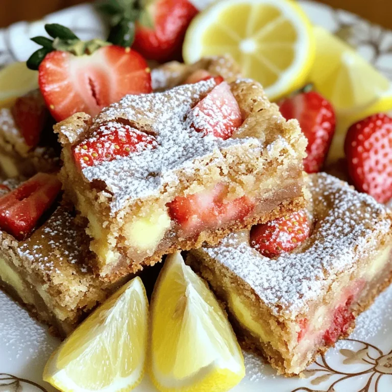 - 1 cup unsalted butter, melted - 1 ½ cups brown sugar - 2 large eggs - 1 teaspoon vanilla extract - Zest and juice of 1 lemon To make these strawberry lemon blondies, we start with some key players. The butter gives a rich base, while brown sugar adds sweetness and depth. Eggs bind everything together, and vanilla extract enhances flavor. The zest and juice of one lemon bring a bright, zesty punch to the mix. - 2 cups all-purpose flour - 1 teaspoon baking powder - ½ teaspoon salt Next, we mix in our dry ingredients. All-purpose flour provides structure. Baking powder helps the blondies rise, making them light and fluffy. A little salt balances the sweetness. - 1 cup fresh strawberries, diced - Optional: Powdered sugar for dusting Finally, we fold in the star of the show: fresh strawberries! Their juicy sweetness pairs perfectly with the lemon. If you want a touch of elegance, consider dusting the blondies with powdered sugar before serving. This simple step adds a nice visual touch and a hint of extra sweetness. For the complete recipe, refer to the [Full Recipe]. First, set your oven to preheat at 350°F (175°C). This step is key to getting that perfect bake. Next, grab a 9x9 inch baking pan. Grease it well and line it with parchment paper. Leave some paper hanging over the edges. This will help you lift the blondies out later. You will need a few mixing bowls. One should be large enough for the wet ingredients. Another bowl should be used for the dry ingredients. Also, keep a whisk and spatula nearby. They make mixing easier. In your large bowl, pour in 1 cup of melted butter. Add 1 ½ cups of brown sugar to it. Stir well until it looks smooth. Next, crack in 2 large eggs. Add 1 teaspoon of vanilla extract, the zest of 1 lemon, and 1 tablespoon of fresh lemon juice. Whisk until everything is mixed well and smooth. Now, take your second bowl. In it, whisk together 2 cups of all-purpose flour, 1 teaspoon of baking powder, and ½ teaspoon of salt. Mix these dry ingredients well. Gradually add them to your wet mixture. Stir gently until you see no dry flour. Be careful not to overmix here. Next, fold in 1 cup of diced strawberries using a spatula. Do this gently to keep the fruit pieces whole. Pour the batter into your prepared pan. Use your spatula to spread it evenly. Then, place the pan in your preheated oven. Bake for 25 to 30 minutes. Keep an eye on the edges; they should turn lightly golden brown. To check for doneness, insert a toothpick in the center. It should come out with a few moist crumbs. After baking, let the blondies cool completely in the pan. A wire rack works great for this. Once they are cool, use the parchment overhang to lift them out. Transfer them to a cutting board and cut them into squares. If you like, lightly dust the tops with powdered sugar before serving. This adds a nice touch and makes them look pretty. Enjoy your strawberry lemon blondies! For the full recipe, check out the details above. To get perfect strawberry lemon blondies, avoid overmixing the batter. Overmixing can make your blondies tough. Mix just until you don’t see dry flour anymore. This keeps them soft and chewy. Also, ensure you measure your ingredients correctly. Use dry measuring cups for flour and sugar. Level them off with a knife for accuracy. This small step helps your blondies turn out just right. To enhance the lemon flavor, use fresh lemon juice and zest. Fresh ingredients make a big difference. The zest gives a bright, bold taste. For an extra kick, add a bit more lemon juice if you like it zesty. When using fresh strawberries, choose ripe ones. Look for bright red berries with no soft spots. Cut them into small, even pieces. This way, they mix evenly into the batter, spreading flavor throughout. To ensure even baking, rotate your pan halfway through. Ovens can have hot spots, so this helps. Keep an eye on the edges. They should look golden brown but not burnt. For storage, use an airtight container. A metal or glass container works best. This keeps your blondies fresh for days. If you have extra, you can freeze them. Wrap them well in plastic wrap before placing them in the freezer. This way, you’ll enjoy them later. For the full recipe, check out the full recipe section. {{image_4}} You can easily adapt the strawberry lemon blondies to fit different diets. For a vegan or dairy-free option, replace the butter with coconut oil or a vegan butter substitute. Instead of eggs, use flax eggs or applesauce. This keeps the texture while making it plant-based. For gluten-free alternatives, swap out the all-purpose flour with a gluten-free blend. Many brands offer mixes that work well in baking. Just make sure your baking powder is gluten-free, too, to keep everything safe for those with allergies. To add more fruit flavors, consider mixing in blueberries or raspberries for a twist. These berries pair nicely with lemon and add vibrant colors. You can also try adding different extracts, like almond or coconut, to change the taste. Cinnamon or nutmeg can give a warm touch to your blondies. Pairing your blondies with a scoop of vanilla ice cream makes for a delightful treat. The cold ice cream complements the warm blondies beautifully. For a fun twist, create a blondie sundae by stacking a blondie with ice cream and drizzling it with chocolate or caramel sauce. You can also serve them with whipped cream and fresh strawberries on top. This not only looks appealing but also enhances the flavors. For the full recipe, check out the Sweet & Zesty Strawberry Lemon Blondies. To store strawberry lemon blondies at room temperature, place them in a cool, dry area. Use a plate or a baking dish. Cover them lightly with foil or wax paper. This keeps them fresh for about three days. Avoid direct sunlight to prevent them from drying out. For long-term storage, you can freeze the blondies. First, let them cool completely. Then, cut them into squares. Wrap each square tightly in plastic wrap. Place the wrapped blondies in a freezer bag or airtight container. They can last up to three months in the freezer. When you want to enjoy them, you can thaw them. For the best texture, place the blondies in the fridge overnight. If you're in a hurry, let them sit at room temperature for a few hours. This way, they stay soft and tasty. To keep your blondies fresh, always use airtight containers. This prevents air from drying them out. If you don't have one, use plastic wrap tightly. Keep blondies away from strong odors, as they can absorb them. Enjoy your strawberry lemon blondies at their best! For the full recipe, check out the detailed instructions above. To cut blondies neatly, first let them cool. Use a sharp knife for clean cuts. Warm the knife in hot water, then wipe it dry. This helps slice through the soft blondies. Cut in straight lines for even squares. For a nice finish, dust the top with powdered sugar after cutting. Yes, you can make these blondies ahead of time. Bake and cool them completely. Wrap them tightly in plastic wrap. Store them in an airtight container at room temperature. They stay fresh for a few days. For longer storage, freeze them in an airtight container. Thaw at room temperature before serving. Strawberry lemon blondies last about 3 to 5 days at room temperature. Keep them in an airtight container to maintain freshness. If you store them in the fridge, they may last up to a week. For best taste, enjoy them within a few days of baking. Yes, you can use frozen strawberries in this recipe. Thaw and drain them before adding to the batter. This prevents excess moisture in the blondies. While fresh strawberries taste great, frozen ones work well too. They still provide that sweet and tart flavor we love. You now have a complete guide to making delicious strawberry lemon blondies. We covered key ingredients, step-by-step instructions, and helpful tips. Remember to avoid overmixing for the best texture and to store them properly. Feel free to customize with different fruits or flavors to make this treat your own. Enjoy your baking and share these delights with friends and family. The joy of homemade desserts is unbeatable!