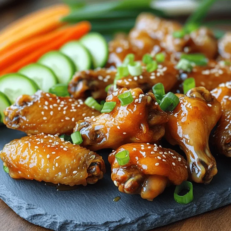- Chicken Wings: I use 2 pounds of chicken wings, mixing drumettes and flats. They cook evenly and have great texture. - Honey and Soy Sauce: These are the stars of the dish. Honey adds sweetness, while soy sauce brings savory depth. - Aromatics: I love using 4 cloves of finely minced garlic and 1 tablespoon of freshly grated ginger. They give the wings a warm, rich flavor. - Green Onions and Sesame Seeds: I sprinkle 2 tablespoons of chopped green onions and sesame seeds on top. They add freshness and a nice crunch. - Optional Heat: For some spice, I add 1 teaspoon of red pepper flakes. Adjust this based on your heat preference. These ingredients blend together to create a delightful balance of flavors. You can find the Full Recipe to guide you through the process! First, preheat your oven to 400°F (200°C). This temperature is key for crispy wings. Next, line a baking sheet with aluminum foil. This makes cleanup easy. Place a wire rack on top of the baking sheet. This allows air to flow around the wings. Crispiness is the goal! Now, let's make the marinade. In a medium bowl, combine honey, soy sauce, minced garlic, grated ginger, sesame oil, and red pepper flakes. Whisk these ingredients together until smooth. This mix will give your wings that sweet and savory kick. Add the chicken wings to the marinade. Use tongs or your hands to toss them well. Each wing should be coated evenly. For the best flavor, marinate for at least 30 minutes at room temperature. If you have time, refrigerate for 2 hours or overnight. The longer, the better! Once marinated, place the wings on the wire rack. Make sure they lay in a single layer. Do not overcrowd them. Reserve any leftover marinade for later. Now, it’s time to bake. Transfer the baking sheet to the oven. Bake for 40-45 minutes, flipping them halfway. You want them golden-brown and crispy. While the wings bake, pour the reserved marinade into a small saucepan. Bring it to a simmer over medium heat. Stir occasionally and let it simmer for 5-7 minutes. You want it to thicken and become syrupy. After baking, carefully take out the wings. Use a brush to glaze them with the thickened marinade. Make sure each wing gets a good coat. This adds flavor and shine! Return the wings to the oven for another 5 minutes. This step caramelizes the glaze and enhances the taste. Now your Sweet and Savory Honey Garlic Wings are almost ready! Just let them cool for a minute before serving. For the full recipe, check out the detailed instructions. Enjoy the deliciousness! To get crispy wings, air circulation is key. Use a wire rack on your baking sheet. This allows hot air to flow around the wings, making them crisp. When you bake, set the oven to 400°F (200°C). This high heat helps the wings brown nicely. Flipping the wings halfway through cooking is also important. This step helps them cook evenly on both sides. I flip them about 20 minutes into baking. This way, each wing gets that perfect crunch. If you want to change the flavor, consider swapping the soy sauce. You can use tamari for a gluten-free option. Coconut aminos is another great choice for a slightly sweeter taste. For honey, maple syrup can work in a pinch, giving you a different sweetness. Adding spices or herbs can elevate the taste. Try adding smoked paprika for a smoky flavor. Fresh herbs like thyme or rosemary can add a delightful twist too. Just mix these into your marinade for an extra layer of flavor. For the full recipe, follow the steps carefully to make these wings shine. {{image_4}} Want to spice up your honey garlic wings? You can easily change the heat level. - Different Peppers: Swap out the red pepper flakes for jalapeños or habaneros. Each pepper brings its unique taste. - Hot Sauce: Add a splash of your favorite hot sauce to the marinade. This gives the wings a new flavor kick. Experimenting with these options lets you find the perfect heat for your taste buds. If you like to switch things up, try different sauces. - Teriyaki or Barbecue Sauce: These sauces can replace the honey garlic mix. They add sweetness and a rich flavor. - Honey Mustard: For a tangy twist, mix honey with mustard. This combo enhances the sweet and savory balance. These variations keep your wings exciting and fun. Don't hesitate to explore! For the full recipe, check out the details above. To store leftover wings, place them in an airtight container. Glass or plastic containers with tight lids work best. You can also use freezer bags, but make sure to remove as much air as possible. Store the wings in the fridge for up to four days. If you want to keep them longer, freeze them for up to three months. Just remember to label the containers with the date, so you know when to eat them. When it's time to reheat, the oven is your best friend. Preheat the oven to 350°F (175°C) for the best results. Place the wings on a baking sheet lined with parchment paper. Heat them for about 10-15 minutes or until they are hot and crisp again. If you want to boost the flavor, brush them lightly with extra honey garlic sauce before reheating. This enhances the taste and keeps them juicy. Enjoy your delicious wings just like they were fresh! I recommend marinating the chicken wings for at least 30 minutes. This gives the wings a good flavor. For the best taste, refrigerate them for 2 hours or even overnight. Longer marination helps the wings soak in all the sweet and savory goodness. Yes, you can use frozen chicken wings. First, thaw them in the fridge overnight or use cold water for faster thawing. Ensure they are fully thawed before marinating. This step helps the wings absorb the marinade better and cook evenly. These wings pair well with many sides. I suggest serving them with: - Crispy french fries - Creamy coleslaw - Fresh vegetable sticks like carrots and celery - A small bowl of ranch or blue cheese dressing for dipping These sides will balance the sweet and savory flavors of the wings. You can make this recipe healthier by using a few simple swaps. - Choose skinless chicken wings to cut down on fat. - Use low-sodium soy sauce to reduce salt. - Bake the wings instead of frying them for a lower-calorie option. These changes will keep the wings tasty while making them a bit lighter. For more details, check the Full Recipe. In this blog post, we explored how to make delicious honey garlic wings from start to finish. We covered the essential ingredients, including chicken, honey, soy sauce, and aromatics. You learned step-by-step instructions for preparing, marinating, and baking the wings to perfection. We shared tips for texture and flavor, plus variations to get creative. Lastly, I provided storage and reheating tips. Enjoy making these wings your own and impressing family and friends with your skills!