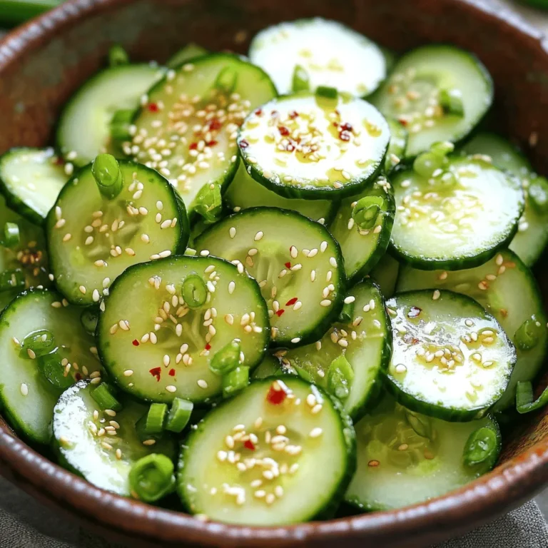 - Cucumbers and their preparation - 2 large cucumbers, thinly sliced - 1 teaspoon salt Cucumbers are the star of this salad. They bring a crisp texture and a refreshing taste. Slice them thinly to help them soak in the flavors. The salt will draw out extra moisture, making them crunchier. - Essential Asian condiments - 2 tablespoons rice vinegar - 1 tablespoon soy sauce - 1 tablespoon sesame oil - 1 teaspoon sugar - 1 garlic clove, minced - 1 teaspoon fresh ginger, grated These condiments create a balanced dressing. Rice vinegar adds tang, while soy sauce gives depth. Sesame oil provides nutty richness. Sugar balances the flavors, and garlic and ginger add warmth and spice. - Optional ingredients for flavor enhancement - 2 tablespoons toasted sesame seeds - 2 green onions, finely chopped - Crushed red pepper flakes (optional, for a kick) Toasted sesame seeds add crunch and flavor. Green onions bring freshness. If you like heat, add crushed red pepper flakes for an extra kick. Mix and match these ingredients to create your ideal salad. For the full recipe, check out the Crispy Sesame Asian Cucumber Salad. First, take two large cucumbers and thinly slice them. Place the slices in a medium bowl. Sprinkle one teaspoon of salt over the cucumbers. This salting step is important. It draws out moisture, making your salad crisp. Let the cucumbers rest for 10-15 minutes. After that, gently squeeze the slices to remove some water. Pat them dry using paper towels. This ensures your salad stays crunchy and fresh. While the cucumbers rest, it's time to make the dressing. In a small mixing bowl, combine two tablespoons of rice vinegar, one tablespoon of soy sauce, and one tablespoon of sesame oil. Add one teaspoon of sugar, one minced garlic clove, and one teaspoon of grated fresh ginger. Whisk everything together. Make sure the sugar fully dissolves. This creates a well-blended dressing that brings great flavor to your salad. Once your cucumbers are dry, transfer them to a large bowl. Pour the dressing over the cucumbers. Toss everything together to coat the cucumber slices evenly. Next, add two tablespoons of toasted sesame seeds and two finely chopped green onions. Mix again until everything is well combined. If you want a bit of heat, sprinkle in some crushed red pepper flakes. Toss the salad one last time. For the best taste, let it sit for about 10 minutes before serving. This allows all the flavors to meld beautifully. For the full recipe, check the details above. Letting the salad sit before serving is key. This short wait allows flavors to mix well. The cucumbers soak up the dressing, making each bite tasty. Using fresh ingredients is also important. Fresh cucumbers and herbs boost the salad's flavor. The right ingredients make a big difference, so choose wisely. Serve the salad in a chilled bowl. This keeps it crisp and refreshing. A cold bowl enhances the overall experience. For visual appeal, add some garnishes. Sprinkle extra toasted sesame seeds on top. You can also add green onion tops. These simple touches make the salad look beautiful and inviting. {{image_4}} You can make this salad your own by adding protein. Grilled chicken or tofu works great. Both add flavor and make it more filling. You can also try shrimp for a seafood twist. Adding other veggies boosts color and taste. Consider bell peppers for crunch or radishes for peppery notes. Fresh herbs like cilantro or mint can brighten the dish. Just chop them up and mix them in! Want more heat? Use different pepper options! Sliced jalapeños add a nice kick. You can also try fresh chili peppers or even sriracha for a bold flavor. If you prefer mild, leave out the crushed red pepper flakes. You can also reduce the amount of garlic or ginger if they’re too strong for your taste. Adjust these ingredients to suit your palate. To keep your Easy Asian Cucumber Salad fresh, store it in an airtight container. This will help lock in flavors and keep the cucumbers crisp. You can also cover the bowl tightly with plastic wrap if you don’t have a container. The salad lasts about 3 days in the fridge. After that, the cucumbers may become soggy. If you have leftover salad, you can get creative! Toss it into fried rice or noodles for extra crunch. You can also wrap it in rice paper or use it as a topping for rice bowls. This salad adds a refreshing twist to many dishes. Feel free to mix and match. Enjoy your leftovers in new ways! You can use tamari for a gluten-free option. It tastes similar to soy sauce but has no wheat. Coconut aminos is another great choice. It’s sweeter and milder. You might also try hoisin sauce for a thicker, sweeter flavor. Add protein like grilled chicken, shrimp, or tofu. These options will make it more satisfying. You can also mix in some avocado or nuts for healthy fats. Pair this salad with rice or noodles for a full meal. Yes, you can make this salad ahead of time. Just keep the dressing and cucumbers separate until you're ready to serve. This keeps the cucumbers crisp. Store the salad in an airtight container in the fridge for up to two days. In this blog post, we explored the key ingredients for a tasty Asian cucumber salad. We discussed how to prepare cucumbers, create a flavorful dressing, and combine everything perfectly. Knowing the tips for flavor enhancement and presentation can elevate your dish. You can customize the salad with proteins or spices to fit your taste. Finally, proper storage ensures your salad stays fresh. Enjoy experimenting with these ideas and make your salad truly yours.