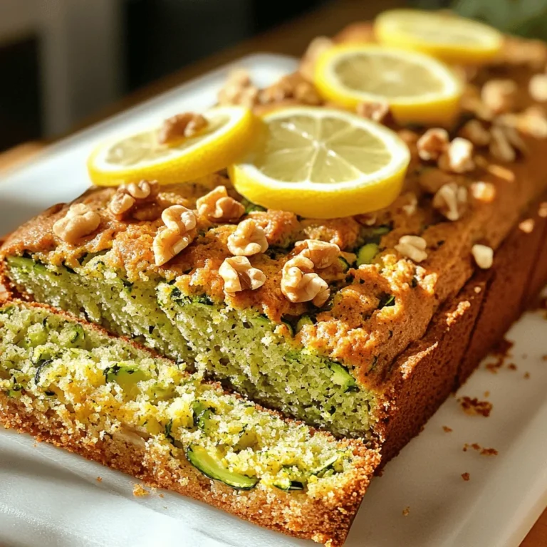 To make the best zucchini bread, gather these simple and fresh ingredients: - Grated Zucchini: Use about 2 cups, which is roughly 2 small zucchinis. - Flours and Leavening Agents: - 1 cup all-purpose flour - 1 cup whole wheat flour - 1 teaspoon baking soda - 1 teaspoon baking powder - 1/2 teaspoon salt - Sugars and Flavorings: - 1/2 cup granulated sugar - 1/2 cup packed brown sugar - 1 teaspoon ground cinnamon - 1/2 teaspoon freshly grated nutmeg - Zest of 1 lemon - 1/4 cup freshly squeezed lemon juice - Eggs and Oil: - 3 large eggs - 1/2 cup vegetable oil - 1 teaspoon pure vanilla extract - Optional Add-ins: - 1/2 cup chopped walnuts (if you want a nice crunch) These ingredients help create a moist and flavorful zucchini bread. The lemon zest and juice add a bright taste that lifts the bread. The nuts give it a lovely texture. You can find the full recipe for this delightful dish above. Preheating the Oven Start by preheating your oven to 350°F (175°C). This step ensures that your bread bakes evenly. While the oven heats, prepare your loaf pan. Grease a 9x5-inch pan lightly or line it with parchment paper. This will help the bread come out easily after baking. Preparing the Zucchini Grate two small zucchinis using a box grater or food processor. Once you have the grated zucchini, place it in a clean kitchen towel. Fold the towel around the zucchini and squeeze it firmly. This action removes excess moisture. Draining the zucchini is key to lightening the bread's texture. Combining Dry Ingredients In a large mixing bowl, whisk together the all-purpose flour, whole wheat flour, baking soda, baking powder, salt, cinnamon, and nutmeg. Make sure there are no clumps. Mixing these dry ingredients well is important to ensure even flavor. Mixing Wet Ingredients In a separate bowl, whisk the granulated sugar, brown sugar, and eggs until smooth. This step helps to blend the flavors nicely. Then, add the vegetable oil, vanilla extract, lemon zest, and lemon juice to the mixture. Whisk until everything is fully combined, forming a smooth batter. Incorporating Zucchini and Nuts Now, gently fold the grated zucchini into the batter. If you like, add chopped walnuts at this stage. Be careful to mix just enough so that everything is evenly distributed. Overworking the batter can lead to a dense bread. Pouring and Baking Pour the batter into your prepared loaf pan. Smooth the top with a spatula for an even bake. Place the pan in the oven. Bake for 50 to 60 minutes. Check for doneness by inserting a toothpick in the center. If it comes out clean, your bread is ready. The top should be golden brown. Enjoy the delightful aroma as it bakes! For the full recipe, check out the detailed instructions above. Importance of Draining Zucchini Draining the zucchini is key. Fresh zucchini holds a lot of water. If you skip this step, your bread may become soggy. To drain, grate the zucchini, then wrap it in a towel. Squeeze out the excess water with your hands. This ensures your zucchini bread stays light and fluffy. Preventing Overmixing Mixing too much can ruin the texture. When combining the wet and dry ingredients, stir gently. Aim for just combined. A few flour streaks are okay. This keeps your bread tender and soft. Recommended Flavor Additions For an extra kick, think about adding nuts, spices, or citrus. Chopped walnuts add crunch and richness. You can also mix in spices like ginger or allspice for warmth. A pinch of salt boosts sweetness too. Serving Suggestions Serve your zucchini bread warm for the best taste. Try adding a dollop of lemon cream cheese spread. This adds a creamy touch that pairs well with the bread’s zest. You can also top slices with butter and sprinkle with nuts. Enjoy with a cup of tea or coffee for a cozy snack. For the full recipe, check out the Zesty Lemon-Infused Zucchini Bread. {{image_4}} You can make zucchini bread healthier by changing some ingredients. One great option is to use whole wheat flour instead of all-purpose flour. Whole wheat flour adds more fiber and nutrients. You can also try almond flour for a gluten-free option. This flour gives a nice nutty flavor. Reducing the sugar content is another way to make it healthier. You can cut the granulated sugar in half. This does not change the taste much. To sweeten it, consider using honey or maple syrup. These natural sweeteners have extra flavor and can be better for you. Adding spices can really boost the flavor of your zucchini bread. I love adding ground ginger or allspice for a warm kick. These spices make the bread smell amazing while it bakes. You can also try mixing in chocolate chips or dried fruit. Chocolate chips create a rich, sweet treat. Dried fruit like raisins or cranberries adds a chewy texture and fruity taste. For the best flavor, feel free to mix and match these ideas. Each variation brings a new twist to your zucchini bread. Check out the Full Recipe for more insights on how to create these delightful variations! Storing in the Fridge Store your zucchini bread in the fridge for up to a week. Wrap it tightly in plastic wrap or place it in an airtight container. This helps keep it fresh. The cool air prevents mold and keeps the bread moist. Avoiding Sogginess To avoid sogginess, let the bread cool completely before wrapping it. If you store it while warm, moisture builds up. This can make your delicious bread mushy. Freezing Zucchini Bread You can freeze zucchini bread for up to three months. First, let the bread cool fully. Then, wrap it in plastic wrap and place it in a freezer bag. Be sure to remove as much air as possible. This keeps your bread tasty and prevents freezer burn. Thawing and Reheating Tips To thaw, move the bread from the freezer to the fridge overnight. For a quick thaw, leave it on the counter for a few hours. When ready to eat, reheat slices in the toaster or oven. This brings back the warmth and taste of fresh-baked bread. For the full recipe, check out the Zesty Lemon-Infused Zucchini Bread! You can tell if zucchini bread is done by using a toothpick. Insert it into the center. If it comes out clean, the bread is ready. The top should also look golden brown. The edges may start to pull away from the pan slightly. Yes, you can use frozen zucchini. Just make sure to thaw and drain it well. Squeeze out as much water as possible. This step keeps your bread from being too wet. To make gluten-free zucchini bread, swap all-purpose flour with a gluten-free blend. Look for blends that include xanthan gum. This will help with texture. You can also use almond flour for a nutty flavor. Zucchini bread pairs well with a few toppings. Try cream cheese or butter for a rich taste. For a fresh twist, add a bit of lemon curd. You can also enjoy it with coffee or tea for a cozy snack. Zucchini bread is easy and fun to make. We talked about key ingredients like grated zucchini, flours, and sugars. I walked you through mixing, baking, and tips for the best results. You can try different flavors and healthier options too. Don't forget the storage tips for keeping it fresh. With practice, you will create the perfect zucchini bread every time. Enjoy your baking journey!