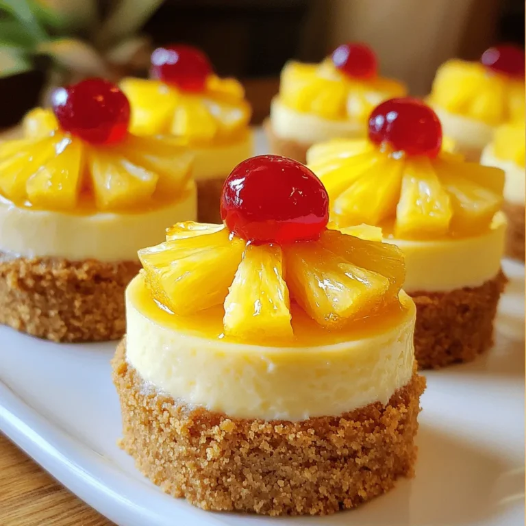 - 1 cup graham cracker crumbs - ¼ cup unsalted butter, melted - 2 tablespoons granulated sugar - 1 cup cream cheese, softened to room temperature - ½ cup granulated sugar - 1 teaspoon pure vanilla extract - 2 large eggs, at room temperature - ½ cup crushed pineapple, thoroughly drained - ¼ cup pineapple chunks, for topping - Maraschino cherries, for garnish - 1 cup = 8 fluid ounces - ¼ cup = 2 fluid ounces - 2 tablespoons = 1 fluid ounce - 1 teaspoon = 4.9 milliliters - Choosing the right cream cheese: Look for cream cheese that is smooth and creamy. Check the expiration date. The fresher the cheese, the better your cheesecake will taste. - Selecting ripe pineapples: Choose pineapples that smell sweet at the base. The skin should be firm but give slightly when pressed. A ripe pineapple will feel heavy for its size and have a vibrant color. This section gives you essential details about the ingredients in your mini pineapple upside-down cheesecakes. You can find the full recipe above for specific measurements and instructions! - Preheating the oven: Start by preheating your oven to 325°F (160°C). This step helps bake the cheesecakes evenly. - Preparing the crust: In a medium bowl, mix 1 cup of graham cracker crumbs, ¼ cup of melted unsalted butter, and 2 tablespoons of granulated sugar. Stir until it looks like wet sand. Press about 1 tablespoon of this mix into the bottom of each muffin cup. This will create a strong base for your mini cheesecakes. - Mixing cream cheese and sugar: Use a large mixing bowl to beat 1 cup of softened cream cheese until it’s smooth. Gradually add ½ cup of granulated sugar and 1 teaspoon of pure vanilla extract. Mix until it’s creamy and well blended. - Adding eggs and folding in pineapple: Add 2 large eggs one at a time. Mix on low speed after each egg until just blended. Be careful not to overmix. Next, gently fold in ½ cup of thoroughly drained crushed pineapple. This gives your cheesecake a fruity twist. - Filling the cups and topping with pineapple: Carefully spoon the cheesecake batter over the prepared crusts. Fill each cup about ¾ full. Leave some space for the cheesecakes to rise. Then, add a few chunks of pineapple on top of the batter. - Baking time and tips for checking doneness: Place the cheesecake pan into the oven and bake for 18-20 minutes. Look for slightly set edges and a jiggly center. The slight jiggle means a creamy texture. After baking, let the cheesecakes cool for 30 minutes. Then, refrigerate them for at least 2 hours before serving. This step allows the flavors to blend and the texture to firm up. For more detailed steps, check the Full Recipe. To make light and fluffy cheesecakes, avoid overmixing the batter. Mix just until smooth, especially after adding eggs. This keeps air in the mixture, making your cheesecakes soft. Cooling is key. After baking, let the cheesecakes cool at room temperature for 30 minutes. Then, chill them in the fridge for at least 2 hours. This helps the flavors blend and the texture to firm up nicely. For a beautiful presentation, serve your mini cheesecakes on a decorative plate or a cake stand. You can add a mint leaf beside each one for a fresh touch. A maraschino cherry on top adds color and sweetness. Pair these cheesecakes with drinks like iced tea or a fruity soda. They also go well with coffee, enhancing the sweet and tangy flavors. Use a mini cheesecake pan or muffin tin for the best results. Silicone baking cups are great, too. They help you pop the cheesecakes out easily. Essential kitchen tools include a mixing bowl, electric mixer, and rubber spatula. These tools ensure you blend your ingredients smoothly and get the perfect texture every time. For the full recipe, check the earlier section and enjoy making these delightful mini pineapple upside-down cheesecakes! {{image_4}} You can swap out pineapple with other fruits. Try mango, peach, or berries. Each fruit brings a unique taste that can change the whole dish. For a fun twist, use flavor extracts like almond or coconut. Just a few drops can add a new layer of flavor. If you're looking for gluten-free options, use gluten-free graham cracker crumbs. For dairy-free, try vegan cream cheese. You can also make these mini cheesecakes without eggs. Just use a mix of silken tofu and cornstarch as a binder. This keeps them creamy without the eggs. Want to make more or less? You can easily change the recipe. For a larger batch, double the ingredients and use a bigger pan. If you need fewer, cut the recipe in half. Just be mindful of the cooking times. Smaller pans need less time, so check them a bit earlier. To keep your mini pineapple upside-down cheesecakes fresh, store them in the fridge. Place them in an airtight container. This helps avoid any strange smells and keeps them moist. These cheesecakes stay good for about five days in the refrigerator. Make sure they are cool before sealing the container. If you want to store the mini cheesecakes longer, freezing is a great option. First, wrap each cheesecake in plastic wrap. Then, place them in a freezer-safe bag or container. This helps prevent freezer burn. To thaw, move them to the fridge for a few hours. This keeps their creamy texture intact. When you want to serve frozen cheesecakes, warm them up gently. You can use a microwave or an oven. If using a microwave, heat them for about 20-30 seconds at a low power. For the oven, preheat to 300°F (150°C) and bake for about 10 minutes. This warms them nicely without altering the texture. Enjoy them slightly warm or at room temperature for the best flavors. Mini cheesecakes last about 4 to 5 days in the fridge. Make sure you store them in an airtight container to keep them fresh. Yes, you can make these cheesecakes a day or two in advance. After baking and cooling, place them in the fridge. They will taste even better after chilling. You can use crushed cookies, like vanilla wafers or digestive biscuits. Each option adds a unique flavor but may change the texture slightly. Look for set edges and a slightly jiggly center. This means they are creamy and perfect. Yes, fresh pineapple works great! Just make sure to chop it small and drain any excess juice. This will keep your cheesecakes from getting too wet. For the full recipe, check the detailed instructions above. These mini cheesecakes are easy to make and fun to share. I covered all the ingredients, including measurement conversions and tips for selecting the best fruits. The step-by-step guide will help you prepare, bake, and serve them perfectly. With variations for different diets and storage tips, these cheesecakes can fit any occasion. Experiment and enjoy! Your dessert table will shine with these delightful treats.
