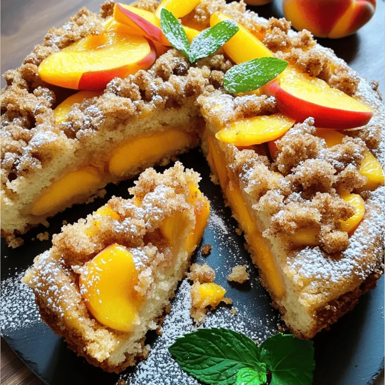 - 2 cups fresh peaches, peeled and diced - 1/2 cup granulated sugar - 1/2 teaspoon ground cinnamon - 1/4 teaspoon ground nutmeg - 1/4 teaspoon salt - 1 1/2 cups all-purpose flour - 1 teaspoon baking powder - 1/2 teaspoon baking soda - 1/2 cup unsalted butter, at room temperature - 2 large eggs - 1 teaspoon vanilla extract - 1/2 cup buttermilk The main star of this cake is the fresh peaches. Use ripe, sweet peaches for the best flavor. The granulated sugar enhances the sweetness of the peaches. Ground cinnamon and nutmeg add warmth and depth. Flour and baking powder give the cake its structure. Eggs and buttermilk keep it moist. Unsalted butter provides richness to the batter. - 1 cup light brown sugar - 1/2 cup all-purpose flour - 1/3 cup unsalted butter, melted - 1 teaspoon ground cinnamon - 1/2 cup chopped pecans (optional) For the crumb topping, light brown sugar creates a rich, caramel flavor. The flour binds everything together. Melted unsalted butter adds moisture and helps form crumbs. Ground cinnamon ties in with the cake's spices. Chopped pecans add crunch, but they are optional. - 9-inch round cake pan - Mixing bowls - Spatula - Whisk and measuring cups You will need a 9-inch round cake pan to bake the cake evenly. Use mixing bowls for combining your ingredients. A spatula helps to fold in the peaches gently. Whisk and measuring cups are key for accurate measurements. Having these tools ready makes the process smooth and fun. For the full recipe, check the earlier instructions to create this delightful cake! First, take your fresh peaches and peel them. Dice them into small chunks. In a bowl, toss the diced peaches with 1/2 cup of granulated sugar, 1/2 teaspoon of ground cinnamon, 1/4 teaspoon of ground nutmeg, and a pinch of salt. This mixture will create a sweet syrup. Set it aside for about 10 minutes. This helps the peaches release their juices, making them extra tasty in the cake. In a large bowl, start by creaming together 1/2 cup of unsalted butter and 1/2 cup of brown sugar. Mix until it becomes light and fluffy. Add in 2 large eggs, one at a time. Mix well after each addition. Next, stir in 1 teaspoon of vanilla extract. In another bowl, combine 1 1/2 cups of all-purpose flour, 1 teaspoon of baking powder, and 1/2 teaspoon of baking soda. Gradually mix the dry ingredients into the butter mixture. Alternate this with 1/2 cup of buttermilk. Start and end with the flour mixture. Mix until just combined to keep the cake light. Now, gently fold the peach mixture into the batter. Be careful not to overmix. You want those lovely peach chunks to stay intact. Next, pour the batter into a greased 9-inch round cake pan. Smooth the top with a spatula. For the crumb topping, mix together 1 cup of light brown sugar, 1/2 cup of flour, 1/3 cup of melted butter, 1 teaspoon of ground cinnamon, and optional 1/2 cup of chopped pecans. Combine until it forms a crumbly texture. Evenly sprinkle this topping over the batter. Preheat your oven to 350°F (175°C). Place your cake pan in the oven and bake for 40-45 minutes. To check if your cake is done, insert a toothpick into the center. It should come out clean. Once baked, let the cake cool in the pan for about 10 minutes. After that, transfer it to a wire rack to cool completely. Enjoy your Southern Peach Crumb Cake! For more details, check the Full Recipe. Using ripe peaches is key. They offer the best flavor and sweetness. Choose peaches that give slightly when pressed. This means they are ready to eat. If they are too hard, the cake will lack flavor. Avoid overmixing the batter. This keeps the cake light and fluffy. Mix just until you see no dry flour. You want to fold in the peaches gently. This keeps their shape and adds juicy bites. For a good crumb topping texture, mix until it's crumbly. Use melted butter, light brown sugar, and flour. The mixture should feel sandy between your fingers. If it is too wet, add a bit more flour. This topping adds a sweet crunch to your cake. Presentation is important. Slice the cake into wedges and place them on a nice plate. Dust the top with powdered sugar for a pretty look. You can also drizzle a glaze made from powdered sugar and milk. Pair your cake with ice cream or whipped cream. Vanilla ice cream is a classic choice. The cold creaminess balances the warm cake. Whipped cream adds lightness, making each bite heavenly. If your cake turns out dry, try adding more buttermilk next time. Also, check your oven temperature. An oven thermometer can help ensure it bakes evenly. For even baking, rotate the cake halfway through. This helps it bake evenly and prevents burning. If the top browns too fast, cover it with foil. This keeps the cake moist and ensures it cooks through. For more tips, check out the Full Recipe. {{image_4}} You can swap peaches for other fruits in this cake. Apricots work well, bringing a sweet-tart flavor. Blueberries add a burst of juice and color. Use about the same amount of fruit as the recipe calls for. Feel free to mix and match fruits for a fun twist. The crumb topping is key to this cake. You can use streusel, which adds a crunchy texture. For a nutty flavor, try a topping with chopped pecans or walnuts. You can also boost the flavor by adding cinnamon or lemon zest. A pinch of nutmeg can enhance the cake’s warmth. To make this cake gluten-free, replace all-purpose flour with a gluten-free blend. Make sure it has xanthan gum for the best texture. For a vegan version, substitute eggs with flax eggs or applesauce. Use plant-based milk instead of buttermilk. Coconut oil or vegan butter can replace the regular butter. These changes keep the cake moist and tasty. Check out the Full Recipe to see how these variations come together easily. To keep your Southern Peach Crumb Cake fresh, refrigerate it. Place the cake in an airtight container. This helps keep the moisture in and prevents it from drying out. If you don't have a container, wrap the cake tightly with plastic wrap. This method also works well. You can freeze this cake if you have leftovers. First, let the cake cool completely. Next, slice it into pieces. Wrap each slice in plastic wrap. Then, place the wrapped slices in a freezer bag. This keeps the flavor and texture. When you want to eat it, take a slice out and thaw it in the fridge overnight. Your refrigerated cake will stay fresh for about three to five days. If you freeze it, it can last for up to three months. After thawing, the cake may be slightly less moist, but it still tastes great. Storing it well helps keep that delicious peach flavor alive. For the full recipe, check out the Southern Peach Crumb Cake Delight . You can use regular milk as a substitute for buttermilk. To make it work, add a tablespoon of lemon juice or vinegar. Let it sit for about five minutes. This will create a tangy flavor similar to buttermilk. You can also use yogurt or sour cream mixed with water. Both options give the cake a moist texture. Yes, you can make this cake in advance. Bake it a day before your event. Once cooled, wrap it tightly in plastic wrap. This keeps it fresh for the next day. You can also freeze the cake for up to three months. Just make sure to wrap it well. Thaw it overnight in the fridge when you're ready to serve. To check if your cake is done, look for a golden-brown top. You can also use a toothpick. Insert it into the center of the cake. If it comes out clean, the cake is ready. If it's wet, give it a few more minutes in the oven. Keep an eye on it to avoid overbaking. Peeling the peaches is not necessary. The skin adds a bit of texture, but it can be tough. If you like a smoother cake, peel the peaches before using them. If you enjoy the extra bite, leave the skin on. Either way, the flavor will still be delicious. In this article, we covered the essential ingredients for Southern Peach Crumb Cake, including fresh peaches and spices. We explored step-by-step instructions, from preparing the peaches to baking the cake. I shared tips for achieving the perfect crumb and offered variations for different tastes. Remember, using ripe peaches makes a big difference in flavor. Enjoy experimenting with this recipe, and don’t hesitate to make it your own! Whether you serve it warm or with ice cream, this cake is sure to impress.