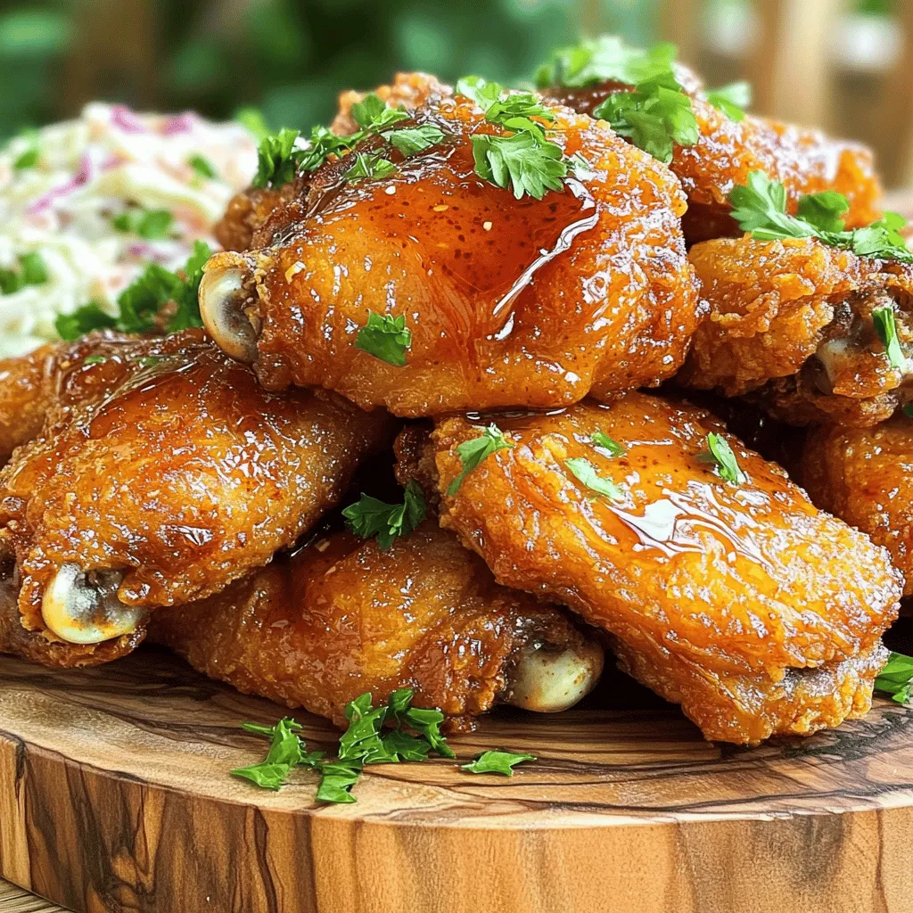 To make this dish, gather the following key ingredients: - 2 lbs boneless, skinless chicken thighs - 1 cup buttermilk - 1 cup all-purpose flour - 1/2 cup cornstarch - 2 teaspoons baking powder - 1 teaspoon garlic powder - 1 teaspoon onion powder - 1 teaspoon smoked paprika - 1/2 teaspoon cayenne pepper (adjust for spice preference) - Salt and black pepper, to taste - Vegetable oil, for frying - 1/2 cup honey - 2 tablespoons hot sauce (like Sriracha or your preferred spicy sauce) - Fresh parsley, finely chopped (for garnish) These ingredients create a crispy and flavorful chicken dish. The chicken thighs stay juicy, while the coating gives that perfect crunch. You can enhance the dish with these optional ingredients: - Lemon zest for freshness - Fresh herbs like thyme or rosemary for depth - Other spices such as cumin or chili powder for extra kick Adding lemon zest or fresh herbs can brighten the dish. Feel free to play with spices to match your taste buds. Need a swap? Here are some easy substitutions: - Use chicken breasts instead of thighs for a leaner option. - Swap buttermilk with plain yogurt or milk mixed with vinegar. - Cornstarch can be replaced with rice flour for a gluten-free option. These substitutions keep the dish tasty while fitting various diets. Don't hesitate to adapt the recipe to suit your pantry. For the complete method, check the Full Recipe. Start by taking 2 pounds of boneless, skinless chicken thighs. Place them in a large bowl. Pour in 1 cup of buttermilk. Make sure all the chicken is soaked. Cover the bowl with plastic wrap. Let it sit in the fridge for at least 1 hour. If you have time, let it marinate overnight. This makes the chicken tender and flavorful. In another bowl, mix the dry ingredients. Combine 1 cup of all-purpose flour and 1/2 cup of cornstarch. Add 2 teaspoons of baking powder, 1 teaspoon of garlic powder, and 1 teaspoon of onion powder. Sprinkle in 1 teaspoon of smoked paprika and 1/2 teaspoon of cayenne pepper. Season with salt and black pepper to taste. Whisk everything together well. This coating gives the chicken its crispy texture. Heat vegetable oil in a large pot or deep pan. Use enough oil to cover the chicken, about 2-3 inches deep. Bring the oil to 350°F (180°C). While waiting for the oil, take the chicken out of the marinade. Let the excess buttermilk drip off. Dredge each piece in the flour mixture. Make sure each piece is well coated, then shake off any extra flour. Carefully place the chicken in the hot oil. Do not overcrowd the pan; fry in batches if needed. Cook for 6-8 minutes per side. You want the chicken to be golden brown and cooked through. The inside should reach 165°F (74°C). Once done, transfer the chicken to a plate lined with paper towels. This absorbs extra oil. Now, for the hot honey sauce, mix 1/2 cup of honey with 2 tablespoons of hot sauce in a small pot. Heat it on low until warm. Stir it well to combine. Drizzle this warm sauce over the fried chicken. Toss gently to coat. Enjoy your crispy hot honey chicken! For the full recipe, refer to the earlier section. To get that perfect crispy coating, follow these tips: - Use Buttermilk: Marinate the chicken in buttermilk. This helps keep it moist and flavorful. - Dry the Chicken: Before coating, pat the chicken dry. This helps the breading stick better. - Use Cornstarch: Mix cornstarch with flour in the coating. It gives a lighter, crispier texture. - Fry in Small Batches: Don’t overcrowd the pan. Fry a few pieces at a time to keep the oil hot. - Maintain Oil Temperature: Use a thermometer to keep the oil at 350°F (180°C). This ensures even cooking. Here are some common pitfalls to steer clear of: - Skipping the Marinade: Don’t skip marinating the chicken. It makes a big difference in taste. - Not Enough Oil: Make sure to use enough oil for frying. This helps cook the chicken evenly. - Wetting the Coating: Avoid getting the coating wet before frying. This can lead to soggy chicken. - Not Adjusting Heat: Pay attention to the heat. If it’s too low, the chicken can become greasy. - Ignoring Doneness: Always check the internal temperature. It should reach 165°F (74°C) for safety. Serve this dish to impress your family and friends. Here are some great ideas: - Layer It Up: Stack the chicken on a rustic platter. Drizzle extra hot honey on top. - Add Fresh Herbs: Garnish with chopped parsley for a pop of color. - Pair It Right: Serve with a crisp salad or pickled veggies. This adds a fresh contrast. - Make It a Meal: Serve with rice or mashed potatoes to round out the meal. - Get Creative: Try serving it in a sandwich with slaw for a fun twist. For the full recipe, check out the Crispy Hot Honey Chicken section. {{image_4}} If you love heat, add more cayenne pepper. You can also use spicy sauces like ghost pepper sauce. This makes your chicken really pack a punch! Adjust the hot sauce in the honey mix for an even spicier kick. Just remember, start small and taste as you go. Switch things up with different sauces. Instead of hot honey, try BBQ sauce or teriyaki. You can mix honey with soy sauce for a sweet and salty twist. A garlic butter sauce also works well! Get creative and find your favorite flavor combo. If you want a healthier meal, bake the chicken instead of frying. Coat the chicken as usual, then place it on a baking sheet. Bake at 425°F for about 25-30 minutes. This method keeps the chicken juicy and crispy without the extra oil. Serve it with a light salad for a balanced dish. To keep your crispy hot honey chicken fresh, store it in an airtight container. Place the chicken pieces in the container after they cool down. Make sure to separate layers with parchment paper. This helps prevent sogginess. You can keep it in the fridge for up to three days. When you want to enjoy your leftover chicken, reheating it carefully is key. The best way is to use an oven. Preheat the oven to 375°F (190°C). Place the chicken on a baking sheet lined with foil. Heat it for about 10-15 minutes. This keeps the chicken crispy. If you prefer a microwave, use it only as a last resort. Always check that the chicken reaches 165°F (74°C) inside. If you want to save your chicken for a longer time, freezing is a great option. First, let the chicken cool completely. Wrap each piece tightly in plastic wrap, then place them in a freezer bag. This helps prevent freezer burn. You can freeze the chicken for up to three months. When you’re ready to eat it, thaw it in the fridge overnight before reheating. For the full recipe and tips, check out the full recipe! The best way to prepare chicken for frying is to marinate it first. I suggest using buttermilk. It adds flavor and keeps the meat juicy. Soak the chicken thighs for at least one hour. If you have time, let it soak overnight. This makes the chicken extra tender and tasty. Yes, you can make Crispy Hot Honey Chicken ahead of time. You can marinate the chicken the night before. Just coat it in the flour mix right before frying. You can also prepare the hot honey sauce in advance. Just heat it up when you are ready to serve. To check if the chicken is fully cooked, use a meat thermometer. The chicken should reach an internal temperature of 165°F (74°C). The outside should be golden brown and crispy. If you don’t have a thermometer, you can cut into a piece. The meat should not be pink inside. Crispy Hot Honey Chicken pairs well with several sides. Here are some ideas: - Creamy coleslaw - Garlic mashed potatoes - Corn on the cob - Roasted vegetables - A fresh garden salad You can find the full recipe for Crispy Hot Honey Chicken in the earlier section. It includes all the steps you need to create this delicious dish. To sum up, crispy hot honey chicken is a delicious dish you can easily make. We covered key ingredients, steps for preparation, and tips for the best results. Remember to watch for common mistakes and consider fun variations. Storing leftovers and reheating properly keeps the dish fresh. With the right approach, you’ll enjoy a tasty meal that impresses everyone. Use the steps and tips shared here to make this dish your own. Enjoy your cooking adventure!