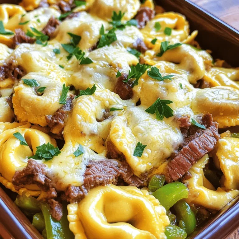 - Cheese tortellini - Flank steak - Provolone cheese The main stars of Cheesesteak Tortellini Bliss are cheese tortellini, flank steak, and provolone cheese. The cheese tortellini adds a rich, creamy texture. Flank steak gives a hearty, meaty flavor. Provolone cheese melts beautifully, making everything delightfully gooey. - Green bell pepper - Onion - Garlic Next, we have the veggies. The green bell pepper adds a nice crunch and sweetness. Onions bring out a savory note when sautéed. Garlic adds a burst of flavor that elevates the dish. Together, they create a great base for our cheesesteak twist. - Beef broth - Worcestershire sauce - Olive oil Now, let’s talk about the liquids. Beef broth adds depth and richness to the sauce. Worcestershire sauce brings umami and a hint of tang. Olive oil helps to sear the steak and sauté the veggies, making everything come together nicely. For the full recipe, check the [Full Recipe]. To start, fill a large pot with water. Add a generous pinch of salt. Bring the water to a rolling boil. Once it boils, gently add the cheese tortellini. Cook according to the package instructions, usually about 3-5 minutes. You want the tortellini to be al dente, not too soft. After cooking, drain the tortellini in a colander. Keep it warm by covering it with a kitchen towel while you prepare the rest. Next, heat a large skillet over medium-high heat. Add one tablespoon of olive oil to the hot skillet. Season the thinly sliced flank steak with salt and pepper. Make sure to coat all sides. Carefully place the steak slices in the skillet. Avoid overcrowding the pan, as this will steam the meat. Sear for about 3-4 minutes on each side. You want a golden-brown crust to form. Once cooked, remove the steak from the skillet and place it on a plate. Cover it loosely with foil to keep it warm. In the same skillet, add the sliced green bell pepper and onion. Don’t clean the skillet; this adds flavor. Sauté the vegetables over medium heat for about 5 minutes. You want them to soften and start to caramelize. Stir occasionally to prevent burning. Once they are soft, add the minced garlic. Cook for another minute, just until fragrant. Be careful not to let the garlic burn, as it can turn bitter. Now, you are ready to move on to combining all the tasty elements! For the complete recipe, check out the Full Recipe. To get the best flavor from your steak, sear it well. Here are my tips: - Heat your skillet: Use a large skillet and heat it to medium-high. This helps create a great crust on the steak. - Don’t overcrowd: Place only a few slices in the pan at once. This keeps the heat high and allows each piece to sear nicely. - Check doneness: For a medium-rare steak, aim for a temperature of 130-135°F. Use a meat thermometer for accuracy. Understanding how you like your steak cooked is key. Here’s a quick guide: - Rare: 120-125°F - Medium-rare: 130-135°F - Medium: 140-145°F - Medium-well: 150-155°F - Well-done: 160°F and above Want to take your cheesesteak tortellini to the next level? Try these flavor tips: - Add spices: A pinch of smoked paprika or crushed red pepper can give it a nice kick. - Experiment with herbs: Fresh thyme or oregano adds a lovely aroma. - Pair with sides: Serve with a fresh salad or garlic bread for a complete meal. The crunch balances the creamy tortellini. Cooking can have its hiccups. Here’s how to avoid common problems: - Overcooked tortellini: Keep an eye on the cooking time. Drain them as soon as they are al dente. This usually takes about 3-5 minutes. - Clumpy cheese: If your cheese gets clumpy, add a splash of milk or broth. This helps it melt evenly. For the full recipe of Cheesesteak Tortellini Bliss, check out the details shared above! {{image_4}} You can change this recipe with different proteins. If you want a lighter option, use chicken or turkey. Ground beef also works well in this dish. For a vegetarian twist, try mushrooms or tofu. These swaps keep the flavor rich and satisfying. Cheese is another area for creativity. Provolone is classic, but you can try cheddar for a sharper taste. Gouda adds a smoky feel, while mozzarella gives a creamy texture. Mix and match to find your favorite combo. Need gluten-free options? You can find gluten-free tortellini at many stores. Just check the package to ensure it fits your needs. Use cornstarch or arrowroot instead of regular flour to thicken the sauce. Dairy-free? Swap provolone for vegan cheese. There are many tasty brands that melt well. You can also use nutritional yeast for a cheesy flavor without the dairy. Want to switch up the presentation? Turn this dish into a baked delight. Transfer everything to a baking dish. Top it with more cheese and bake until golden and bubbly. This makes for a cozy meal perfect for sharing. Looking for a lighter option? Serve the cheesesteak tortellini as a salad. Toss it with greens, tomatoes, and a light dressing. This turns your dish into a fresh and vibrant meal option, perfect for warm days. For the full recipe, check the details above. After you enjoy your cheesesteak tortellini, store leftovers right away. Let the dish cool down for about 30 minutes. Avoid leaving it out longer, as this can cause bacteria to grow. Use airtight containers to keep your meal fresh. Store it in your fridge for up to three days. To freeze the cheesesteak tortellini, first, let it cool completely. Transfer it into freezer-safe containers or bags. Make sure to remove as much air as possible to avoid freezer burn. You can keep it frozen for up to three months. When you're ready to eat, thaw it overnight in the fridge. Reheat it gently on the stove over low heat, adding a splash of beef broth to keep it moist. Stir often to ensure even heating. Enjoy your delicious meal just like the first time! For the complete cooking instructions, check the Full Recipe. To cook tortellini, first, boil a large pot of water. Add salt to the water for flavor. When the water boils, add the cheese tortellini. Cook them according to the package instructions, usually around 3-5 minutes. Make sure they are al dente, which means they should be firm but cooked through. Drain the tortellini in a colander and keep them warm. This step ensures they stay soft and tasty for your dish. You can prepare Cheesesteak Tortellini Bliss ahead of time! Cook the tortellini and steak as directed, then let them cool. Store the dish in an airtight container in the fridge. When you're ready to eat, reheat it on the stove over medium heat. Add a splash of broth to keep it moist. Stir until everything is warm, and enjoy! This makes it easy for busy days. You can easily customize the flavors in this recipe! Try adding different vegetables like mushrooms or spinach for a twist. Swap the flank steak for chicken or shrimp if you want. For a spicier kick, add red pepper flakes or diced jalapeños. You can also mix in different cheeses like cheddar or mozzarella. Get creative and make this dish your own! This blog post covered a delicious recipe combining cheese tortellini and flank steak. You learned about essential ingredients, such as provolone cheese and beef broth. I shared steps for cooking beautiful tortellini and flavor-packed steak with sautéed veggies. Tips for perfecting your dish and creative variations ensured your meal stands out. In conclusion, enjoy the flexibility of this recipe. Please feel free to customize it to fit your tastes. Happy cooking!
