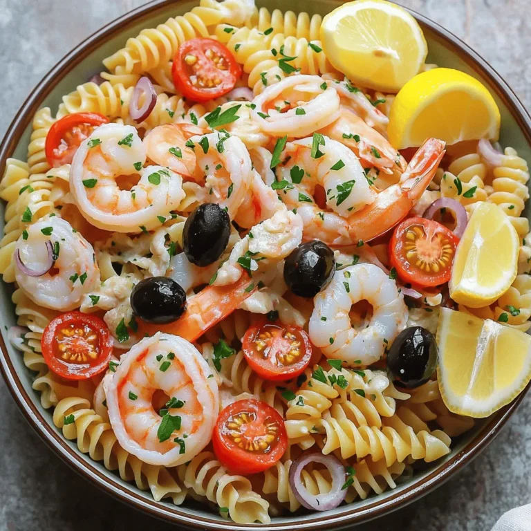 For this seafood pasta salad, I use shrimp and calamari. Both add great flavor and texture. You can find cooked shrimp at most grocery stores. Make sure they are peeled and deveined. The calamari should be sliced into rings for easy eating. Together, they create a seafood mix that sings of the ocean. I like to use rotini pasta for this recipe. Its spiral shape holds the dressing well. You can also use fusilli or penne if you prefer. Just make sure to cook the pasta until al dente. This helps it stay firm when mixed with the seafood and veggies. The dressing is simple yet tasty. You will need mayonnaise, fresh lemon juice, garlic powder, and dried oregano. These ingredients blend to create a creamy and zesty sauce. Don't forget to add salt and black pepper for extra flavor. This dressing ties all the components together and keeps the salad fresh and bright. You can find the full recipe at the beginning of the article, which includes all the steps to make this delicious seafood pasta salad. First, bring a large pot of salted water to a boil. This step is key for flavor. Add 8 ounces of rotini pasta to the boiling water. Cook it based on the package instructions until it’s al dente. This means the pasta should be firm but cooked. Once it's done, drain the pasta in a colander. Rinse it under cold water to stop the cooking process. This keeps the pasta from getting mushy. Now, let’s focus on the seafood and veggies. Grab 1 cup of cooked shrimp and 1 cup of cooked calamari. If you haven’t cooked them yet, steam or sauté them until done. Slice the calamari into nice rings. In a large mixing bowl, combine the cooled pasta with the shrimp, calamari, and 1 cup of halved cherry tomatoes. Next, add 1/2 cup of sliced black olives, 1/4 cup of finely chopped red onion, and 1/4 cup of fresh parsley. Gently mix everything until it’s well combined and colorful. For the dressing, take a small bowl. Whisk together 1/2 cup of mayonnaise, 2 tablespoons of freshly squeezed lemon juice, 1 teaspoon of garlic powder, and 1 teaspoon of dried oregano. Season with salt and black pepper to taste. Whisk until the dressing is creamy and smooth. Pour the dressing over the seafood and pasta mixture. Toss everything together with a spatula. Make sure all the ingredients are coated in that delicious dressing. Once done, you can find the full recipe within this section. To cook pasta just right, start with a big pot. Fill it with water and add salt. Use about 1 tablespoon of salt per quart of water. Bring the water to a boil before adding the rotini. This helps the pasta not stick. Cook the pasta until it's al dente, which means it’s firm but not hard. Drain the pasta in a colander. Rinse it with cold water to stop cooking. This keeps it from getting mushy. Adding flavor is key to a great seafood pasta salad. Fresh herbs, like parsley, make a big difference. They add a bright taste that lifts the dish. You can also mix in some lemon zest. This gives a nice, fresh aroma. If you like a little heat, consider adding red pepper flakes. They spice up the salad without overpowering the seafood. When serving your seafood pasta salad, presentation matters. Use a large, shallow bowl to show off the colors. Garnish with extra parsley and lemon wedges for a fresh look. This makes the dish more inviting. You can also serve it with crusty bread. It balances the meal and adds texture. For best results, chill the salad for at least 30 minutes before serving. This allows the flavors to blend well. For the full recipe, check out the Ocean Breeze Seafood Pasta Salad. {{image_4}} You can add seasonal vegetables to your seafood pasta salad. Fresh veggies boost flavor and nutrition. Try adding bell peppers, zucchini, or asparagus. These vegetables add crunch and color. You can also use peas or corn for sweetness. Just chop them small so they mix well. Remember to lightly steam firmer veggies to soften them a bit. This makes them easier to eat and blend with the pasta and seafood. Feel free to swap seafood based on your taste or what you have. You can use crab meat or scallops for a sweet flavor. If you want a more affordable option, canned tuna works great too. Just make sure to drain it well. You could also add mussels or clams for a briny touch. This gives your salad a unique twist. Mixing different seafood can make each bite exciting. The dressing can change the whole salad vibe. While the mayonnaise dressing is creamy, you can try a vinaigrette. A simple mix of olive oil, vinegar, and herbs adds brightness. You can use lemon juice or even a splash of lime juice for zest. For a spicy kick, add a pinch of red pepper flakes. This keeps the salad fresh and lively. You can always adjust the dressing to match your mood or meal theme. To keep your seafood pasta salad fresh, store it in an airtight container. This helps prevent air and moisture from spoiling the dish. Before sealing, ensure the salad has cooled completely. It’s best to refrigerate it right after serving. If you have leftover dressing, store it separately to maintain the salad's texture. When stored properly, seafood pasta salad lasts about 3 days in the fridge. After that, the seafood may start to lose its taste and texture. Always check for any off smells or changes in color before eating leftovers. Trust your senses to know when it’s time to toss it. I recommend avoiding freezing seafood pasta salad. Freezing changes the texture of the seafood and pasta. If you must freeze it, do so without dressing. When you thaw it, the pasta may become mushy, and seafood might not taste fresh. Instead, enjoy it fresh or store it in the fridge for up to three days. Feel free to check out the Full Recipe for tips on how to make this delightful dish! For seafood pasta salad, I recommend using rotini pasta. Its spiral shape holds the dressing well and adds texture. You can also try penne or farfalle if you prefer. These types of pasta work great with seafood and veggies. They create a delightful bite that makes each forkful enjoyable. Yes, you can make this salad vegetarian. Just replace the seafood with more veggies or beans. Try using chickpeas, artichokes, or bell peppers for added flavor and protein. You can keep the rest of the recipe the same, making it just as fresh and colorful. This way, it stays tasty while fitting your dietary needs. To make a lighter dressing, swap mayonnaise for Greek yogurt. This change adds creaminess while cutting fat. You can also mix in a little olive oil or vinegar for extra flavor. Adding herbs like dill or basil can brighten up the taste. This lighter dressing keeps the salad refreshing and guilt-free. For the full recipe, check the details above! This blog post covered essential elements for making a delicious seafood pasta salad. We explored key seafood components, pasta types, and dressing ingredients. You learned how to cook pasta, prepare seafood, and make a tasty dressing. Also, I shared tips to enhance flavor and different serving ideas. Experiment with seasonal veggies or alternative seafood to keep things fresh. Storing tips help your leftovers stay tasty longer. Embrace the joy of crafting your version of this dish.