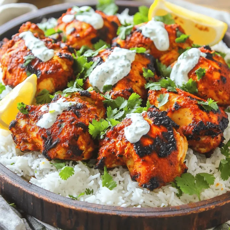 - 500g chicken thighs, skinless and boneless - 1 cup plain yogurt - 2 tablespoons tandoori masala - 1 tablespoon lemon juice - 1 tablespoon ginger-garlic paste - 1 teaspoon turmeric powder - 1 teaspoon cumin powder - Salt to taste Tandoori chicken is all about the marinade. I love using skinless chicken thighs for their rich taste and juiciness. The plain yogurt forms a creamy base and helps the spices stick. Tandoori masala is the star here, giving it that deep flavor. Lemon juice brightens the dish, while ginger-garlic paste adds warmth. Turmeric and cumin bring earthiness and depth. Don’t forget the salt; it ties everything together. - 2 cups basmati rice - 4 cups water - 1 tablespoon vegetable oil Basmati rice is perfect for this dish. It’s fluffy and has a nice nutty taste. Rinsing the rice is key; it removes extra starch and makes it less sticky. I use water and a bit of vegetable oil to cook the rice. This keeps it light and fluffy. - Fresh cilantro, chopped (for garnish) - Lemon wedges (for serving) Garnishing adds a pop of color and freshness. Fresh cilantro brightens the dish and complements the spices. Lemon wedges give you a tangy kick right when you need it. It’s a simple touch, but it makes a big difference. For the complete recipe, check out the Full Recipe. To start, you need to mix the yogurt and spices. In a large bowl, whisk together 1 cup of plain yogurt, 2 tablespoons of tandoori masala, 1 tablespoon of lemon juice, 1 tablespoon of ginger-garlic paste, 1 teaspoon of turmeric powder, 1 teaspoon of cumin powder, and salt to taste. This mixture creates a smooth and tasty marinade. Now, it’s time to marinate the chicken. Add 500 grams of skinless, boneless chicken thighs to the bowl. Make sure every piece is coated well with the marinade. Cover the bowl with plastic wrap or a lid. Place it in the refrigerator for at least 1 hour. For the best flavor, let it marinate overnight. Next, preheat your oven to 220°C (428°F). Take the marinated chicken out of the fridge. Arrange the chicken thighs on a baking sheet lined with parchment paper. Bake them for 25 to 30 minutes. This ensures the chicken cooks fully and gets a nice char. Flip the chicken halfway through cooking for even results. While the chicken bakes, rinse the basmati rice. Use a fine-mesh sieve or bowl. Rinse until the water runs clear. This step removes extra starch and makes the rice fluffy. In a medium saucepan, heat 1 tablespoon of vegetable oil over medium heat. Once hot, add the rinsed basmati rice. Sauté for 2 to 3 minutes. Stir occasionally until the rice is lightly toasted and smells great. Now, add 4 cups of water to the saucepan. Raise the heat until it boils. Then reduce to low heat, cover with a tight-fitting lid, and simmer for 15 minutes. The rice will absorb all the water and become fluffy. Once the chicken is done, let it rest for 5 minutes. Slice it into strips to make it easy to eat. Serve a generous scoop of fluffy basmati rice on each plate. Layer the sliced tandoori chicken on top. Garnish with fresh cilantro and lemon wedges for added flavor. For the full recipe, check the details above. Marinating your chicken is key for great taste. It helps the spices soak in deeply. Use plain yogurt as a base. This makes the chicken tender and juicy. I always add freshly squeezed lemon juice. It brightens the flavors and adds a nice tang. To check if the chicken is done, use a meat thermometer. The internal temperature should reach 75°C (165°F). This ensures the chicken is safe to eat. For fluffy rice, rinse the basmati rice well in cold water. This removes excess starch. Toast the rice in oil for a few minutes before boiling. This adds flavor and helps keep the grains separate. For a lovely presentation, use a large platter. Start with a base of fluffy rice. Then, layer the sliced tandoori chicken on top. Garnish with chopped cilantro and lemon wedges. These add color and freshness. You can pair this dish with a simple cucumber salad or yogurt sauce. Both complement the spicy chicken well. {{image_4}} You can make your tandoori chicken hotter. Just adjust the spice levels to suit your taste. Adding chili powder is a simple way to kick up the heat. Start with a small amount, then taste and adjust. This way, you control the spice without overwhelming the dish. Not everyone eats meat, and that's okay! You can swap chicken for paneer. Paneer absorbs flavors well and gives a nice texture. Another option is using chickpeas. Cook them until soft for good protein. Both options make a tasty and filling meal. Rice can be more than just a side. Try coconut rice for a sweet twist. Just cook the rice with coconut milk instead of water. You can also add vegetables like peas or carrots. This makes the rice colorful and adds nutrients. These variations make your meal even more exciting! To keep your tandoori chicken fresh, store it in an airtight container. Place it in the fridge right after the meal. This method helps keep the flavors intact. For best results, use the chicken within three days. If you want to save it for longer, freezing is a great option. Wrap the chicken tightly in plastic wrap and then place it in a freezer bag. This way, it won’t get freezer burn. When reheating, the oven works best. Preheat it to 180°C (350°F). Place the chicken on a baking sheet, cover it with foil, and heat for about 15 minutes. This keeps the chicken moist and flavorful. You can also use a microwave, but it may dry out the chicken. If you choose the microwave, add a splash of water to help keep moisture. Tandoori chicken can last in the fridge for up to three days. If frozen, it can last for about three months. Remember to check for any off smells or changes in texture before eating. Always prioritize your health and safety when it comes to food storage. Yes, marinating chicken overnight is a great idea. It allows the flavors to soak deep into the meat. This makes the chicken more tender and juicy. Longer marination enhances the taste and gives you a richer flavor. It also helps develop that nice char during cooking. If you’re short on time, even a one-hour marinade works, but the overnight method truly shines. If you can't find tandoori masala, don't worry! You can create a simple spice mix at home. Combine these spices for a tasty alternative: - 1 teaspoon cumin - 1 teaspoon coriander - 1 teaspoon paprika - ½ teaspoon turmeric - ½ teaspoon garam masala - Salt to taste This blend will give you a similar warmth and depth of flavor. Feel free to adjust the spices based on your taste. Yes, tandoori chicken over rice is naturally gluten-free. The main ingredients, like chicken, yogurt, and basmati rice, do not contain gluten. Just be sure to check the labels on your yogurt and spices. Some pre-packaged spices may have gluten as a filler. Always confirm that your ingredients are safe for your dietary needs. You’ve learned how to make a tasty tandoori chicken meal. We discussed the key ingredients like chicken, yogurt, and spices. You also saw the step-by-step process for marinating and cooking. Tips for perfect rice and serving ideas can elevate your dish. Remember, variations exist for spice and vegetarian options. Storing and reheating properly helps keep flavors fresh. Enjoy experimenting and mastering this delicious recipe! Happy cooking!