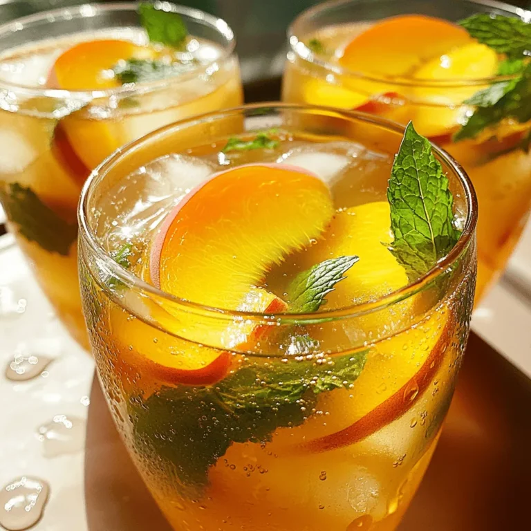 To make a delightful Peach Ginger Sunrise Tea, gather these simple ingredients: - 4 cups fresh water - 2 ripe peaches, pitted and thinly sliced - 1-inch piece of fresh ginger, peeled and thinly sliced - 2 tablespoons honey (adjust to your taste) - 2 teaspoons loose black tea leaves (or 2 black tea bags) - Juice from 1 freshly squeezed lemon - Fresh mint leaves for garnish Substitutions for honey can include agave syrup or maple syrup. These options provide a different sweetness but still enhance the flavor of the tea. If you prefer a sugar-free option, you can try stevia. For black tea, you can use green tea for a lighter flavor. Herbal tea works too, but it will change the overall taste. I recommend sticking with black tea for a classic taste. Using fresh ingredients gives the best flavor. Fresh peaches have a sweet, juicy taste that dried peaches can't match. Fresh ginger adds a warm, spicy kick, while dried ginger may lack that bright flavor. If you have to use dried, use less, as it is stronger than fresh. To make Peach Ginger Sunrise Tea, start by boiling water. Pour 4 cups of fresh water into a medium saucepan. Place it over high heat and bring it to a rolling boil. - Add Ingredients: Once the water is boiling, add 2 sliced peaches and 1-inch of sliced ginger. - Simmer: Reduce the heat to medium-low. Let the tea simmer gently for about 10 minutes. This allows the flavors to blend well. - Steeping: After simmering, remove the pan from the heat. Add 2 teaspoons of loose black tea leaves or 2 black tea bags. Let it steep for 5 minutes. To strain the tea, use a fine mesh strainer. Place it over a large pitcher. Pour the tea through the strainer and discard the solid pieces of peach and ginger. This step is key for a smooth drink. Now, it’s time to sweeten your tea. While the tea is warm, stir in 2 tablespoons of honey and the juice from 1 lemon. Mix well until the honey dissolves fully. For serving, chill the tea in the refrigerator for at least 1 hour. Once cold, prepare your glasses. Fill each glass with ice and pour the chilled tea over it. To make it look nice, garnish each glass with fresh mint leaves. You can also add a slice of peach on the rim for a touch of color. This makes your tea not just tasty but also pretty to look at. For more details on the recipe, check out the Full Recipe. To make the best Peach Ginger Sunrise Tea, follow some simple steps. First, use fresh ingredients for the best taste. For brewing, heat your water until it boils. Then, add your peaches and ginger, and let them simmer for about 10 minutes. This time allows the flavors to blend well. Next, steep your black tea for 5 minutes. If you want a stronger tea, add a minute or two to the steeping time. For sweetness, start with 2 tablespoons of honey. Taste it and add more if you like it sweeter. Finding the right balance between peach and ginger is key. If the peach flavor is too strong, add more ginger. If you want more peach, slice in an extra peach. You can boost the flavor of your tea with spices or other fruits. A dash of cinnamon adds warmth. A drop of vanilla gives a sweet note. You could also try adding berries or citrus fruits like oranges for a new twist. If you want a fresh touch, consider infusing herbs like basil or rosemary. These herbs can add a unique flavor to your tea. You can mix and match to discover your favorite combinations. For a fun change, check out the full recipe for different fruit and spice ideas. {{image_4}} Peach Ginger Sunrise Tea shines both hot and iced. For hot tea, you steep the tea right after simmering the peaches and ginger. Just pour hot tea into your cup, and you’re ready. For iced tea, brew the tea as usual but chill it after steeping. Pour it over ice for a refreshing drink. You might want to add a splash of extra lemon juice or more honey. Iced tea is great when the sun shines, while hot tea warms you up on cool days. Sweetness can change your tea's flavor. Honey is a natural sweetener and adds a floral note. If you prefer a different taste, try agave or stevia. These give sweetness without many calories. Honey and sugar taste different. Honey is rich and smooth, while sugar is clean and crisp. You can adjust sweetness based on your taste. Start with less, and add more until it’s perfect for you. Everyone has their own sweet spot! Store your leftover Peach Ginger Sunrise Tea in a clean, airtight container. This keeps it fresh and tasty. If you have a pitcher, that works well too! Make sure to cool the tea before sealing it. Peach Ginger Sunrise Tea stays good in the fridge for up to five days. After that, it may lose its bright flavor. You can freeze this tea, but it might change in taste. Pour the tea into ice cube trays for easy use later. When you're ready, simply thaw the cubes in the fridge or add them to your glass for a cool drink. To reheat chilled tea, pour it into a saucepan. Heat it over low heat to avoid boiling. Boiling can change the flavor. Stir gently as it warms. If you want to keep the peach and ginger flavor, don’t heat it too much. Warm it just until it feels nice to drink. Enjoy it hot, or pour it over ice for a refreshing twist! What health benefits do peaches and ginger provide? Peaches are low in calories and high in vitamins. They support skin health and improve digestion. Ginger is known for its anti-inflammatory properties. It helps with nausea and may ease sore throats. Together, they create a vibrant drink that can boost immunity. Can I use decaffeinated tea for this recipe? Yes, you can use decaffeinated black tea. It will still provide great flavor without caffeine. Just follow the same steps in the recipe. This way, you can enjoy the tea at any time of day. Is it safe to drink peach ginger tea during pregnancy? Yes, peach ginger tea is generally safe for most pregnant women. However, always consult your doctor first. Ginger can help with morning sickness, but moderation is key. Ensure your ingredients are fresh and free from additives. Where to buy fresh ingredients or pre-made peach ginger tea You can find fresh peaches and ginger at local farmers' markets or grocery stores. Look for ripe peaches that are slightly soft to the touch. For pre-made tea, check specialty tea shops or online retailers. Recommendations for high-quality tea brands Some trusted tea brands include Twinings and Harney & Sons. They offer quality black tea that complements the fruity flavors. Always read labels to ensure the tea is pure and free from additives. Online vs. local shopping: Tips for sourcing ingredients Local shopping allows you to choose fresh produce. However, online shopping offers convenience. If you shop online, choose reputable sites with good reviews. Always check for freshness when ordering perishable items. Peach Ginger Sunrise Tea brings together fresh, tasty ingredients and simple steps. We explored what makes this tea special, from the ingredients to brewing methods. You now know how to sweeten and serve it perfectly, plus enjoy variations like hot or iced tea. Remember to store leftovers safely and use the reheating tips for the best flavor. Experimenting with spices and fruits can enhance your tea. This delightful brew is not just refreshing; it may also bring health benefits. Enjoy your tea journey, and share your new favorite recipe with friends!