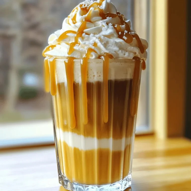 - 1 cup cold brew coffee - 1 cup milk (your choice of dairy or non-dairy) Cold brew coffee gives your frappe a smooth taste. You can use any milk you like. Almond, oat, or regular milk all work great. - 2 tablespoons salted caramel sauce, plus extra for drizzling - 1 tablespoon sugar (optional, adjust to your preferred sweetness) - 1/2 cup ice cubes Salted caramel sauce adds rich flavor. If you want it sweeter, you can add sugar. Ice cubes keep your drink cold and refreshing. - Whipped cream - Sea salt flakes for finishing touch Whipped cream makes your frappe look fancy. A sprinkle of sea salt on top brings out the caramel flavor. This creates a perfect balance in every sip. For the complete recipe, refer to the Full Recipe section. Enjoy making your Salted Caramel Cold Brew Frappe! To make your Salted Caramel Cold Brew Frappe, start with the blending. Here’s how: 1. Add Ingredients: Put 1 cup of cold brew coffee, 1 cup of milk, 2 tablespoons of salted caramel sauce, 1 tablespoon of sugar (if you want), and 1/2 cup of ice cubes into a blender. 2. Blend: Blend on high for 30 to 45 seconds. You want it smooth and frothy. Next, adjust the sweetness to taste: - Taste Test: After blending, give it a taste. If you want it sweeter, add more salted caramel or sugar. - Blend Again: Blend briefly to mix in any extra sweetness. Now, let’s make it look as good as it tastes: - Drizzle Caramel: Take a tall glass and drizzle salted caramel sauce on the inside. This makes it look fancy. - Pour the Frappe: Carefully pour your blended frappe into the glass. Leave some space at the top for whipped cream. Finally, it’s time to add the finishing touches: 1. Top with Whipped Cream: Add a generous dollop of whipped cream on top of your frappe. It should look like a fluffy cloud. 2. Final Touches: Drizzle more salted caramel on the whipped cream. Sprinkle a pinch of sea salt flakes for that perfect crunch. Serve your delightful drink with a straw and enjoy every sip! For a complete recipe, check out the Full Recipe. To make your frappe just right, focus on frothiness. The key is blending it well but not too long. Start your blender on low. Once everything mixes, crank it up to high. Blend for 30 to 45 seconds. You want a smooth and frothy texture. If it seems too thick, add a splash of milk. If it’s too thin, toss in a bit more ice. You might want to adjust the sweetness to fit your taste. Start with the recipe's sugar amount. After blending, taste your drink. If you want it sweeter, add more salted caramel sauce. You can also try honey or agave syrup instead of sugar for a different twist. Both add good flavor and sweetness. Preparing this drink ahead of time can save you effort. You can mix the cold brew and milk, then store it in the fridge. Just blend the ice and caramel sauce right before serving. Keep the caramel sauce in a cool, dark place. This way, it stays fresh and ready for your next frappe. {{image_4}} You can easily bring new life to your Salted Caramel Cold Brew Frappe. Adding flavorings like vanilla or chocolate makes it even better. Just a splash of vanilla extract gives a warm touch. You can use chocolate syrup for a rich twist. Seasonal variations also add fun. Try pumpkin spice in the fall. Just mix in a teaspoon of pumpkin spice with your caramel for a cozy drink. If you want dairy-free options, you have plenty of choices. Almond milk, oat milk, or coconut milk work great. Each gives a unique taste. You can also find vegan salted caramel sauces at stores. For those watching sugar, consider low-sugar alternatives. You can swap regular sugar for stevia or monk fruit. These options keep the taste while cutting calories. Not a fan of cold brew? No worries! You can use instant coffee or espresso instead. Just mix one tablespoon of instant coffee with hot water. Let it cool down before adding it to your frappe. Other beverages work well too. Try adding chocolate milk or even chai tea for a fun twist. Each option gives a new flavor to enjoy. Remember, creativity makes cooking fun! To store blended frappes, pour any leftover drink into a sealed container. Place it in the fridge. Use it within one day for the best taste. If you want to keep the flavor strong, don’t blend too many air bubbles into the frappe. This helps to keep it fresh longer. To keep cold brew fresh, store it in an airtight container in the fridge. It will stay good for up to two weeks. For homemade caramel sauce, keep it in a glass jar. Store it in the fridge as well. Use it within two weeks for the best taste. You can freeze your salted caramel cold brew frappe for later use. Pour the frappé into ice cube trays. Once frozen, transfer the cubes to a bag. When you want to enjoy it, simply blend the frozen cubes with a bit of milk. Thawing is easy; just let it sit at room temp for a few minutes before blending. This way, you can enjoy a quick treat any time! This drink is a sweet and salty delight. You get rich coffee flavor mixed with creamy milk. The salted caramel adds a warm, buttery taste. Each sip feels smooth and refreshing. The sea salt flakes boost the flavor even more. You will savor a perfect balance between sweet and salty. Yes, you can! If you don’t have a blender, try mixing the ingredients in a jar. Use a whisk or a frother to combine them well. Shake it until frothy. You can also stir with a spoon for a simpler mix. It may not be as smooth, but it will still taste great. You can find this drink at many coffee shops. Look at popular chains like Starbucks, Dunkin', or Peet's Coffee. Many local cafes also offer their own versions. Just ask for a salted caramel cold brew frappé. You might discover a new favorite spot! Yes, with a few swaps! Use non-dairy milk like almond, oat, or soy. Make sure the salted caramel sauce is vegan-friendly. Some brands offer vegan options. Always check the labels to be sure. This way, you can enjoy a delicious vegan treat. A typical frappé has about 300 to 400 calories. This can change based on your milk choice and added sugar. The whipped cream and caramel sauce add extra calories too. If you want fewer calories, skip the whipped cream or use less caramel. We explored how to make a delicious Salted Caramel Cold Brew Frappe. We covered key ingredients like cold brew coffee, milk options, and tasty toppings. I shared preparation steps, serving tips, and strategies for blending the perfect drink. Plus, I offered ways to customize flavors and adjust sweetness. Now you can enjoy this treat at home. Try different variations to make it yours. With the right techniques, you’ll impress your friends and family. Enjoy your new favorite cold coffee drink!