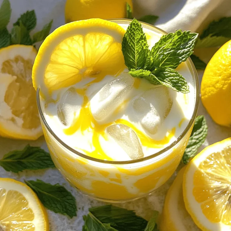 - Freshly Squeezed Lemon Juice: This is the star of the drink. I use about 1 cup, which comes from 4-6 medium lemons. Fresh juice gives the best flavor. - Coconut Milk Options: I recommend using 2 cups of coconut milk. You can choose between canned or carton coconut milk. Canned milk is richer, while carton is lighter. - Sweeteners and Their Adjustments: For sweetness, I use 1/2 cup of honey or agave syrup. You can adjust this based on your taste. If you like it sweeter, add more. - Fresh Mint Leaves: I love adding about 1/4 cup of finely chopped mint. It gives a nice, fresh taste to the mocktail. - Lemon Slices: Add thin slices of lemon for decoration. They also enhance the drink’s bright flavor. For the complete recipe, check out the Full Recipe. - Combining Lemon Juice and Coconut Milk Start by squeezing about 4 to 6 medium lemons. You want 1 cup of fresh lemon juice. Pour this into a large pitcher. Add 2 cups of coconut milk. Use canned or carton coconut milk, based on your choice. Stir the mixture well until it looks creamy and blended. - Adding Sweeteners and Mint Next, add 1/2 cup of honey or agave syrup. Stir until it dissolves completely. Taste the mixture. If you want it sweeter, add a bit more sweetener. Then, fold in 1/4 cup of finely chopped fresh mint leaves. This will give your drink a nice aroma and flavor. - Mixing in Sparkling Water Just before serving, slowly pour in 2 cups of sparkling water or club soda. Do this gently to keep the bubbles. Stir very lightly to mix it without losing the fizz. - Pouring Over Ice Fill each glass with ice cubes. Ladle the creamy lemonade mixture over the ice until it’s almost full. For a nice touch, add a slice of lemon on the edge and a sprig of fresh mint on top. Enjoy your creamy lemonade mocktail right away for the best taste! You can find the full recipe above. Choosing the Right Lemons Select bright yellow lemons. They should feel heavy for their size. This means they are juicy. Look for smooth skin and avoid any that feel soft or have dark spots. Fresh lemons will give your drink a zesty flavor. Importance of Chilling Ingredients Chill your coconut milk and sparkling water before mixing. This keeps your mocktail icy cold. Cold ingredients maintain the drink's refreshing taste. It also enhances the creamy texture of your drink. Blending Techniques Mix lemon juice and coconut milk well. I recommend using a blender for a smooth finish. Blend for about 30 seconds to combine fully. If you want it creamier, blend a bit longer. Adjusting Ingredients for Desired Thickness If you prefer a thicker drink, add more coconut milk. You can also use a bit less sparkling water. This will change the texture without losing flavor. Tweak it until you find your perfect mix. For the full recipe, check out the detailed steps! {{image_4}} You can change up your creamy lemonade mocktail with fun flavor add-ins. Try using different fruit juices like raspberry or lime. These juices add a nice twist and a pop of color. Just mix in about half a cup of your chosen juice to the main recipe. If you want a different creamy base, you can use alternative milk options. Almond or oat milk works well. They give a unique flavor and can make your drink lighter. Just replace the coconut milk in the recipe with your favorite milk. Seasonal fruits and herbs can really enhance your mocktail. In summer, add fresh berries or peach slices for a fruity burst. In fall, consider pumpkin spice or apple slices for a cozy feel. You can also adapt your mocktail for holiday themes. For Halloween, add a splash of purple grape juice and some spooky decorations. For Christmas, try peppermint leaves and a hint of cinnamon. These changes keep your mocktail fresh and exciting. For the full recipe, check out the Creamy Lemonade Mocktail Delight 🥥. To keep your Creamy Lemonade Mocktail fresh, store it in the fridge. Use a container with a tight lid to prevent spills and to reduce exposure to air. Glass jars or BPA-free plastic containers work well. Avoid metal containers, as they can alter the taste. This mocktail lasts about 2 to 3 days in the fridge. Check for signs of spoilage before drinking. If you see separation or an off smell, it’s best to toss it. Fresh mint may wilt, so remove it if you see browning. Always give it a good stir before serving again. A Creamy Lemonade Mocktail is a refreshing drink. It combines lemon juice and coconut milk. This mix creates a creamy and tangy flavor. You also add sweeteners like honey or agave syrup. It is non-alcoholic, making it a great choice for all ages. The drink is topped with sparkling water for extra fizz. Fresh mint and lemon slices add a nice touch. Yes, you can easily make this recipe vegan. Instead of honey, use agave syrup or maple syrup. Both options give you sweetness without animal products. This way, everyone can enjoy the drink! To make your mocktail fizzier, add more sparkling water. Use chilled sparkling water for the best bubbles. You can also mix the sparkling water in just before serving. This keeps the drink bubbly and light. For an extra touch, consider using flavored sparkling water. This can enhance the taste and add fun flavors. This blog post covered how to make a creamy lemonade mocktail. You learned about key ingredients like lemon juice, coconut milk, and sweeteners. The preparation steps helped you blend these flavors perfectly, and tips ensured freshness and the right texture. You also discovered fun variations to keep the drink exciting and how to store leftovers. Now, get creative and enjoy making this refreshing drink!