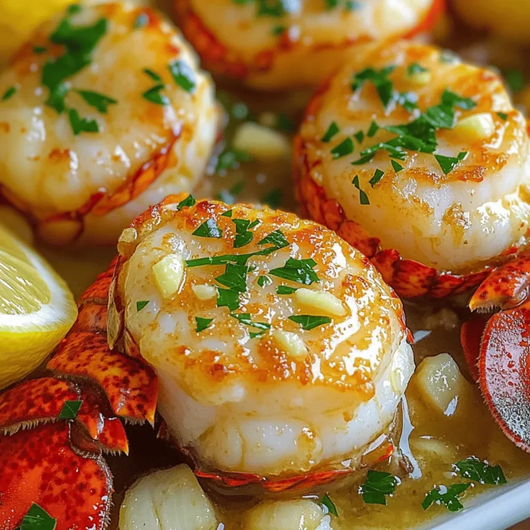 - 1 lb lobster tails, halved lengthwise - 1 lb fresh sea scallops - 4 tablespoons unsalted butter, divided - 4 cloves garlic, finely minced - 1 lemon, juiced (about 2 tablespoons) - 2 tablespoons fresh parsley, finely chopped - Salt and freshly ground black pepper, to taste - Lemon wedges, for serving When I prepare Easy Garlic Butter Lobster Scallops, I love how fresh ingredients shine. The lobster tails and scallops are the stars of this dish. Using fresh seafood makes all the difference. Each bite bursts with flavor. Butter brings richness to the dish. I use unsalted butter to control the saltiness. Garlic adds a lovely aroma and taste. It’s important to finely mince the garlic. This helps to spread its flavor evenly. I always squeeze fresh lemon juice for brightness. The juice balances the rich butter. Chopped parsley adds a nice touch. It gives the dish a pop of color and freshness. Don’t forget about seasoning! Salt and black pepper enhance the seafood’s natural flavor. I like to season both the lobster and scallops well before cooking. Lastly, lemon wedges are a must. They add a fresh hit of citrus when served. I find that a squeeze of lemon elevates the whole meal. For the full recipe, check out the details above. Enjoy creating this flavorful delight! First, take the lobster tails and scallops out of the package. Gently pat them dry with a paper towel. This step is key for a nice sear later. Next, season them with salt and black pepper. Make sure to cover all sides for even flavor. Now, let’s get cooking! In a large skillet, melt 2 tablespoons of unsalted butter over medium heat. Once the butter is melted and bubbly, add the minced garlic. Sauté the garlic for about one minute until it is fragrant. Be careful not to let it burn. Next, add the lobster tails to the skillet. Place them cut-side down first. Sear the tails for about 3-4 minutes until they turn golden brown. Then, carefully flip them over and cook for another 2-3 minutes. They should look opaque and fully cooked. Remove them and set aside. Now, it’s time for the scallops. Add them to the same skillet, making sure not to overcrowd them. Sear each side for about 2-3 minutes until they get a beautiful golden crust. Once done, remove the scallops and place them with the lobster. Return the cooked lobster to the skillet. Squeeze in the fresh lemon juice and sprinkle the chopped parsley over everything. Gently toss the lobster and scallops in the garlic butter sauce. This will help all the flavors blend nicely. Finally, serve the lobster and scallops on a large platter. Drizzle any remaining garlic butter sauce over the seafood. Garnish with more parsley and add lemon wedges on the side. For the full recipe, check the detailed instructions above. Enjoy your tasty dish! To make your lobster and scallops shine, start with good searing. Searing gives seafood a nice crust. Heat your skillet until it's hot. Add butter and let it melt before placing the seafood in. This helps lock in flavors and moisture. Drying your seafood before cooking is very important. Use paper towels to pat the lobster tails and scallops dry. Removing excess moisture helps achieve that perfect golden sear. Wet seafood will steam instead of sear. Adding herbs and spices can elevate your dish. Fresh thyme or basil can add great flavor. A pinch of red pepper flakes can give it a nice kick. Don't be afraid to experiment with flavors you love. For sauces, consider making a light citrus sauce. A mix of lemon juice and olive oil works well. You can also add a splash of white wine for depth. These additions can enhance the overall taste of your seafood. Presentation matters when serving seafood. Arrange the lobster tails and scallops on a large platter. Place them in a way that looks inviting. You can stack the scallops for a layered look. Garnishing makes your dish pop. Use chopped parsley for a fresh touch. Lemon wedges add color and a burst of flavor. A well-presented dish makes a great impression, so take your time with this step. Want to try this delicious dish? Check out the [Full Recipe]. {{image_4}} If you cannot find lobster or scallops, you have options. You can use shrimp instead of lobster. Shrimp cooks fast and adds great flavor. For scallops, try using firm fish like cod or halibut. Both will work well in this dish. For dairy-free butter, consider using olive oil or coconut oil. Both options will give a nice taste. You can also find plant-based butter in stores. Just make sure it melts well for your sauce. You can cook your seafood in different ways. Grilling is a fun option. It gives a smoky flavor that pairs well with garlic. Just brush the lobster and scallops with butter before grilling. Sautéing is great for a quick meal. It lets the garlic and butter shine through. Broiling is another method to try. It cooks the seafood from above. This method creates a crispy top while keeping the inside juicy. You will get a different flavor profile that is equally delicious. For side dishes, consider a fresh salad or garlic bread. A light pasta with lemon pairs well, too. These sides will balance the rich flavors of the seafood. As for drinks, a crisp white wine like Sauvignon Blanc is perfect. It cuts through the richness of the butter. If you prefer non-alcoholic drinks, try sparkling water with lemon. It refreshes the palate nicely. For the full recipe, check the Easy Garlic Butter Lobster Scallops 🦞🧄 section. To keep your Easy Garlic Butter Lobster Scallops fresh, place them in an airtight container. This helps avoid any unwanted smells in your fridge. Make sure to refrigerate them within two hours of cooking. They can last up to three days in the fridge. If you notice any off smell or discoloration, it's best to toss them out. When you want to enjoy your leftovers, the best way to reheat is on the stove. Use low heat to warm them gently. This keeps the seafood tender. You can also use the microwave, but do it in short bursts to avoid overcooking. Cover the dish with a damp paper towel to keep moisture in. Remember, seafood can dry out quickly. Yes, you can freeze lobster scallops! However, freezing may change their texture. To freeze, place them in a freezer-safe bag or container. Remove as much air as possible before sealing. They can stay frozen for up to three months. When you're ready to use them, thaw in the fridge overnight. Avoid thawing at room temperature to keep them safe. If you're looking for the full recipe, check out the Easy Garlic Butter Lobster Scallops recipe above! You can tell when scallops are done by their color and texture. They should be opaque and firm. A golden crust on the outside shows they are well-seared. Avoid cooking them too long. Overcooked scallops become rubbery and tough. Common mistakes include overcrowding the pan and not drying them well. Always dry scallops with paper towels. This helps them sear nicely and not steam. Yes, you can use frozen lobster tails and scallops. Just make sure to choose high-quality seafood. Look for ones that are flash-frozen for best taste. To thaw, place them in the fridge overnight. If you're in a hurry, seal them in a bag and submerge in cold water for about 30 minutes. Cook them right after thawing for the best flavor. Pair your dish with light sides. A fresh salad with lemon vinaigrette works well. Roasted asparagus or green beans add great color and flavor. For a complete meal, serve with garlic bread and a glass of white wine. This combination enhances the rich flavors of the lobster and scallops. You can find the full recipe for Easy Garlic Butter Lobster Scallops and create a delightful feast! This blog post highlighted key ingredients for an easy garlic butter lobster and scallops dish. I walked you through preparation, cooking, tips for perfect seafood, and variations to keep meals exciting. You now have practical storage info and answers to common questions. No matter how you serve this dish, it promises flavor. Enjoy crafting a meal that impresses everyone at your table. Happy cooking!