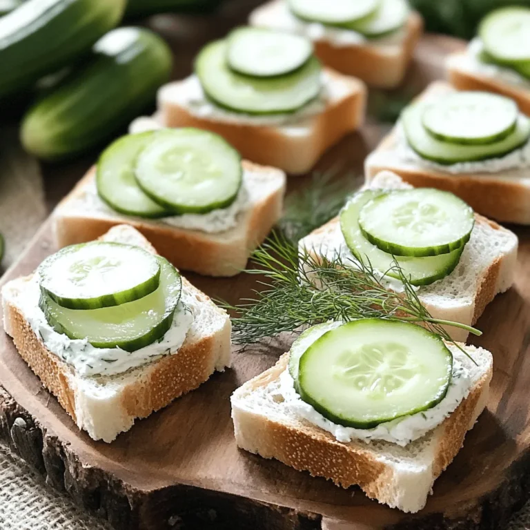 To make classic cucumber sandwiches, you need a few simple ingredients. This recipe is easy and quick. You can gather everything in no time. Here is what you will need: - Cucumber - Soft white or whole wheat bread - Cream cheese - Fresh dill - Fresh lemon juice - Salt and pepper - Optional butter Each ingredient plays a key role in this dish. The cucumber adds crunch and freshness. The bread serves as a soft base, while the cream cheese gives a rich taste. Fresh dill brightens the flavor, and lemon juice adds a hint of tartness. Don’t forget the salt and pepper for seasoning! If you want a richer flavor, consider adding butter. These ingredients come together to create a delightful treat. You can find the full recipe in the article. Enjoy making these tasty sandwiches! Start by washing the cucumber under cold water. This removes dirt and keeps it fresh. Next, grab a sharp knife or a mandoline. Slice the cucumber into thin rounds, about 1/8 inch thick. Thin slices add a nice crunch. After slicing, place the rounds on a paper towel. Gently blot them to remove excess moisture. This step is key. It helps prevent the sandwiches from getting soggy. In a medium bowl, combine the softened cream cheese with chopped fresh dill. Add fresh lemon juice for zest. Season with a pinch of salt and freshly ground black pepper. Use a spatula or fork to mix well. You want a smooth and creamy texture. This mixture will be the star of your sandwich. If you like, you can spread a thin layer of butter on one side of each bread slice. This step is optional but adds flavor. Then, take four slices of bread and spread the cream cheese mixture generously. Make sure to cover each slice evenly. Now, layer the cucumber slices on top. You can stack them high, but keep it manageable. Finally, place the other four slices of bread on top. For a fancy touch, trim the crusts off with a sharp knife. Cut each sandwich into quarters or triangles. Now, you’re ready to serve these elegant cucumber sandwiches on a platter. When you make cucumber sandwiches, presentation matters. Start by trimming the crusts off each sandwich. This makes them look neat and fancy. Then, cut each sandwich into quarters or triangles. This size is perfect for small hands and easy bites. For a fun touch, place a sprig of dill or a cucumber slice on top of each piece. It adds color and charm to your dish. To make your sandwiches burst with flavor, consider adding herbs. Fresh chives or parsley work well with the cream cheese. You can also sprinkle a little garlic powder for a kick. Choosing the right bread is key too. Soft white or whole wheat bread gives the best taste. If you want something different, try rye or pumpernickel. These add a unique twist to the classic recipe. Cucumber sandwiches are great for tea time or picnics. They pair well with a light tea or lemonade. Serve them chilled for a refreshing treat. If you have leftovers, keep them in the fridge. They taste best when eaten fresh, but they can last a day. Enjoying them at room temperature is also tasty, just not too warm. For the full recipe, check out the detailed steps above. {{image_4}} You can use many types of bread for cucumber sandwiches. Soft white or whole wheat bread works well. For a twist, try rye or pumpernickel. These breads add a unique taste. If you need gluten-free options, there are many tasty choices available. Look for gluten-free bread that is soft. This keeps the sandwiches easy to eat. Fresh herbs bring out the best in cucumber sandwiches. While dill is classic, you can switch things up. Try chives for a mild onion flavor. Parsley adds a fresh and bright taste. Basil offers a sweet, aromatic twist that pairs well with cucumber. You can mix and match herbs to find your favorite blend. Want to make your sandwiches heartier? Adding proteins is a great idea. Smoked salmon gives a rich, savory flavor. It pairs perfectly with cream cheese and cucumber. Turkey is another tasty option. It adds protein without overpowering the sandwich. Feel free to experiment with your favorite proteins for a satisfying bite. For the full recipe, check out Elegant Cucumber Sandwiches. To keep your classic cucumber sandwiches fresh, store them in the fridge. Wrap each sandwich in plastic wrap or foil. This keeps them from drying out. I recommend placing them in an airtight container. This method helps lock in moisture and taste. To prevent soggy sandwiches, blot the cucumber slices with a paper towel. This removes extra water before you assemble the sandwiches. If you use butter on the bread, it can also help keep the bread dry. Can the sandwiches be frozen? Yes, but it's not ideal. Freezing can change the texture of the cucumbers. If you still want to freeze them, wrap each sandwich tightly. Use plastic wrap or freezer bags to avoid freezer burn. Preparing for later consumption is simple. Make the sandwiches fresh, then store them in the fridge. They taste best when eaten within a day or two. For the best experience, try to assemble them right before serving. You can find the Full Recipe to guide you. You can use several tasty alternatives for cream cheese. If you want a dairy-free option, try hummus or avocado spread. They add a creamy texture and great flavor. For a low-fat choice, consider Greek yogurt. It has a tangy taste and is also healthy. You can also use a soft cheese spread made from goat cheese for a unique flavor twist. Cucumber sandwiches are best enjoyed fresh. However, they can last for about 2 to 3 days in the fridge. To keep them fresh, store them in an airtight container. Place a paper towel inside to absorb moisture. This way, your sandwiches will stay crisp and tasty for longer. Yes, you can prepare cucumber sandwiches ahead of time. Make them a few hours before your event for the best taste. If you make them too early, the bread may get soggy. To solve this, keep the cucumber slices separate and assemble the sandwiches just before serving. This keeps everything fresh and crisp. For cucumber sandwiches, choose English cucumbers or Persian cucumbers. They are long and have fewer seeds. Their skin is thin and tender, making them perfect for sandwiches. Avoid regular cucumbers as they can be watery and have thicker skin. The right cucumber will keep your sandwiches light and refreshing. Cucumber sandwiches are simple yet fresh and tasty. We covered the key ingredients, like cucumber, soft bread, and cream cheese. I showed you how to prepare them step by step. You learned tricks for great presentation and flavor, plus many fun variations. Proper storage tips keep your sandwiches fresh. Making these ahead of time can save you effort. Now you can impress at any event with your new cucumber sandwiches! Enjoy your creations and share them with friends.