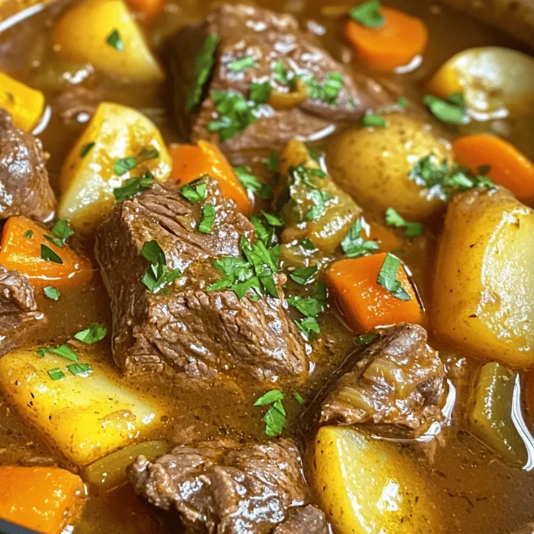 To make a tasty Instant Pot Beef Stew, you need the following items: - 2 lbs beef chuck, cut into 1-inch cubes - 3 tablespoons olive oil - 1 large onion, finely chopped - 3 cloves garlic, minced - 4 cups beef broth - 3 carrots, sliced into rounds - 3 medium potatoes, diced - 2 stalks celery, chopped - 1 cup peas (fresh or frozen) - 2 tablespoons tomato paste - 1 tablespoon Worcestershire sauce - 2 teaspoons dried thyme - 2 teaspoons dried rosemary - Salt and pepper to taste - 2 tablespoons cornstarch (optional, for thickening) - Fresh parsley, chopped (for garnish) Each ingredient plays a key role. The beef chuck gives a rich taste. Olive oil helps to brown the meat. Onions and garlic add depth and aroma. Broth forms the base for flavor. Carrots and potatoes provide texture and sweetness. Peas add a touch of color and freshness. I recommend using fresh herbs when possible. They boost flavor and make the stew even better. For a twist, try adding your favorite spices. This recipe is flexible, so feel free to make it your own. For the complete method, check out the Full Recipe. Start by setting your Instant Pot to sauté mode. Add 3 tablespoons of olive oil and let it heat up until it shimmers. Next, add 2 lbs of beef chuck cut into 1-inch cubes. Brown the beef for about 5 minutes. This creates a rich flavor and a nice crust. After browning, remove the beef and set it on a plate. This step is key for a deep taste in your stew. In the same pot, toss in 1 large onion, finely chopped, and 3 cloves of minced garlic. Sauté these for about 3 to 4 minutes. You want the onions to turn translucent and smell sweet. This process builds flavor. Then, pour in 1 cup of beef broth to deglaze the pot. Use a wooden spoon to scrape the tasty bits stuck to the bottom. This adds even more flavor to your stew. Now, return the browned beef to the pot. Add the rest of the beef broth, which is 3 cups. Mix in 3 sliced carrots, 3 diced potatoes, 2 chopped stalks of celery, 2 tablespoons of tomato paste, and 1 tablespoon of Worcestershire sauce. Don’t forget to add 2 teaspoons each of dried thyme and dried rosemary, plus salt and pepper to taste. Stir everything well. Close the lid of your Instant Pot. Make sure the valve is set to sealing. Select manual cooking mode and set the timer for 35 minutes. This pressure cooking time allows all flavors to blend together. After cooking, let the pressure release naturally for 10 minutes. Then, do a quick release to get rid of any remaining pressure. If you want a thicker stew, mix 2 tablespoons of cornstarch with water to create a slurry. Select the sauté function again, stir in this mixture, and cook for 2 to 3 minutes. This will give your stew the perfect consistency. Finally, stir in 1 cup of peas and let them heat for 2 minutes. This adds color and freshness. Serve your hearty stew with a sprinkle of fresh parsley on top for a lovely finish. To boost the flavor of your beef stew, start with aromatics. Aromatics enhance taste and make your dish smell great. Always sauté your onions and garlic until they are soft and fragrant. This step adds depth and richness to your stew. Best practices for deglazing: After browning your beef, use beef broth to deglaze the pot. Pour in a cup of broth and scrape the bottom with a wooden spoon. This process lifts the tasty browned bits stuck to the pot. These bits pack a lot of flavor that will make your stew shine. For the perfect stew thickness, consider using cornstarch. Mix two tablespoons of cornstarch with some water to make a slurry. Add this to your stew during the last cooking phase. Stir it in, and let it simmer until thickened. Adjusting seasoning: Always taste your stew after cooking. If it needs more flavor, simply add salt, pepper, or herbs. A little adjustment can elevate your dish to the next level. How you serve your beef stew matters. Use rustic bowls for a cozy feel. Ladle the stew in and top it with fresh parsley for color. Pairing recommendations: Serve your stew with crusty bread. The bread is great for dipping and makes the meal feel complete. You can also enjoy it with a simple green salad for some crunch. {{image_4}} You can easily swap beef for chicken or pork. Both meats cook well in the Instant Pot. Chicken gives a lighter taste, while pork adds a sweet flavor. For a vegan option, use plant-based proteins like mushrooms or lentils. These ingredients absorb flavors and create a hearty dish. You can also use tofu for a protein boost without meat. Feel free to change up the vegetables in your stew. If you can't find carrots, use parsnips or turnips. You can also add sweet potatoes for a unique twist. Changing spices can create exciting new flavors. Try adding smoked paprika for a smoky taste or cumin for warmth. Fresh herbs, like basil or cilantro, can make your stew fresh and vibrant. Explore regional variations like Irish or Italian beef stew. Irish beef stew often includes Guinness for a deep flavor. Italian versions might add tomatoes and bell peppers for brightness. You can also add regional ingredients, like olives or capers, for a unique touch. Each variation tells a story and brings new tastes to your table. For the full recipe to create your own Instant Pot Beef Stew, check out the Full Recipe. To keep your beef stew fresh, store it in airtight containers. Let it cool completely before sealing. This step prevents moisture build-up, which can cause spoilage. For freezing, use freezer-safe bags or containers. Squeeze out excess air to reduce freezer burn. Label your containers with the date for easy tracking. When reheating, do it gently. Use the stovetop or microwave. Stir often to heat evenly. If your stew seems thick after refrigeration, add a splash of broth or water. This helps restore the original consistency. In the fridge, your beef stew lasts about 3 to 4 days. In the freezer, it stays good for up to 3 months. Look for signs of spoilage like off smells or mold. If you see any, it's best to discard the stew. Enjoy your savory beef stew again with these storage tips! How long can I cook beef stew in an Instant Pot? You can cook beef stew in an Instant Pot for about 35 minutes. This allows the beef to become tender and soak up the flavors. Make sure to let the pressure release naturally for about 10 minutes after cooking. Can I use frozen beef for this recipe? Yes, you can use frozen beef. Just add a few extra minutes to the cooking time. The Instant Pot will handle the extra time well, making your stew just as tasty. What should I do if my stew is too salty? If your stew tastes too salty, add a peeled potato. The potato will absorb some salt. Cook it in the stew until soft, then remove it before serving. Can I use water instead of broth? You can use water, but broth adds more flavor. If you use water, consider adding extra herbs or spices to boost the taste. What can I replace Worcestershire sauce with? You can use soy sauce or balsamic vinegar as a substitute. Both add a nice depth of flavor, similar to Worcestershire sauce. How do pressure cooking times vary with different meats? Different meats need different times. Beef usually needs about 35 minutes. Chicken takes around 10-15 minutes, while pork needs about 20-25 minutes to cook well in the Instant Pot. What is the best way to thicken stew quickly? The best way to thicken stew is to make a cornstarch slurry. Mix 2 tablespoons of cornstarch with a bit of water. Stir it into your stew and cook for 2-3 minutes until thickened. This blog post covered how to make a tasty beef stew. We discussed essential ingredients, step-by-step cooking, and tips for flavor. You learned about variations like vegan options and ingredient swaps. Proper storage methods and reheating tips ensure your stew stays delicious. In conclusion, making beef stew can be fun and rewarding. Don't hesitate to experiment with flavors and ingredients. Happy cooking!
