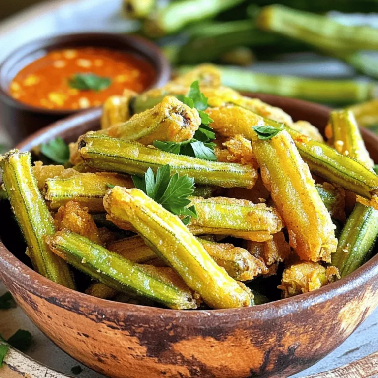 For crispy fried okra, you need fresh okra and buttermilk: - 1 pound fresh okra, sliced into 1/2-inch rounds - 1 cup buttermilk Fresh okra gives that perfect crunch. The buttermilk helps the coating stick well. Soaking the okra in buttermilk adds flavor and moisture. The dry coating creates that golden crunch. Gather these ingredients: - 1 cup cornmeal - 1/2 cup all-purpose flour - 1 teaspoon garlic powder - 1 teaspoon onion powder - 1 teaspoon cayenne pepper (adjust to taste) - Salt and black pepper to taste Mix these well. The cornmeal gives a crispy bite. The flour adds lightness. The spices bring warmth and flavor. You need oil for frying. Choose vegetable oil for the best results. Here’s what you’ll need: - Vegetable oil, for frying Heat about an inch of oil in your pan. The oil must be hot for that perfect fry. Test it with a bit of the cornmeal mix; it should bubble and sizzle. This step ensures that your okra fries evenly and gets that lovely golden color. For the best flavor, don’t forget to sprinkle extra salt after frying! First, take one pound of fresh okra. Slice it into 1/2-inch rounds. Place the sliced okra in a medium bowl. Pour one cup of buttermilk over the okra. Let it soak for 15 to 20 minutes. This soaking helps the coating stick better. While the okra soaks, mix the dry coating. In a separate bowl, combine one cup of cornmeal and 1/2 cup of all-purpose flour. Add one teaspoon of garlic powder, one teaspoon of onion powder, and one teaspoon of cayenne pepper. You can adjust the cayenne pepper to your taste. Add salt and black pepper. Mix these ingredients well until they are all blended. Now, heat about one inch of vegetable oil in a deep skillet or frying pan. Set the heat to medium-high. To test the oil, drop a small spoonful of the cornmeal mixture in. If it bubbles and sizzles, the oil is ready. Take a handful of the soaked okra slices and dredge them in the cornmeal mixture. Make sure each piece is well-coated. Gently shake off any extra coating. Carefully place the coated okra in the hot oil. Do not overcrowd the pan, as this can affect cooking. Fry the okra for about 3 to 5 minutes until they turn golden brown and crispy. Turn them occasionally for even cooking. Using a slotted spoon, transfer the fried okra to a plate lined with paper towels. This helps drain excess oil. While still hot, sprinkle some additional salt to taste. Enjoy your crispy fried okra as a flavorful snack! For the full recipe, check the details above. To get that crispy crunch, follow these steps: - Soak the okra in buttermilk. This helps the batter stick. - Use a mix of cornmeal and flour. This combo gives a great crunch. - Heat the oil to the right temperature. If it’s too cool, the okra will get soggy. - Fry in small batches. This keeps the oil hot and helps them fry evenly. Want to boost the flavor? Here are some ideas: - Add herbs like thyme or oregano to the dry mix. It adds a nice touch. - Customize the spice level. Increase cayenne for more heat or add paprika for smokiness. - Serve with a tangy dip, like ranch or a spicy aioli. The contrast will elevate the dish. Avoid these pitfalls for great fried okra: - Don’t skip soaking. It’s key for a good batter. - Avoid overcrowding the pan. It lowers the oil temperature and makes the okra soggy. - Drain the fried okra on paper towels. This removes excess oil and keeps them crispy. Follow these tips, and you will serve up a plate of crispy fried okra that everyone will love. For the full recipe, check out the details above! {{image_4}} You can make crispy fried okra healthier by baking instead of frying. Use a light spray of oil on the okra before baking. This gives you the crunch without all the fat. Another option is to use whole wheat flour and cornmeal for more fiber. You can also add your favorite spices like paprika or cumin for extra flavor. Different regions have their own ways of using okra. In New Orleans, chefs might add a touch of Cajun seasoning for a spicy kick. In the South, some people mix in grated Parmesan cheese with the coating for a rich taste. You can even try adding chopped herbs like thyme or dill to the mixture for a fresh twist. If you want to try something new, consider air frying the okra. This method uses hot air to create a crispy outer layer without much oil. Simply coat the okra as usual and cook in the air fryer for about 10-15 minutes. You can also grill okra on skewers for a smoky flavor. Just toss the okra in oil and your favorite seasonings, and grill until tender. For the full recipe, check the crispy fried okra section above! To keep your crispy fried okra fresh, store it in an airtight container. Allow the okra to cool after frying. Once cooled, place it in the container. This helps maintain its flavor and crunch. Keep the container in the fridge for up to three days. When reheating, I suggest using an oven or air fryer. This method keeps the okra crispy. Preheat the oven to 350°F (175°C). Spread the okra on a baking sheet. Heat for about 10-15 minutes until warm. If using an air fryer, set it to 350°F (175°C) for 5-7 minutes. You can freeze okra for later use, but it may lose some crunch. To freeze, first let the fried okra cool completely. Then, lay it flat on a baking sheet and place it in the freezer. Once frozen, transfer it to a freezer bag. Use within three months for the best taste. To reheat, use the oven or air fryer as mentioned above. Enjoy your crispy fried okra anytime with these storage tips! For the full recipe, check out the instructions above. Cutting okra for frying is simple. Start by washing the okra well. Then, slice the ends off each pod. Cut the okra into 1/2-inch rounds. This size works best for even frying. Smaller pieces may burn easily, while larger pieces might not cook through. The round shape helps achieve that crispy texture you want in each bite. Yes, you can use frozen okra, but there are some tips. First, thaw the okra completely. Pat it dry with a paper towel to remove excess moisture. This step helps the coating stick better. Note that frozen okra might not be as crisp as fresh. However, it’s still a good option when fresh is not available. You can skip buttermilk and still enjoy tasty fried okra. Use regular milk or a dairy-free alternative instead. If you want a similar tangy flavor, add a splash of vinegar or lemon juice to the milk. Soak the okra in this mixture for about 15 minutes. Then proceed with the coating and frying as you would with buttermilk. This method keeps the okra flavorful and crispy. For the full recipe, check out the earlier sections. This blog post covered how to make delicious fried okra. We started with the right ingredients, including fresh okra and spices. Then, we shared step-by-step instructions on preparing, coating, and frying it. I gave tips to help you get the best texture and flavor. We also explored healthy twists and storage options. With this guide, you can enjoy tasty fried okra easily. Try it out and impress your friends with your cooking!