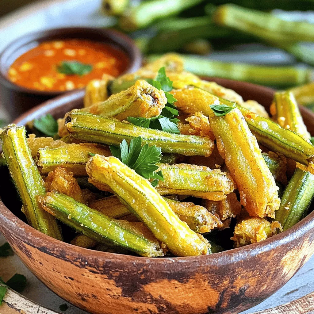 For crispy fried okra, you need fresh okra and buttermilk: - 1 pound fresh okra, sliced into 1/2-inch rounds - 1 cup buttermilk Fresh okra gives that perfect crunch. The buttermilk helps the coating stick well. Soaking the okra in buttermilk adds flavor and moisture. The dry coating creates that golden crunch. Gather these ingredients: - 1 cup cornmeal - 1/2 cup all-purpose flour - 1 teaspoon garlic powder - 1 teaspoon onion powder - 1 teaspoon cayenne pepper (adjust to taste) - Salt and black pepper to taste Mix these well. The cornmeal gives a crispy bite. The flour adds lightness. The spices bring warmth and flavor. You need oil for frying. Choose vegetable oil for the best results. Here’s what you’ll need: - Vegetable oil, for frying Heat about an inch of oil in your pan. The oil must be hot for that perfect fry. Test it with a bit of the cornmeal mix; it should bubble and sizzle. This step ensures that your okra fries evenly and gets that lovely golden color. For the best flavor, don’t forget to sprinkle extra salt after frying! First, take one pound of fresh okra. Slice it into 1/2-inch rounds. Place the sliced okra in a medium bowl. Pour one cup of buttermilk over the okra. Let it soak for 15 to 20 minutes. This soaking helps the coating stick better. While the okra soaks, mix the dry coating. In a separate bowl, combine one cup of cornmeal and 1/2 cup of all-purpose flour. Add one teaspoon of garlic powder, one teaspoon of onion powder, and one teaspoon of cayenne pepper. You can adjust the cayenne pepper to your taste. Add salt and black pepper. Mix these ingredients well until they are all blended. Now, heat about one inch of vegetable oil in a deep skillet or frying pan. Set the heat to medium-high. To test the oil, drop a small spoonful of the cornmeal mixture in. If it bubbles and sizzles, the oil is ready. Take a handful of the soaked okra slices and dredge them in the cornmeal mixture. Make sure each piece is well-coated. Gently shake off any extra coating. Carefully place the coated okra in the hot oil. Do not overcrowd the pan, as this can affect cooking. Fry the okra for about 3 to 5 minutes until they turn golden brown and crispy. Turn them occasionally for even cooking. Using a slotted spoon, transfer the fried okra to a plate lined with paper towels. This helps drain excess oil. While still hot, sprinkle some additional salt to taste. Enjoy your crispy fried okra as a flavorful snack! For the full recipe, check the details above. To get that crispy crunch, follow these steps: - Soak the okra in buttermilk. This helps the batter stick. - Use a mix of cornmeal and flour. This combo gives a great crunch. - Heat the oil to the right temperature. If it’s too cool, the okra will get soggy. - Fry in small batches. This keeps the oil hot and helps them fry evenly. Want to boost the flavor? Here are some ideas: - Add herbs like thyme or oregano to the dry mix. It adds a nice touch. - Customize the spice level. Increase cayenne for more heat or add paprika for smokiness. - Serve with a tangy dip, like ranch or a spicy aioli. The contrast will elevate the dish. Avoid these pitfalls for great fried okra: - Don’t skip soaking. It’s key for a good batter. - Avoid overcrowding the pan. It lowers the oil temperature and makes the okra soggy. - Drain the fried okra on paper towels. This removes excess oil and keeps them crispy. Follow these tips, and you will serve up a plate of crispy fried okra that everyone will love. For the full recipe, check out the details above! {{image_4}} You can make crispy fried okra healthier by baking instead of frying. Use a light spray of oil on the okra before baking. This gives you the crunch without all the fat. Another option is to use whole wheat flour and cornmeal for more fiber. You can also add your favorite spices like paprika or cumin for extra flavor. Different regions have their own ways of using okra. In New Orleans, chefs might add a touch of Cajun seasoning for a spicy kick. In the South, some people mix in grated Parmesan cheese with the coating for a rich taste. You can even try adding chopped herbs like thyme or dill to the mixture for a fresh twist. If you want to try something new, consider air frying the okra. This method uses hot air to create a crispy outer layer without much oil. Simply coat the okra as usual and cook in the air fryer for about 10-15 minutes. You can also grill okra on skewers for a smoky flavor. Just toss the okra in oil and your favorite seasonings, and grill until tender. For the full recipe, check the crispy fried okra section above! To keep your crispy fried okra fresh, store it in an airtight container. Allow the okra to cool after frying. Once cooled, place it in the container. This helps maintain its flavor and crunch. Keep the container in the fridge for up to three days. When reheating, I suggest using an oven or air fryer. This method keeps the okra crispy. Preheat the oven to 350°F (175°C). Spread the okra on a baking sheet. Heat for about 10-15 minutes until warm. If using an air fryer, set it to 350°F (175°C) for 5-7 minutes. You can freeze okra for later use, but it may lose some crunch. To freeze, first let the fried okra cool completely. Then, lay it flat on a baking sheet and place it in the freezer. Once frozen, transfer it to a freezer bag. Use within three months for the best taste. To reheat, use the oven or air fryer as mentioned above. Enjoy your crispy fried okra anytime with these storage tips! For the full recipe, check out the instructions above. Cutting okra for frying is simple. Start by washing the okra well. Then, slice the ends off each pod. Cut the okra into 1/2-inch rounds. This size works best for even frying. Smaller pieces may burn easily, while larger pieces might not cook through. The round shape helps achieve that crispy texture you want in each bite. Yes, you can use frozen okra, but there are some tips. First, thaw the okra completely. Pat it dry with a paper towel to remove excess moisture. This step helps the coating stick better. Note that frozen okra might not be as crisp as fresh. However, it’s still a good option when fresh is not available. You can skip buttermilk and still enjoy tasty fried okra. Use regular milk or a dairy-free alternative instead. If you want a similar tangy flavor, add a splash of vinegar or lemon juice to the milk. Soak the okra in this mixture for about 15 minutes. Then proceed with the coating and frying as you would with buttermilk. This method keeps the okra flavorful and crispy. For the full recipe, check out the earlier sections. This blog post covered how to make delicious fried okra. We started with the right ingredients, including fresh okra and spices. Then, we shared step-by-step instructions on preparing, coating, and frying it. I gave tips to help you get the best texture and flavor. We also explored healthy twists and storage options. With this guide, you can enjoy tasty fried okra easily. Try it out and impress your friends with your cooking!