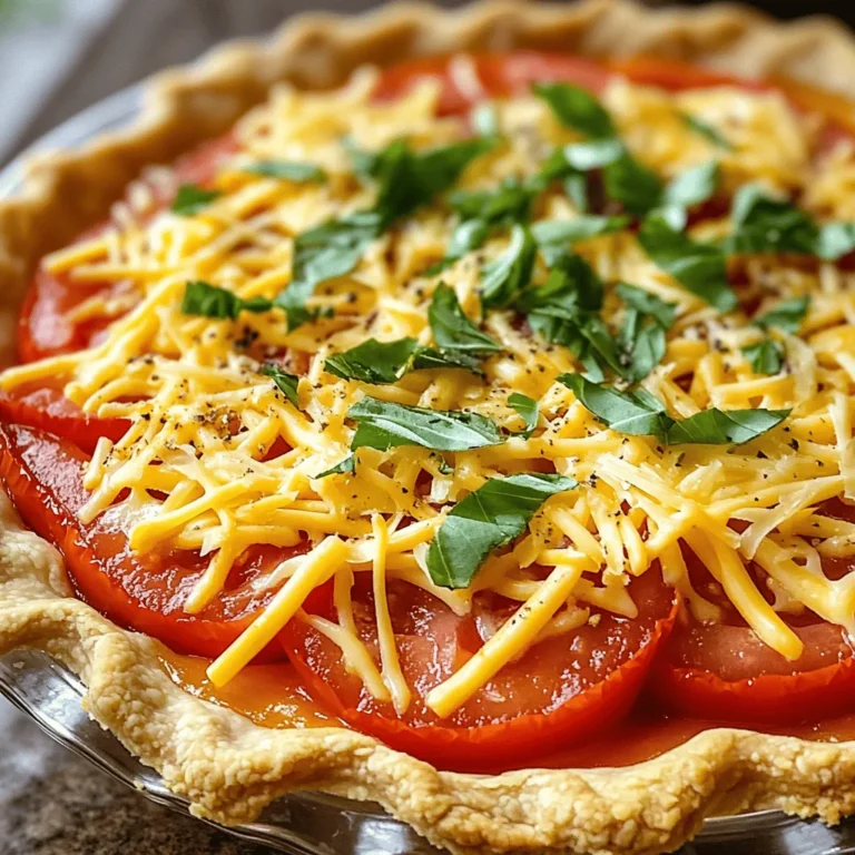 - 4 ripe tomatoes, thinly sliced - 1 teaspoon salt - 1 cup mayonnaise - 1 cup shredded sharp cheddar cheese - 1 cup shredded mozzarella cheese - 1 teaspoon garlic powder - 1 teaspoon dried basil - 1/2 teaspoon freshly ground black pepper - 1 store-bought pie crust (9-inch) - 1/4 cup fresh basil, finely chopped (for garnish) To start making the Southern Tomato Pie, you need fresh ingredients. Ripe tomatoes are key. They should be juicy and flavorful. Choose tomatoes that are firm but not hard. Salt helps remove water from the tomatoes. This step keeps your pie from being soggy. The mayonnaise gives the pie a creamy texture. It also helps the cheese melt nicely. The cheeses add rich flavors. Sharp cheddar brings a tangy taste. Mozzarella adds a stretchy, gooey quality. Garlic powder gives a nice kick, while dried basil adds a hint of earthiness. Black pepper rounds out the flavor. You can find a store-bought pie crust at your local grocery store. It saves time and effort. Finally, fresh basil is perfect for garnish. It adds color and a burst of flavor right before serving. This combination of ingredients makes a delightful dish. You can find the Full Recipe to guide you through the steps! - Preheat the oven to 400°F (200°C). - Slice the tomatoes and let them drain for moisture removal. - Prepare the cheese mixture with mayonnaise and spices. Start by preheating your oven. This step is important for even baking. Next, slice the tomatoes evenly. Sprinkle them with salt. This helps draw out extra moisture. Let the tomato slices sit in a colander for about 15 minutes. This prevents a soggy pie. While the tomatoes drain, make the cheese mixture. In a bowl, mix mayonnaise, cheddar, mozzarella, garlic powder, dried basil, and black pepper. Stir it well until everything blends smoothly. Once the tomatoes are done draining, pat them dry with a paper towel. This extra care helps keep your pie from getting too wet. - Arrange tomato slices in the pie crust. - Add cheese mixture and repeat the layering process. - Finalize with the remaining cheese mixture on top. Now, take your pie crust and place it in a 9-inch pie dish. Arrange half of the tomato slices in the crust, making a nice layer. Then, spoon half of your cheese mixture over the tomatoes. Spread it out evenly. Add the rest of the tomato slices on top, followed by the last bit of the cheese mixture. This creates a tasty, layered effect. - Bake in a preheated oven for 30-35 minutes. - Allow to cool for 10 minutes before serving. Put the pie in the oven and bake it for about 30 to 35 minutes. You want the cheese to be bubbly and golden brown. After baking, take the pie out and let it cool for about 10 minutes. This makes it easier to slice. When you're ready, sprinkle fresh basil on top for a pop of flavor. For the full recipe, check back with the ingredients above. To keep your crust nice and crisp, salting and draining the tomatoes is key. Salt draws out moisture from the tomatoes. It’s important to let them sit in a colander for about 15 minutes. This helps to reduce the water in your pie. After draining, pat the tomato slices dry with a paper towel. Use a delicate touch so you don’t squish them. This step is vital to avoid a soggy crust. Selecting ripe tomatoes makes a big difference in flavor. Look for tomatoes that are firm but slightly soft to the touch. They should smell sweet and fresh. For the cheeses, go for high-quality options. Sharp cheddar adds depth, while mozzarella gives a creamy texture. If you can, buy from local sources. Fresh ingredients always taste better. Southern Tomato Pie pairs well with fresh sides. A simple green salad adds a nice crunch. You could also serve it with roasted vegetables for a heartier meal. When plating, use a colorful dish to make the pie pop. Garnish with fresh basil on top for a beautiful finish. These small touches will make your dish look and taste even better. For the full recipe, check out the details above. Enjoy crafting your Southern Tomato Pie! {{image_4}} You can make your Southern Tomato Pie even better by adding veggies. Spinach and zucchini work great. They add color and nutrition. Chop the spinach finely and slice the zucchini thin. Mix them in with the tomatoes or layer them in the pie. You can even try bell peppers or mushrooms for more flavor. Each veggie brings its own taste, making your pie unique. If you want a twist on the cheese, consider some substitutes. Feta cheese adds a tangy flavor. Goat cheese is creamy and rich. Both options can replace cheddar and mozzarella. Just make sure to crumble or slice them thinly. Mix them into your cheese blend for a new taste. This way, you can enjoy different cheese profiles in your Southern Tomato Pie. Changing the herbs can enhance the flavor of your pie. Instead of just basil, try thyme or oregano. Both herbs add a nice aroma and depth. You can mix and match to find your favorite combo. Fresh herbs give a bright taste, while dried herbs work well too. Don't be afraid to experiment. Each herb brings its own charm to the dish. To store your Southern Tomato Pie, let it cool completely first. Place the pie in the fridge. Use an airtight container or cover it tightly with plastic wrap. Your leftovers can last for about 3 to 4 days in the fridge. When ready to enjoy, just reheat a slice in the oven or microwave. For long-term storage, freezing is a great option. Wrap the pie well in plastic wrap and then in foil. You can also use a freezer-safe container. This method keeps the pie fresh for up to 3 months. When you want to eat it, let it thaw in the fridge overnight. Reheat in the oven at 350°F (175°C) for about 20-25 minutes. This way, you keep the flavor and texture just right. What type of tomatoes are best for this recipe? For Southern Tomato Pie, use ripe, juicy tomatoes. Varieties like beefsteak or heirloom work best. Their flavor shines through and adds sweetness. Can I make the pie ahead of time? Yes, you can prepare the pie ahead. Assemble it and store it in the fridge. Bake it just before serving for the best taste and texture. How can I tell when the pie is done baking? The pie is done when the cheese bubbles and turns golden brown. A light jiggle in the filling is fine. Let it cool a bit before slicing. What can I substitute for mayonnaise? If you want to avoid mayonnaise, try Greek yogurt. It gives the same creaminess and adds some tang. Another option is sour cream for a richer taste. How can I make this recipe gluten-free? To make this pie gluten-free, use a gluten-free pie crust. Many brands offer options that work well. Check the label to ensure it meets your needs. What drinks pair well with Southern Tomato Pie? Southern Tomato Pie pairs nicely with iced tea or a light white wine. Lemonade can also be refreshing alongside this dish. Can I serve it at room temperature or is it best warm? You can serve Southern Tomato Pie warm or at room temperature. However, warm gives the best flavor and melty cheese. Enjoy it whichever way you prefer! Southern Tomato Pie blends ripe tomatoes, rich cheese, and spices. You learned how to prepare, layer, and bake this delightful dish. Tips included preventing sogginess and choosing quality ingredients. Don't forget variations like adding spinach or using different cheeses. Finally, remember to store leftovers properly for later enjoyment. With this knowledge, you can create a perfect Southern Tomato Pie every time. Enjoy making it your own!