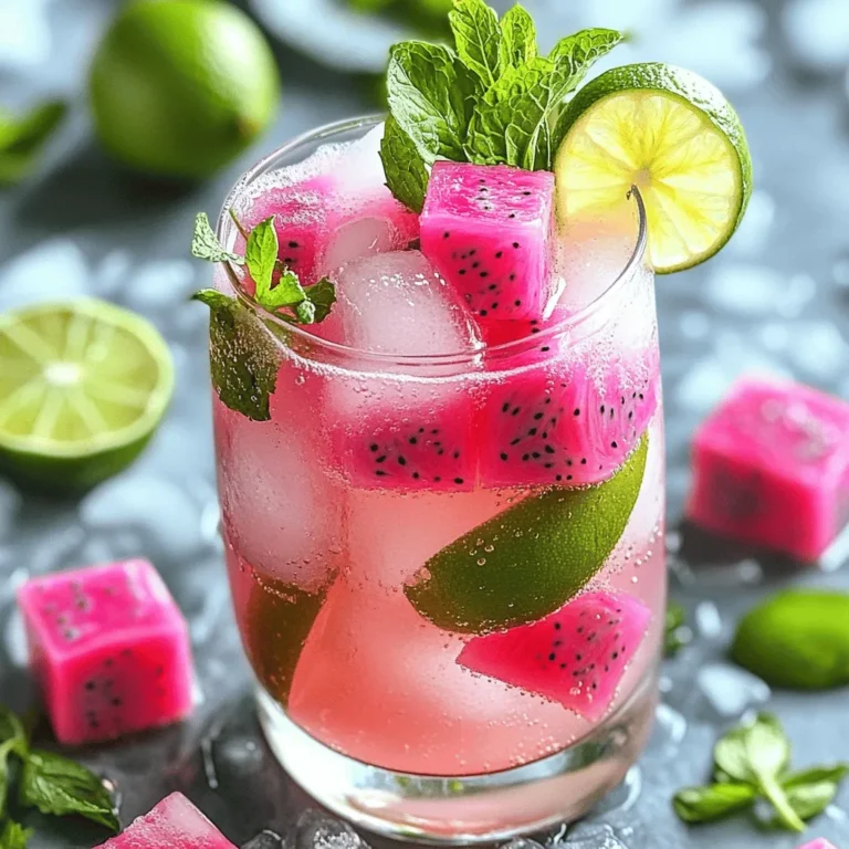 - Ripe dragon fruit - Fresh lime juice - Sparkling water - Agave syrup or honey - Fresh mint leaves - Lime slices - Mixing jug or large glass - Muddler or sturdy spoon - Ice cubes Fresh ingredients make your Dragon Fruit Lime Spritzer shine. Use a ripe dragon fruit. Look for bright pink skin and a slight give when you press it. The flesh should be soft and sweet. Fresh lime juice adds bright flavor. Squeeze your limes just before using for the best taste. Sparkling water gives the drink its refreshing fizz. You can use plain or flavored sparkling water. If you like a sweeter drink, consider adding agave syrup or honey. Fresh mint leaves and lime slices are great for garnish and add extra flavor. You can prepare the spritzer in a mixing jug or large glass. A muddler or sturdy spoon helps mix the fruits and juices well. Ice cubes keep your drink chilly and enjoyable. Slicing the fruit To start, grab your ripe dragon fruit. Place it on a cutting board. Carefully slice it in half lengthwise. You’ll see the bright pink skin and white flesh inside. Scooping and dicing Using a spoon, scoop out the flesh. It should come out easily. Next, cut the flesh into small cubes. Aim for even pieces to mix well later. Combining dragon fruit, lime juice, and sweetener In a mixing jug, add the diced dragon fruit. Pour in two tablespoons of fresh lime juice. Now, add one tablespoon of agave syrup for sweetness. Muddling the mixture Take a muddler or a sturdy spoon. Gently mash the mixture. This helps to release the juicy flavors from the fruit. Mix until it looks like a colorful blend. Adding ice cubes Fill a glass halfway with ice cubes. This will keep your drink cold and refreshing. Pouring in sparkling water Slowly pour one cup of sparkling water over the ice and fruit blend. Be careful to preserve those lovely bubbles. Stirring gently With a spoon, stir the mixture gently. This helps combine all the ingredients without losing fizz. You can find the complete process in the Full Recipe. Enjoy your homemade Dragon Fruit Lime Spritzer! To make your Dragon Fruit Lime Spritzer truly shine, you can adjust the sweetness. If you prefer it sweeter, add more agave syrup or honey. Start with one tablespoon and taste as you go. This way, you control the sweetness level. Next, enhance the lime flavor. Use fresh lime juice for the best taste. If you want a stronger lime kick, add a bit more juice. This extra tang makes the drink bright and refreshing. Garnishing adds a fun touch. Fresh mint leaves bring a nice pop of color and aroma. Place a few leaves on top of your drink. It looks great and smells amazing! Using creative glassware can also elevate your spritzer. Choose glasses that are tall and clear. This way, you can show off the beautiful pink color of the dragon fruit. You can even use mason jars for a casual vibe. You can prepare components in advance for easy serving. Dice the dragon fruit a few hours before. Keep it in the fridge to stay fresh. For the best taste, mix the lime juice and sweetener right before serving. This keeps the flavors bright. Add the sparkling water just before you serve, to keep it fizzy. {{image_4}} You can make your Dragon Fruit Lime Spritzer even more fun by adding other fruits. Try mango, pineapple, or kiwi. These fruits bring extra flavor and color. You can also mix berries for a tart twist. Just remember to choose fruits that complement dragon fruit's mild taste. Experimenting with flavors is part of the fun! If you want to switch things up, try different sweeteners. Maple syrup or coconut sugar can add unique flavors. For a sugar-free option, use stevia or monk fruit. Adjust the amount based on your taste. Always remember to blend in the sweetener well, so it mixes evenly throughout your drink. You can easily turn your spritzer into a cocktail. Add a splash of rum or vodka for a fun twist. If you prefer a mocktail, keep it as is. Both versions are refreshing and perfect for summer. Enjoy them at your next gathering or just for a cozy night in. To keep your Dragon Fruit Lime Spritzer fresh, refrigerate any leftovers. Pour the spritzer into a sealed container. This helps keep the bubbles and flavors intact. For best results, consume within two days. Store prepared ingredients separately. Keep diced dragon fruit and lime juice in airtight containers. This way, they stay fresh longer. You can mix them just before serving for the best flavor. How long can it stay fresh? The spritzer is best enjoyed within two days. After this, the sparkling water may lose its fizz. Signs of spoilage include off-smells or changes in color. If you notice these signs, it’s best to discard the drink. Trust your senses; they guide you well in the kitchen. What can you do with any leftover mixture? You can pour it over yogurt or mix into smoothies. It adds a fun twist and flavor. Another idea is to use it in salad dressings. Blend the leftover spritzer with olive oil and a touch of vinegar for a zesty dressing. Get creative and enjoy your spritzer in new ways! Dragon fruit, also called pitaya, is a striking fruit. It has bright pink skin and green scales. Inside, the flesh is white or red with tiny black seeds. The taste is mildly sweet, like a mix of kiwi and pear. The texture is soft and slightly crunchy due to the seeds. This unique flavor makes it a great addition to drinks and desserts. Yes, you can use bottled lime juice. However, fresh lime juice gives a brighter taste. Bottled juice often contains preservatives that can dull the flavor. Fresh juice has a lively zing that enhances the spritzer. If you want the best taste, go for fresh limes whenever possible. To keep your spritzer fizzy, pour the sparkling water slowly. Try not to stir too much. Stirring can break the bubbles. You can also chill your sparkling water before mixing. This helps preserve the carbonation. Finally, serve the drink immediately after making it for the best fizz. This blog post covered making a refreshing dragon fruit spritzer. We explored key ingredients, equipment, and step-by-step instructions to bring your drink to life. I shared tips for flavor, presentation, and storage. You can even try fun variations! A dragon fruit spritzer is a healthy, exciting drink for any occasion. With these easy steps, you can impress your friends and enjoy a tasty treat. Now grab your ingredients and get mixing!