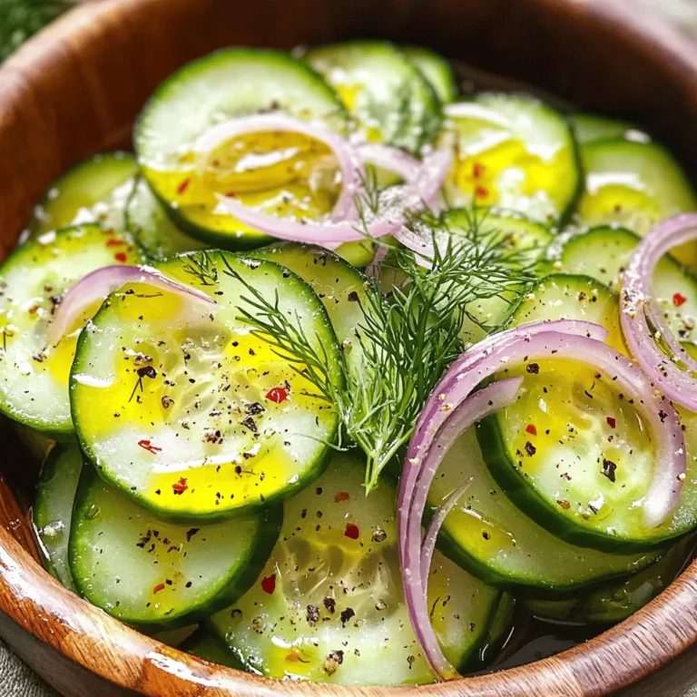 - 2 large cucumbers, peeled and thinly sliced - 1 medium red onion, thinly sliced - 1/4 cup apple cider vinegar - 2 tablespoons honey - 1 tablespoon olive oil - 1 teaspoon salt - 1/2 teaspoon freshly ground black pepper - 1/4 teaspoon red pepper flakes (optional, for a hint of heat) - Fresh dill or chopped parsley for garnish Cucumbers are refreshing and hydrating. They contain vitamins A and K. Red onions add a sweet and mild flavor. They also have antioxidants that may help reduce inflammation. Apple cider vinegar provides a tangy taste. It may help with digestion. Honey adds sweetness and balances flavors. Olive oil not only adds richness but is also heart-healthy. Salt enhances all the flavors, while black pepper adds a slight kick. Fresh herbs like dill or parsley brighten up the dish. If you can’t find red onions, try using white or yellow onions. Both will work well. You can swap apple cider vinegar with white wine vinegar for a different taste. If you prefer, maple syrup can replace honey for a vegan option. For a lighter touch, use lemon juice instead of vinegar. If you want a different herb, mint or basil can add a unique flavor twist. For those who dislike spice, leave out the red pepper flakes altogether. You can find the full recipe above for a detailed guide on making this crisp salad! To make a fresh cucumber and onion salad, start with two large cucumbers. Peel them and slice them thinly. Use a sharp knife or a mandolin slicer for even slices. Next, take one medium red onion and slice it thinly as well. Add both slices to a large mixing bowl. In a small bowl, whisk together 1/4 cup of apple cider vinegar and 2 tablespoons of honey. Add 1 tablespoon of olive oil, 1 teaspoon of salt, 1/2 teaspoon of freshly ground black pepper, and 1/4 teaspoon of red pepper flakes if you like some heat. Mix until the honey is dissolved. Drizzle this dressing over the cucumbers and onions. Toss everything gently with two big spoons or salad tongs. Cover the bowl and place it in the fridge for at least 30 minutes. This helps the flavors meld together. When you are ready to serve, toss the salad again. Taste it, and adjust the seasoning if needed. Finally, add fresh dill or chopped parsley on top for garnish. To slice cucumbers and onions well, aim for thin and even pieces. This helps them blend in the salad. Use a mandolin slicer if you have one; it gives uniform slices. If you use a knife, keep your fingers tucked in. This helps prevent cuts. Chill your knife in the fridge before slicing. This can keep your vegetables crisper. Mixing the salad well is key to great flavor. Use two large spoons or salad tongs to toss the ingredients. Be gentle to avoid crushing the vegetables. Make sure every slice gets coated in dressing. Let the salad sit in the fridge for at least 30 minutes. This allows the flavors to soak in. Before serving, always taste and adjust the seasoning. This ensures the salad is just right for you. For a fun twist, consider adding other fresh herbs like basil or cilantro! To boost the taste of your Cucumber and Onion Salad, think about adding fresh herbs. Chopped dill or parsley brings a bright flavor. You can also add a squeeze of lemon juice for zest. If you like heat, try adding a pinch of cayenne pepper. This will give your salad a nice kick. Always taste as you go. Adjust the flavors to fit your own liking. For the best dressing, whisk the ingredients well. Mix the vinegar, honey, and olive oil until smooth. The honey needs to dissolve fully. If the dressing is too thick, add a little water or more vinegar. This will help it coat the veggies better. You want a nice balance between tangy and sweet. One common mistake is not letting the salad chill. Allowing it to sit in the fridge helps the flavors blend. Another mistake is cutting the cucumbers too thick. Thin slices absorb the dressing well. Lastly, don’t forget to taste your salad before serving. Adjust the salt and pepper to make it just right. Remember, the key is to keep it fresh and crisp. For a full recipe, check out the Crisp Cucumber & Sweet Onion Delight. {{image_4}} You can make this salad even better by adding other veggies. Try bell peppers for crunch. You can also add tomatoes for a sweet touch. Radishes bring a nice bite and color. Grated carrots can add a fun twist. Mix and match to find your favorite blend! While I love the apple cider vinegar dressing, you can switch it up. Try a creamy dressing like ranch or yogurt. Lemon juice can add a fresh zing. You can also use balsamic vinegar for a sweeter flavor. Experiment with herbs like basil or cilantro to change the taste. Seasonal ingredients can make your salad shine. In summer, add fresh herbs like mint or basil. In fall, sliced apples can give a sweet crunch. Winter might call for roasted veggies like squash. Use what’s fresh at the market to keep it exciting! For the complete recipe, check out the [Full Recipe]. To keep your cucumber and onion salad fresh, store it in an airtight container. This helps keep the crispness intact. Make sure to place the salad in the fridge. The cold temperature slows down spoilage. If you have a lot of salad left, divide it into smaller containers. When stored properly, this salad lasts about 3 to 5 days in the fridge. To maintain freshness, avoid adding dressing until you are ready to eat. The vinegar can cause the cucumbers to become soggy over time. If you notice any signs of wilting or change in color, it’s best to discard the salad. I do not recommend freezing cucumber and onion salad. The freezing process makes cucumbers watery and soft, ruining their crunch. If you want to use cucumbers later, consider pickling them instead. Pickled cucumbers can last for months and taste great in many dishes. For fresh enjoyment, stick to the fridge for this salad. You can find the Full Recipe to enjoy this dish fresh. For this salad, I recommend using English cucumbers. They are long, thin, and have fewer seeds. Their skin is also tender, which means no peeling is needed. If English cucumbers are not available, you can use Persian cucumbers. They are small and sweet, making them a great choice too. Yes, you can make this salad ahead of time. In fact, chilling it for a few hours helps the flavors blend. I suggest preparing it up to a day in advance. Just remember to toss it again before serving to mix the dressing well. To add some heat, you can increase the red pepper flakes in the dressing. You can also add sliced jalapeños or a dash of hot sauce for an extra kick. Start with a small amount and taste as you go to find the right spice level for you. This salad pairs well with grilled meats like chicken or fish. It also makes a great side for sandwiches and wraps. For a light meal, serve it alongside quinoa or rice. The fresh flavors complement many dishes beautifully. If you want to explore more, check out the Full Recipe for ideas on how to enhance your meal. Cucumber and Onion Salad is fresh and easy to make. You learned the best ingredients, helpful tips for slicing and mixing, and ways to enhance flavor. I shared options for variations, storage, and common mistakes to avoid. In the end, this salad is great any time of year. Enjoying it can brighten any meal. Keep experimenting and find what flavors you love best!