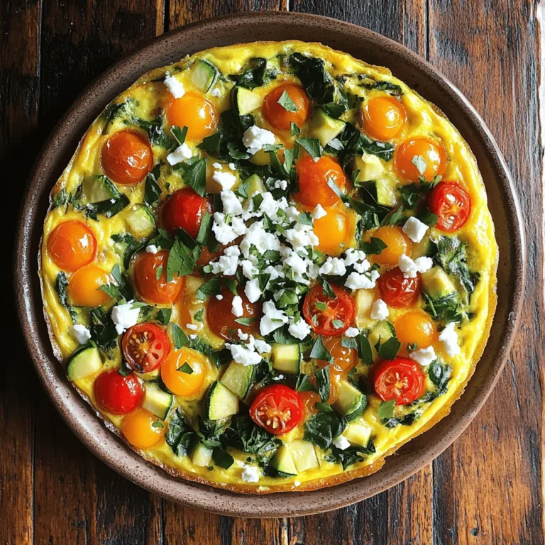 - 6 large eggs - 1/4 cup milk (your choice: dairy or plant-based) - 1 cup fresh spinach, roughly chopped - 1/2 bell pepper (any vibrant color you prefer), diced - 1 small zucchini, diced into bite-sized pieces - 1/2 cup cherry tomatoes, halved - 1/4 cup red onion, finely minced - 1/2 cup feta cheese, crumbled into small pieces - 2 tablespoons extra virgin olive oil - 1 teaspoon garlic powder - Sea salt and freshly ground black pepper to taste - Fresh herbs (such as parsley or basil) for a vibrant garnish - Eggs: Great source of protein and vitamins. They help keep you full. - Milk: Adds creaminess and calcium. Choose dairy or plant-based options. - Spinach: Packed with iron and vitamins A and C. It boosts your immune system. - Bell Pepper: High in vitamin C and antioxidants. They add color and crunch. - Zucchini: Low in calories and high in water. It keeps the frittata moist. - Cherry Tomatoes: Full of vitamins and taste. They add sweetness and brightness. - Red Onion: Contains antioxidants and adds sharp flavor. They complement the veggies. - Feta Cheese: Adds creaminess and tang. It's a great source of calcium. - Olive Oil: Heart-healthy fat that enhances flavor. It helps with cooking too. - Garlic Powder: Adds savory flavor easily. It gives a tasty boost to the dish. - Herbs: Fresh herbs add flavor and nutrition. They make the dish pretty and fragrant. - Parsley: Bright green and fresh, parsley lifts the dish. - Basil: Sweet and fragrant, basil pairs well with the veggies. - Chives: Mild onion flavor, chives add a nice touch. - Cilantro: Adds a fresh, citrusy taste that contrasts well with the frittata. - Thyme: Earthy and aromatic, thyme gives depth to the flavor profile. This veggie frittata combines great taste and health. You can find the full recipe above. Start by preheating your oven to 375°F (190°C). This step is key for a well-cooked frittata. While the oven heats, grab a large mixing bowl. In this bowl, whisk together 6 large eggs and 1/4 cup of milk until the mixture is smooth. Add in 1 teaspoon of garlic powder, sea salt, and black pepper to taste. Mix gently to combine. This will give the frittata a great flavor base. Next, take a non-stick or well-seasoned oven-safe skillet. Heat 2 tablespoons of extra virgin olive oil over medium heat. Once it's hot, add 1/4 cup of minced red onion and 1/2 diced bell pepper. Sauté these for about 3 minutes. You want them to soften and smell great. Then, introduce 1 small diced zucchini and 1 cup of chopped spinach to the skillet. Cook for another 2-3 minutes. The spinach should wilt, and the zucchini should become tender. Now, it's time to combine everything! Carefully pour your egg mixture over the sautéed veggies. Ensure the veggies spread out evenly. Next, scatter 1/2 cup of halved cherry tomatoes and 1/2 cup of crumbled feta cheese on top. This adds color and flavor. Let the frittata cook on the stovetop for 2-3 minutes, until the edges start to set. Then, transfer the skillet to the oven. Bake for 15-20 minutes. It's done when it puffs up and turns golden. To check, insert a toothpick in the center. If it comes out clean, your frittata is ready! Once done, let it cool for a few minutes before cutting it into wedges. Garnish with fresh herbs for a lovely touch. Enjoy your nutritious veggie frittata, a dish full of flavor and goodness! For a complete guide, refer to the Full Recipe. To get a fluffy frittata, follow a few key steps. First, whisk the eggs and milk well. This creates air bubbles that help the frittata rise. Use a mix of dairy and eggs for creaminess. Cook on medium heat, not too high, so it cooks evenly. When baking, watch closely. The frittata should rise and turn golden. Boost the taste with fresh herbs and spices. Try adding basil, parsley, or chives for freshness. A pinch of smoked paprika or chili flakes can add warmth. To elevate the flavor, sauté vegetables until they are soft. This brings out their natural sweetness. Feta cheese adds a salty kick, but you can swap it for goat cheese if you prefer. Using the right tools makes cooking easier. A non-stick oven-safe skillet works best for frittatas. This prevents sticking and ensures even cooking. A whisk is essential for mixing eggs smoothly. An oven mitt is a must when moving the hot skillet. Finally, a sharp knife helps cut the frittata into perfect wedges. For the full recipe, check out the detailed instructions. {{image_4}} You can easily change the frittata to suit your needs. If you need a dairy-free option, swap the milk with almond or oat milk. For those who avoid eggs, use a mix of chickpea flour and water. This mix mimics eggs well and packs protein. If you want a lower-fat option, use egg whites instead of whole eggs. You can also replace feta with a plant-based cheese. Mix up the flavors by trying global spices. For a Mediterranean twist, add sun-dried tomatoes, olives, and oregano. If you crave something spicy, toss in jalapeños or a pinch of cumin for a Mexican flair. To give it an Asian touch, use soy sauce and add mushrooms or bok choy. These changes make the dish exciting and let you explore new tastes. Use seasonal veggies for the best flavor and freshness. In spring, add asparagus and peas for a bright taste. Summer calls for zucchini and bell peppers, while fall is perfect for sweet potatoes and kale. In winter, use root vegetables like carrots and turnips. These options keep your frittata vibrant and ensure you enjoy what's in season. For the full recipe, refer to the earlier section where I listed all the ingredients and steps. After enjoying the veggie frittata, you may have leftovers. To store them, let the frittata cool down completely. Then, cut it into slices. Place the slices in an airtight container. Make sure to separate layers with parchment paper to prevent sticking. Store it in the fridge for up to three days. This keeps it fresh and tasty for your next meal. When you're ready to enjoy your leftovers, reheating is easy. You can use the microwave or the oven. To microwave, place a slice on a plate. Heat it for about one minute. Check if it's warm enough. If not, heat in additional 15-second bursts. For the oven, preheat it to 350°F (175°C). Place the frittata slice on a baking tray. Heat it for about 10 minutes. This method keeps the frittata crispy. If you want to keep your frittata longer, freezing works well. First, let it cool completely. Then, wrap each slice tightly in plastic wrap. Place the wrapped slices in a freezer-safe bag or container. Remove as much air as possible. Label with the date. You can freeze it for up to three months. When ready to eat, thaw it in the fridge overnight before reheating. This way, you can enjoy a delicious meal anytime! To make a dairy-free frittata, simply swap out the milk for a plant-based milk. Almond milk or oat milk works well. You can also omit the cheese or use a dairy-free cheese. This keeps the dish creamy without dairy. Yes, you can use frozen vegetables! They are quick and easy. Just make sure to thaw and drain them first. This helps avoid excess water in your frittata. Frozen spinach, peas, or mixed veggies are great options. To check if your frittata is done, insert a toothpick into the center. If it comes out clean, it’s ready! The frittata should be puffy and lightly golden on top. This means the eggs have set perfectly. For the full recipe, check the detailed instructions. This blog post covers how to make a great frittata. We discussed the key ingredients and their benefits. You learned about preparation, cooking methods, and tips for the best texture and flavor. We also explored variations and how to store leftovers safely. Try these tips and ideas to enhance your cooking. Enjoy experimenting with ingredients that work for you. A tasty frittata can be a versatile meal for any time. You'll be happy with the results!