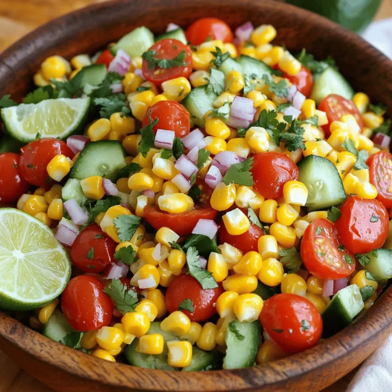 - 4 fresh, sweet corn ears - 1 cup cherry tomatoes - 1 red bell pepper - 1 cucumber - 1/4 cup red onion - 1/4 cup fresh cilantro - Juice of 2 limes - 3 tablespoons extra virgin olive oil - 1 teaspoon ground cumin - Salt and freshly ground black pepper Fresh corn is the star of this salad. Look for corn that feels firm and smells sweet. When you bite into it, you want a nice crunch. Cherry tomatoes add color and sweetness. I love using red bell peppers for their bright taste. Cucumbers bring a cool crunch. The red onion adds a sharp bite that balances the sweet corn. Fresh cilantro gives it a fresh, herbal note. For the dressing, lime juice adds a zesty kick. Extra virgin olive oil keeps it rich and smooth. Ground cumin adds a warm flavor that ties everything together. A sprinkle of salt and pepper enhances all the tastes. This combination creates a salad that bursts with flavor. You can find the full recipe above to guide you through the steps! 1. Bring a large pot of water to a rolling boil. 2. Carefully add the husked corn. Cook for 4 to 5 minutes. The kernels should be tender and bright. 3. Remove the corn and let it cool on a cutting board. 4. Once cool, use a sharp knife to cut the kernels off the cob. Catch them in a bowl to avoid mess. 1. In a large mixing bowl, combine the corn kernels with cherry tomatoes, red bell pepper, cucumber, and red onion. 2. This mix will create a vibrant salad full of fresh flavors. 3. In a small bowl, whisk together lime juice, olive oil, ground cumin, salt, and black pepper. 4. Mix until the dressing is well combined. 1. Drizzle the dressing over the salad mix. 2. Sprinkle chopped cilantro on top for a burst of flavor. 3. Gently toss everything together until well coated. 4. Taste the salad and adjust seasoning if needed. 5. For the best flavor, let the salad sit for at least 30 minutes before serving. This recipe allows you to enjoy a refreshing and colorful dish perfect for summer. For the complete recipe, check out the Full Recipe. To make the best summer corn salad, start with fresh corn. Look for bright green husks. The husks should feel tight and moist. When you peel back the husk, check for plump kernels. They should be shiny and evenly spaced. Fresh corn tastes sweet and crisp, which enhances your salad. After mixing your salad, allow it to sit for at least 30 minutes. This time lets the flavors meld together. Taste the salad before serving and adjust seasoning based on your preference. You might want to add more lime juice or salt. Each bite should burst with fresh flavor, so don’t skip this step! For a beautiful display, serve the salad in a large wooden salad bowl. This adds a rustic touch that makes it feel special. Garnish with extra cilantro and lime wedges around the bowl. The colors will pop, and it will invite everyone to dig in. A pretty presentation makes the meal more enjoyable! {{image_4}} Grilling corn adds a smoky taste. To grill corn, soak the husked ears in water for 30 minutes. This keeps them moist. Preheat your grill to medium-high. Grill the corn for about 10 minutes, turning often. The kernels should get nice char marks. Once grilled, cut the kernels off the cob and mix them into your salad. For a grilled corn salad twist, add these ingredients: - 1 avocado, diced - 1/2 cup black beans, rinsed - 1/2 cup diced red onion - 1/4 cup fresh lime juice - 1/4 cup chopped cilantro These additions will make your salad even heartier and more flavorful. To mimic the flavors of street corn, use these ingredients: - 1/2 cup crumbled cotija cheese - 1 teaspoon chili powder - 1 tablespoon mayonnaise - 1 tablespoon sour cream Mix these into your salad for a creamy, spicy kick. Top your salad with extra cheese and a sprinkle of chili powder for a beautiful finish. This version brings a fiesta to your table and is perfect for summer gatherings. The Summer Corn Salad lasts up to three days in the fridge. To keep it fresh, store it in an airtight container. This way, the flavors stay bright and crisp. Always place the salad in the coldest part of your fridge, not in the door. Before serving, give it a gentle toss. This will help mix any settled dressing. You can freeze corn salad, but the texture changes. Corn and fresh veggies may lose their crunch. To freeze properly, place the salad in a freezer-safe bag. Remove as much air as possible before sealing. When ready to eat, thaw it in the fridge overnight. After thawing, taste and adjust the seasoning as needed. You can easily make this salad vegan. Simply replace the honey or any sweetener with agave syrup or leave it out. Ensure the olive oil is vegan, which it typically is. You can also add different vegan-friendly toppings, such as avocado or nuts, to enhance flavor and texture. Yes, frozen corn works well in this salad. It saves time and is often sweet. To use frozen corn, first, thaw it completely. You can do this by letting it sit in the fridge overnight or quickly running it under warm water. Drain any excess water before adding it to the salad. Feel free to customize this salad with other ingredients. For protein, consider adding black beans, chickpeas, or diced tofu. You can also add more veggies like zucchini, radishes, or even diced jalapeños for a kick. This flexibility allows you to tailor the salad to your taste! This blog post guides you through creating a fresh corn salad. You learned about selecting the best ingredients, making a vibrant dressing, and mixing it all together. I also shared tips for better flavors, storage, and variations like grilled or Mexican street corn salad. Try this salad for your next meal. It’s fresh, tasty, and easy to make. Enjoy the crisp veggies and bright flavors! Make it your own with fun twists.