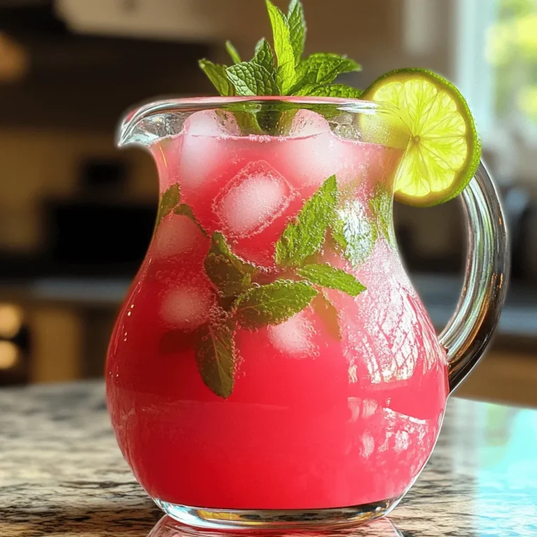 - 4 cups ripe watermelon, peeled and cubed - 1/4 cup fresh mint leaves, loosely packed - 2 tablespoons freshly squeezed lime juice - 2 to 4 tablespoons honey or agave syrup - 2 cups cold water - Ice cubes - Fresh mint sprigs and lime slices for garnish When I make Watermelon Mint Agua Fresca, I always start with ripe watermelon. Look for bright red flesh and a uniform shape. This ensures a sweet and juicy base. I use fresh mint leaves for a cool taste. They add a refreshing twist that pairs perfectly with the watermelon. Lime juice brings a zesty kick. I squeeze fresh limes instead of using bottled juice. This makes a big difference in flavor. Sweetness is key, so I add honey or agave syrup. Adjust the amount to match your taste. You want a balance between sweet and refreshing. I use cold water to dilute the mix. This keeps the drink light and easy to sip. Ice cubes are a must for serving. They keep it chilled and refreshing on hot days. For garnish, I add fresh mint sprigs and lime slices. They make the drink look pretty and inviting. This simple blend of ingredients creates a summer drink that is hard to resist. Check out the Full Recipe for detailed steps to make this delicious drink! To start, cut the watermelon into cubes. I use about 4 cups. Make sure to remove any seeds. Add the watermelon cubes and 1/4 cup of fresh mint leaves into a blender. Blend on high for 30 to 60 seconds. You want it to be smooth, with no chunks left. The mint should mix well with the watermelon. Next, grab a fine sieve or some cheesecloth. This helps to strain the mixture. Pour the blended mix into the sieve over a large pitcher. Use the back of a spoon to push the juice through. This step is key to getting rid of any pulp or seeds. You want a clear, refreshing juice. Now it’s time to add some sweetness. I usually start with 2 tablespoons of honey or agave syrup. Pour this in, along with 2 tablespoons of freshly squeezed lime juice. Stir it well. Make sure the sweetener dissolves completely. You can always add more if you like it sweeter. Slowly add 2 cups of cold water to the pitcher. Stir gently while you pour. After mixing, take a sip. This is your chance to adjust the taste. If it’s too strong, add more water. If you want it sweeter, add more honey or agave. Don’t skip this step! Place the pitcher in the fridge for at least 30 minutes. Chilling helps the flavors blend. It makes the drink even more refreshing. Trust me, it’s worth the wait. When ready to enjoy, grab some glasses and fill them with ice cubes. Pour the chilled Agua Fresca over the ice. For a beautiful finish, garnish each glass with fresh mint sprigs and lime slices. Your friends and family will love the look and taste! For the full recipe, check out the details above. To pick a ripe watermelon, look for a few key signs: - Shape: It should be symmetrical, not lopsided. - Field Spot: Check for a creamy yellow spot. This shows it ripened on the ground. - Sound: Tap the watermelon. A deep sound means it's juicy. - Weight: It should feel heavy for its size, indicating water content. If you want to switch up the sweetness, you have many options. You can try: - Maple Syrup: A tasty alternative that adds a unique flavor. - Coconut Sugar: This gives a hint of caramel and is less processed. - Stevia: A zero-calorie sweetener that works well in drinks. You can easily add fun ingredients to your Agua Fresca. Consider these: - Cucumber: This adds a refreshing taste and extra hydration. - Basil or Thyme: These herbs offer a lovely twist and depth. - Ginger: A small amount can add a spicy kick. Experimenting with these additions keeps the drink exciting. For the full recipe, check out the earlier section. {{image_4}} To make a cucumber mint agua fresca, swap some watermelon for cucumber. Here’s how: - Use 3 cups watermelon, peeled, and cubed. - Add 1 cup cucumber, peeled, and diced. - Follow the same steps in the Full Recipe. This twist adds a fresh crunch. The cucumber lightens the drink and keeps it cool. It’s perfect for hot days. To combine strawberries with the original flavor, simply add fresh strawberries. Here’s the change: - Use 3 cups watermelon, peeled, and cubed. - Add 1 cup strawberries, hulled and sliced. - Blend them with the mint leaves as in the Full Recipe. This fruity mix gives a sweet and tangy taste. It brightens the drink, making it even more refreshing. For a fizzy drink, use sparkling water instead of regular water. Here’s the modification: - Blend the watermelon and mint as in the Full Recipe. - After sweetening, add 2 cups of chilled sparkling water. This bubbly version adds a fun twist. It makes the drink lively and fun for gatherings. Enjoy the extra bubbles! To keep your Watermelon Mint Agua Fresca fresh, place it in a sealed pitcher. This helps prevent it from absorbing other smells in your fridge. Always store it in the coldest part of the fridge, not the door. It’s best to enjoy it within three days for the best flavor. For the best taste, drink your Agua Fresca within 24 hours. After that, it may lose some flavor and freshness. If you keep it in the fridge, it can last up to three days. However, try to finish it sooner for the best experience. If you want to freeze Agua Fresca, pour it into ice cube trays. This lets you use just the right amount later. When you’re ready to drink, thaw the cubes in the fridge or at room temperature. Avoid using a microwave, as it can change the flavor. Enjoy your frozen treat as a refreshing summer drink! Agua Fresca means "fresh water" in Spanish. This drink comes from Mexico. It mixes water with fruits, herbs, and sugar. People enjoy it for its cool taste. You can find many types, like hibiscus or tamarind. Watermelon Mint Agua Fresca is a favorite for summer. It’s light, sweet, and hydrating. Yes, you can use watermelon juice. Look for 100% juice with no added sugar. This makes the drink faster to prepare. Just skip the blending step. Pour the juice into a pitcher, add mint, lime, and sweetener. Stir well and enjoy your refreshing drink! Watermelon Mint Agua Fresca lasts for about three days in the fridge. Store it in a sealed pitcher to keep it fresh. Give it a gentle stir before serving again. If it separates, that’s normal. Just mix well, and it will be ready to enjoy! Agua Fresca is a healthy choice. It’s low in calories and hydrating. Watermelon is rich in vitamins A and C. Mint adds fresh flavor without calories. Using honey or agave adds some natural sweetness. This drink is a great alternative to soda or sugary drinks. Enjoy it guilt-free! This blog post explored how to make a refreshing Watermelon Mint Agua Fresca. We listed the fun ingredients and shared easy step-by-step instructions. I shared tips for choosing ripe watermelon and adjusting sweetness. You can also try variations like Cucumber Mint or Strawberry Watermelon. Remember, storing your Agua Fresca is key to keeping it fresh. Enjoy this tasty drink, and feel free to make it your own with the tips provided. Cheers to a cool, homemade treat!